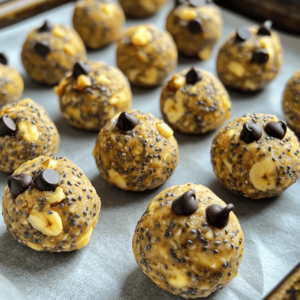 - Ripe banana - Rolled oats - Chia seeds - Almond butter or peanut butter - Honey or maple syrup - Vanilla extract - Ground cinnamon - Pinch of salt - Dark chocolate chips (optional) - Chopped walnuts (optional) These ingredients come together to create a tasty energy bite. Each one plays a key role. The ripe banana adds natural sweetness and moisture. Rolled oats give a hearty texture. Chia seeds boost nutrition with fiber and protein. You can use almond butter or peanut butter based on your taste. Honey or maple syrup acts as a sweetener. Vanilla extract enhances the flavor while ground cinnamon adds warmth. A pinch of salt balances all the flavors. Optional dark chocolate chips can make it more indulgent. Chopped walnuts add crunch and healthy fats. This combination makes each bite both tasty and nutritious. For the full recipe, you can check the details above. - Calories per serving: About 80 calories per bite. - Nutritional benefits: Chia seeds are full of omega-3 fatty acids. They help with heart health. Bananas provide potassium and vitamins. They also offer quick energy. - Energy-boosting properties: These bites give a quick boost. They are ideal for snacks or pre-workout fuel. - High in fiber and protein: Fiber keeps you full longer. Protein helps with muscle repair. - Antioxidants from dark chocolate: Dark chocolate has many health benefits. It can improve heart health and mood. 1. Mixing the wet ingredients Start by mashing 1 ripe banana in a large bowl. Then, add 1/4 cup of almond butter and 1/4 cup of honey or maple syrup. Pour in 1 teaspoon of vanilla extract. Mix until it is smooth and well combined. 2. Combining the dry ingredients In the same bowl, add 1 cup of rolled oats, 1/4 cup of chia seeds, 1 teaspoon of ground cinnamon, and a pinch of salt. Stir everything together until all the dry ingredients blend in smoothly. This mix creates a nice texture. 3. Forming the energy bites If you like, fold in 1/4 cup of dark chocolate chips and 1/4 cup of chopped walnuts for extra flavor. Use your hands or a cookie scoop to form small balls, about 1 inch in size. Place them on a baking sheet lined with parchment paper. - Importance of chilling for texture Chilling helps the energy bites firm up. This makes them easier to eat and gives them a nice texture that holds together well. - Recommended chilling time Refrigerate the formed bites for at least 30 minutes. This time allows the flavors to meld and the bites to set properly. - Suggested serving and portion size This recipe makes about 15 bites. I suggest enjoying 2-3 bites per serving. They are great for a quick snack or a boost during the day. - How to enjoy the energy bites You can eat them straight from the fridge or pack them for on-the-go snacks. These bites pair well with a smoothie or a piece of fruit for a balanced treat. For the full recipe, click here. You can make these energy bites your own. First, you can switch out the nut butter. Almond butter is great, but peanut butter works just as well. If you want a nut-free option, try sunflower seed butter. Next, think about adding fun mix-ins. You can toss in pumpkin seeds or sunflower seeds for a nice crunch. Dried fruits like raisins or cranberries add a sweet touch. Just remember to chop them small so they mix in well. To make these bites, you'll need a few basic tools. Start with mixing bowls. They help you combine all your ingredients easily. A baking sheet comes in handy for placing your energy bites. Line it with parchment paper to prevent sticking. Mixing your ingredients well is key for the best texture. When you combine the wet and dry parts, make sure everything is even. This helps the bites hold together. Avoid mushy bites by not adding too much banana or nut butter. Stick to the recipe. If you find your mixture too wet, add a bit more oats. This will help everything bind nicely without turning soggy. For more details on making these Chia Banana Bread Energy Bites, check out the Full Recipe. {{image_2}} You can change up the flavor of your energy bites easily. Here are some fun ideas: - Peanut butter & chocolate: Mix in creamy peanut butter and dark chocolate chips. This combo adds a rich taste. - Coconut & almond: Add shredded coconut and almond butter. This will give a tropical twist that is delightful. - Spiced pumpkin: Stir in pumpkin puree and pumpkin spice. This version is perfect for fall. These energy bites can fit many diets. Here are some options: - Gluten-free alternatives: Use gluten-free oats. This keeps the bites safe for those with gluten issues. - Vegan options: Replace honey with maple syrup. This makes the bites vegan-friendly while still being sweet. Make your energy bites reflect the season. Here are some ideas: - Holiday-themed energy bites: Add nutmeg and cinnamon for a festive flavor. You can also use holiday-shaped molds. - Summer fruit additions: Toss in fresh berries or chopped peaches. This will give a fresh and juicy taste to your bites. For the full recipe, check out the details above. To keep your Chia Banana Bread Energy Bites fresh, use airtight containers. This helps prevent air and moisture from ruining their taste. You can store them in the fridge or freeze them for later. In the fridge, these energy bites stay fresh for up to one week. If you freeze them, they can last for about three months. For the best taste, wrap them individually before freezing. This keeps them from sticking together. To enjoy your bites after freezing, take them out and let them thaw. You can also warm them in the microwave for a few seconds. This makes them soft and tasty again. Chia Banana Bread Energy Bites can last up to one week in the fridge. Store them in an airtight container to keep them fresh. If you want to keep them longer, freeze them. They can last up to three months in the freezer. Just thaw them in the fridge before enjoying. Yes, you can make these bites ahead of time. They are great for meal prep! Prepare a batch on the weekend and have snacks ready for the week. This saves time and helps you stick to healthy eating. Just remember to store them properly in the fridge. If you can't find chia seeds, you can use flaxseeds. They offer similar health benefits. Ground flaxseeds work best for texture. You could also try hemp seeds, but they change the flavor. Each option keeps the energy bites tasty and nutritious while providing good fats. These energy bites are simple to make using just a few key ingredients. Ripe bananas and oats form the base, while chia seeds add fiber and protein. You can customize these bites with different nut butters and mix-ins. Chilling improves their texture, and proper storage keeps them fresh. With many flavor variations, there’s a bite for everyone. Remember, you can make these ahead for snacks anytime. Enjoy them quickly for a tasty energy boost.