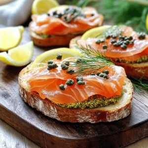 To make the Salmon Tartine with Dill Pickle Mustard, you will need: - 2 slices of crusty sourdough bread - 4 oz smoked salmon - 2 tablespoons cream cheese, softened - 1 tablespoon dill pickle mustard (store-bought or homemade) - 1 tablespoon capers, rinsed - Fresh dill sprigs for garnish - Lemon wedges for serving - Salt and pepper to taste You can enhance your tartine with these tasty toppings: - Sliced radishes for crunch - Avocado for creaminess - Thinly sliced red onion for a bite - A sprinkle of chili flakes for heat Selecting the right ingredients makes a big difference. Here’s how: - Salmon: Look for bright, moist smoked salmon. It should have a clean, fresh scent. Avoid any that smells overly fishy or looks dull. - Bread: Choose a crusty sourdough with a good crust. It should feel firm and not too soft. Look for bread with air pockets inside, as this means it’s fresh and has great texture. These small details can elevate your dish and ensure a tasty result. For the full recipe, check out the provided link. 1. Start with two slices of crusty sourdough bread. 2. Toast them until they turn golden brown and crispy. 3. While the bread toasts, take a small bowl. 4. Add 2 tablespoons of softened cream cheese to the bowl. 5. Then add 1 tablespoon of dill pickle mustard. 6. Mix these together until they are smooth and well combined. 7. Taste the mixture and add a pinch of salt and pepper as needed. 8. Once your bread is toasted, take it out and let it cool slightly. 9. Spread a thick layer of the cream cheese and mustard mix over each slice. 1. Take 4 ounces of smoked salmon and slice it, if needed. 2. Lay the salmon on top of the mustard-spread bread. 3. Arrange the salmon in a nice pattern for a pretty look. 4. Rinse 1 tablespoon of capers under cold water. 5. Sprinkle the capers over the salmon for a burst of flavor. 6. Finish by adding fresh dill sprigs on top for a pop of color. 1. Serve the tartines right away for the best taste. 2. Pair them with lemon wedges on the side. 3. Squeeze the lemon over the tartine for a zesty kick. 4. Consider serving with a light salad or some crisp veggies. 5. A glass of white wine or sparkling water goes well with this dish. For the complete recipe, refer to the Full Recipe. To perfect your salmon tartine with dill pickle mustard, use fresh ingredients. Here are my top tips: - Choose good bread: A crusty sourdough gives the best texture. It holds toppings well. - Spread evenly: Make sure to spread the cream cheese and mustard mix evenly. This helps every bite stay balanced in flavor. - Layer nicely: When placing the smoked salmon, overlap the slices for a nice look. It makes the dish more appealing. Avoid these common pitfalls to get the best results: - Skipping the toast: Don’t skip toasting the bread. It adds crunch and keeps the bread from getting soggy. - Overdoing the mustard: Use just enough dill pickle mustard. Too much can overpower the salmon's flavor. - Using stale ingredients: Always check your salmon and bread for freshness. Old ingredients ruin the tartine. Here are some quick ways to speed up your prep time: - Buy pre-sliced salmon: This saves you minutes and keeps the dish simple. - Prep ahead: Mix the cream cheese and mustard in advance. Store it in the fridge until you’re ready. - Use a toaster oven: If you have one, it quickly toasts your bread while you prepare toppings. For the full recipe, check out the full recipe. Enjoy making this savory delight! {{image_2}} You can play with flavors in your salmon tartine. Try using different mustards, like honey mustard or spicy brown mustard. Each one gives a unique twist. You can also add toppings. Sliced radishes bring crunch, while avocado adds creaminess. For a sweet touch, try thin apple slices. Fresh herbs, such as chives or parsley, can brighten the dish too. Don’t hesitate to mix and match until you find a flavor you love! If you want a vegetarian option, swap the smoked salmon for roasted vegetables. Grilled zucchini or eggplant works great. You can also use hummus or a bean spread instead of cream cheese. For a gluten-free tartine, choose gluten-free bread. There are many tasty options available now. Just make sure to check the label for gluten-free status. Adapt this recipe based on the season. In the summer, top your tartine with fresh tomatoes or cucumbers. They add a refreshing taste. In the fall, consider using roasted squash or pumpkin puree. For winter, try adding sautéed greens like kale or spinach. These changes keep the dish exciting all year long. Explore your local farmers' market to find fresh ingredients. To store leftover salmon tartines, wrap each tartine tightly in plastic wrap. This keeps them fresh and prevents drying out. If you have extra ingredients, like smoked salmon or cream cheese, store them in airtight containers in the fridge. Use them within a few days for the best taste. When reheating, avoid the microwave. It makes the bread soggy. Instead, place the tartines in a toaster oven or regular oven at 350°F (175°C) for about 5 minutes. This keeps the bread crispy while warming the toppings. Check often to avoid overcooking. Smoked salmon lasts about 3 days in the fridge after opening. Cream cheese should also be used within 1 week. Dill pickle mustard can stay fresh for up to a month if stored properly. Always check the labels for specific dates to ensure safety. To make your own dill pickle mustard, you need just a few items. Start with yellow mustard or Dijon mustard as your base. Add finely chopped dill pickles and a bit of pickle juice. Mix these together in a small bowl. For a bit of zest, you can add some garlic powder or a dash of hot sauce. Adjust the taste to your liking. This simple recipe gives your tartine a fresh kick. Yes, you can use fresh salmon instead of smoked salmon. Fresh salmon will give your tartine a different flavor. Make sure to cook the fresh salmon first. You can grill, bake, or pan-sear it. This adds a nice touch to the dish. If you choose fresh, season it well with salt and pepper for the best taste. Each option brings its own unique flavor to the tartine. You can serve your tartine with many sides. A fresh salad with crisp greens pairs well. Consider adding sliced cucumbers or cherry tomatoes for color. You might also serve it with potato chips for crunch. For drinks, a crisp white wine or sparkling water enhances the meal. Each side will bring out the flavors of the salmon tartine. This blog post covered the essential ingredients, tips, and steps to make Salmon Tartine with Dill Pickle Mustard. You learned about required ingredients, optional add-ons, and quality tips for the best flavors. We discussed preparation, assembly, and serving suggestions to impress your guests. You now have expert tips, common mistakes to avoid, and time-saving hacks for quick prep. Lastly, we explored variations, storage info, and answered common questions. With these details, you can craft a delicious tartine at home, delighting your taste buds and those of your friends.