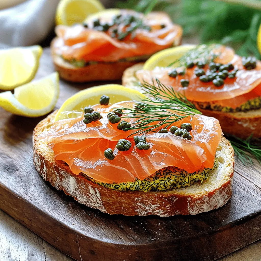 To make the Salmon Tartine with Dill Pickle Mustard, you will need: - 2 slices of crusty sourdough bread - 4 oz smoked salmon - 2 tablespoons cream cheese, softened - 1 tablespoon dill pickle mustard (store-bought or homemade) - 1 tablespoon capers, rinsed - Fresh dill sprigs for garnish - Lemon wedges for serving - Salt and pepper to taste You can enhance your tartine with these tasty toppings: - Sliced radishes for crunch - Avocado for creaminess - Thinly sliced red onion for a bite - A sprinkle of chili flakes for heat Selecting the right ingredients makes a big difference. Here’s how: - Salmon: Look for bright, moist smoked salmon. It should have a clean, fresh scent. Avoid any that smells overly fishy or looks dull. - Bread: Choose a crusty sourdough with a good crust. It should feel firm and not too soft. Look for bread with air pockets inside, as this means it’s fresh and has great texture. These small details can elevate your dish and ensure a tasty result. For the full recipe, check out the provided link. 1. Start with two slices of crusty sourdough bread. 2. Toast them until they turn golden brown and crispy. 3. While the bread toasts, take a small bowl. 4. Add 2 tablespoons of softened cream cheese to the bowl. 5. Then add 1 tablespoon of dill pickle mustard. 6. Mix these together until they are smooth and well combined. 7. Taste the mixture and add a pinch of salt and pepper as needed. 8. Once your bread is toasted, take it out and let it cool slightly. 9. Spread a thick layer of the cream cheese and mustard mix over each slice. 1. Take 4 ounces of smoked salmon and slice it, if needed. 2. Lay the salmon on top of the mustard-spread bread. 3. Arrange the salmon in a nice pattern for a pretty look. 4. Rinse 1 tablespoon of capers under cold water. 5. Sprinkle the capers over the salmon for a burst of flavor. 6. Finish by adding fresh dill sprigs on top for a pop of color. 1. Serve the tartines right away for the best taste. 2. Pair them with lemon wedges on the side. 3. Squeeze the lemon over the tartine for a zesty kick. 4. Consider serving with a light salad or some crisp veggies. 5. A glass of white wine or sparkling water goes well with this dish. For the complete recipe, refer to the Full Recipe. To perfect your salmon tartine with dill pickle mustard, use fresh ingredients. Here are my top tips: - Choose good bread: A crusty sourdough gives the best texture. It holds toppings well. - Spread evenly: Make sure to spread the cream cheese and mustard mix evenly. This helps every bite stay balanced in flavor. - Layer nicely: When placing the smoked salmon, overlap the slices for a nice look. It makes the dish more appealing. Avoid these common pitfalls to get the best results: - Skipping the toast: Don’t skip toasting the bread. It adds crunch and keeps the bread from getting soggy. - Overdoing the mustard: Use just enough dill pickle mustard. Too much can overpower the salmon's flavor. - Using stale ingredients: Always check your salmon and bread for freshness. Old ingredients ruin the tartine. Here are some quick ways to speed up your prep time: - Buy pre-sliced salmon: This saves you minutes and keeps the dish simple. - Prep ahead: Mix the cream cheese and mustard in advance. Store it in the fridge until you’re ready. - Use a toaster oven: If you have one, it quickly toasts your bread while you prepare toppings. For the full recipe, check out the full recipe. Enjoy making this savory delight! {{image_2}} You can play with flavors in your salmon tartine. Try using different mustards, like honey mustard or spicy brown mustard. Each one gives a unique twist. You can also add toppings. Sliced radishes bring crunch, while avocado adds creaminess. For a sweet touch, try thin apple slices. Fresh herbs, such as chives or parsley, can brighten the dish too. Don’t hesitate to mix and match until you find a flavor you love! If you want a vegetarian option, swap the smoked salmon for roasted vegetables. Grilled zucchini or eggplant works great. You can also use hummus or a bean spread instead of cream cheese. For a gluten-free tartine, choose gluten-free bread. There are many tasty options available now. Just make sure to check the label for gluten-free status. Adapt this recipe based on the season. In the summer, top your tartine with fresh tomatoes or cucumbers. They add a refreshing taste. In the fall, consider using roasted squash or pumpkin puree. For winter, try adding sautéed greens like kale or spinach. These changes keep the dish exciting all year long. Explore your local farmers' market to find fresh ingredients. To store leftover salmon tartines, wrap each tartine tightly in plastic wrap. This keeps them fresh and prevents drying out. If you have extra ingredients, like smoked salmon or cream cheese, store them in airtight containers in the fridge. Use them within a few days for the best taste. When reheating, avoid the microwave. It makes the bread soggy. Instead, place the tartines in a toaster oven or regular oven at 350°F (175°C) for about 5 minutes. This keeps the bread crispy while warming the toppings. Check often to avoid overcooking. Smoked salmon lasts about 3 days in the fridge after opening. Cream cheese should also be used within 1 week. Dill pickle mustard can stay fresh for up to a month if stored properly. Always check the labels for specific dates to ensure safety. To make your own dill pickle mustard, you need just a few items. Start with yellow mustard or Dijon mustard as your base. Add finely chopped dill pickles and a bit of pickle juice. Mix these together in a small bowl. For a bit of zest, you can add some garlic powder or a dash of hot sauce. Adjust the taste to your liking. This simple recipe gives your tartine a fresh kick. Yes, you can use fresh salmon instead of smoked salmon. Fresh salmon will give your tartine a different flavor. Make sure to cook the fresh salmon first. You can grill, bake, or pan-sear it. This adds a nice touch to the dish. If you choose fresh, season it well with salt and pepper for the best taste. Each option brings its own unique flavor to the tartine. You can serve your tartine with many sides. A fresh salad with crisp greens pairs well. Consider adding sliced cucumbers or cherry tomatoes for color. You might also serve it with potato chips for crunch. For drinks, a crisp white wine or sparkling water enhances the meal. Each side will bring out the flavors of the salmon tartine. This blog post covered the essential ingredients, tips, and steps to make Salmon Tartine with Dill Pickle Mustard. You learned about required ingredients, optional add-ons, and quality tips for the best flavors. We discussed preparation, assembly, and serving suggestions to impress your guests. You now have expert tips, common mistakes to avoid, and time-saving hacks for quick prep. Lastly, we explored variations, storage info, and answered common questions. With these details, you can craft a delicious tartine at home, delighting your taste buds and those of your friends.