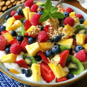 To make a delightful cheesecake fruit salad, you need some simple ingredients. Here is what you need: - 1 cup cream cheese, softened - 1/2 cup Greek yogurt - 1/4 cup powdered sugar - 1 tablespoon vanilla extract - 2 cups mixed berries (strawberries, blueberries, raspberries) - 1 ripe banana, sliced - 1 cup diced pineapple - 1 cup chopped kiwi - 1/4 cup crushed graham crackers (for topping) - Fresh mint leaves for garnish These ingredients come together to create a sweet and creamy dish. The cream cheese gives a rich taste, while Greek yogurt adds a nice tang. Powdered sugar sweetens it perfectly. Vanilla extract makes everything smell amazing. Using fresh fruits keeps the salad bright and colorful. You can mix and match fruits as you like, but I recommend using berries, bananas, pineapples, and kiwis. They bring great flavors and textures. Lastly, crushed graham crackers top the salad, adding that cheesecake crust feel. Fresh mint leaves brighten the dish. They add a pop of color and a hint of freshness. For the full recipe, check the details above. Enjoy making your cheesecake fruit salad! To start, we need to prepare the cream cheese mixture. In a large mixing bowl, beat 1 cup of softened cream cheese with an electric mixer. Mix until it turns smooth and creamy. Next, add 1/2 cup of Greek yogurt, 1/4 cup of powdered sugar, and 1 tablespoon of vanilla extract. Blend these ingredients until they are well combined. Now, let’s move on to chopping and slicing the fruits. Slice 1 ripe banana and chop 1 cup of kiwi. Measure out 2 cups of mixed berries and 1 cup of diced pineapple. It’s important to keep the fruits fresh and colorful. Next, we combine the ingredients. Gently fold the sliced fruits into the cream cheese mixture. Be careful not to mash the berries. Once everything is mixed well, spoon the cheesecake fruit salad into serving bowls. When it comes to plating the cheesecake fruit salad, aim for a colorful display. Use clear bowls to show off the vibrant fruits and creamy mixture. For garnishing tips, sprinkle 1/4 cup of crushed graham crackers on top of each serving. This adds a nice crunch and cheesecake flavor. Finish with fresh mint leaves for a pop of color and aroma. If you want to see the full process, check out the Full Recipe. Enjoy! To create a smooth cheesecake base, start with softened cream cheese. This helps prevent lumps. Use a hand mixer to blend until it’s creamy. Aim for a fluffy texture that is easy to fold into your fruits. If you don’t have Greek yogurt, don’t worry! You can use sour cream or regular yogurt. These options still give you that nice tangy taste. Just make sure they are not too watery. This keeps your mixture thick and creamy. For the best cheesecake fruit salad, choose ripe fruits. Strawberries, blueberries, raspberries, and bananas work wonderfully. Pineapple and kiwi add a sweet twist. Their bright colors make the dish pop! Using seasonal fruits enhances flavor. In summer, berries shine. In winter, consider citrus fruits like oranges or mandarins. They add freshness and zing to the salad. No matter what fruits you choose, make sure they’re fresh. This gives your salad that extra burst of flavor. For the full recipe, check out the details provided earlier. {{image_2}} You can play with flavors in your cheesecake fruit salad. Adding citrus fruits like oranges or lemons brightens the dish. These fruits add a zesty kick and balance the sweet cream. You can also try using flavored yogurts. A strawberry or lemon Greek yogurt adds a fun twist to your mix. Alternative sweeteners are another way to change it up. If you want less sugar, use honey or maple syrup. These natural sweeteners blend well and add their own flavors. You can also try stevia for a low-calorie option. This way, you keep it sweet without the extra sugar. Making this salad dairy-free is easy. You can swap the cream cheese for cashew cream. Blend soaked cashews with a bit of lemon juice for a rich texture. Use coconut yogurt instead of Greek yogurt for a creamy base. This keeps all the flavors while meeting dietary needs. For low-sugar alternatives, use fresh fruits that are naturally sweet. Strawberries and bananas add sweetness without needing much sugar. You can also replace powdered sugar with a sugar-free option. This way, you can enjoy the salad without worrying about sugar intake. For the Full Recipe, check out the complete guide for all the steps and details. To keep your cheesecake fruit salad fresh, you should use airtight containers. Glass or plastic containers both work well. Make sure to seal them tightly to avoid air exposure. Store the salad in the fridge right after you prepare it. The cool temperature helps maintain its flavor and texture. Cheesecake fruit salad lasts about 3 to 5 days in the fridge. After that, it may start to lose its taste and quality. Look for signs that it has gone bad, like a sour smell or a watery texture. If you see any mold, throw it away. Always trust your senses! You can prepare cheesecake fruit salad a day in advance. Just follow these simple tips: - Make the cream cheese mixture first and store it in the fridge. - Chop fruits like bananas right before mixing. This keeps them fresh and bright. - Mix the fruits into the cream cheese mixture just before serving. This prevents sogginess. Preparing ahead makes it easy for parties or family meals. You can swap fruits easily in this recipe. Here are some tasty options: - Use peaches or nectarines for a sweet twist. - Try cherries for a bold flavor. - Apples or pears can add crunch and sweetness. - Grapes are also a great choice if you want bite-sized pieces. Feel free to mix and match based on your taste! Freezing cheesecake fruit salad is not the best idea. The texture changes when you thaw it. Here’s what happens: - Cream cheese can become grainy or watery after freezing. - Fruits may turn mushy and lose their fresh look. If you want to save leftovers, store them in the fridge instead. Enjoy fresh flavors every time! This blog post covered how to make a tasty cheesecake fruit salad. You need simple ingredients like cream cheese, Greek yogurt, and fresh fruit. We also shared step-by-step instructions to mix, chop, and serve it well. Remember to try different fruits and toppings for variety. Store your salad properly for the best taste and freshness. Enjoy creating this easy and tasty dish anytime!