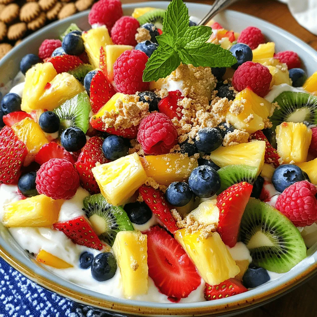 To make a delightful cheesecake fruit salad, you need some simple ingredients. Here is what you need: - 1 cup cream cheese, softened - 1/2 cup Greek yogurt - 1/4 cup powdered sugar - 1 tablespoon vanilla extract - 2 cups mixed berries (strawberries, blueberries, raspberries) - 1 ripe banana, sliced - 1 cup diced pineapple - 1 cup chopped kiwi - 1/4 cup crushed graham crackers (for topping) - Fresh mint leaves for garnish These ingredients come together to create a sweet and creamy dish. The cream cheese gives a rich taste, while Greek yogurt adds a nice tang. Powdered sugar sweetens it perfectly. Vanilla extract makes everything smell amazing. Using fresh fruits keeps the salad bright and colorful. You can mix and match fruits as you like, but I recommend using berries, bananas, pineapples, and kiwis. They bring great flavors and textures. Lastly, crushed graham crackers top the salad, adding that cheesecake crust feel. Fresh mint leaves brighten the dish. They add a pop of color and a hint of freshness. For the full recipe, check the details above. Enjoy making your cheesecake fruit salad! To start, we need to prepare the cream cheese mixture. In a large mixing bowl, beat 1 cup of softened cream cheese with an electric mixer. Mix until it turns smooth and creamy. Next, add 1/2 cup of Greek yogurt, 1/4 cup of powdered sugar, and 1 tablespoon of vanilla extract. Blend these ingredients until they are well combined. Now, let’s move on to chopping and slicing the fruits. Slice 1 ripe banana and chop 1 cup of kiwi. Measure out 2 cups of mixed berries and 1 cup of diced pineapple. It’s important to keep the fruits fresh and colorful. Next, we combine the ingredients. Gently fold the sliced fruits into the cream cheese mixture. Be careful not to mash the berries. Once everything is mixed well, spoon the cheesecake fruit salad into serving bowls. When it comes to plating the cheesecake fruit salad, aim for a colorful display. Use clear bowls to show off the vibrant fruits and creamy mixture. For garnishing tips, sprinkle 1/4 cup of crushed graham crackers on top of each serving. This adds a nice crunch and cheesecake flavor. Finish with fresh mint leaves for a pop of color and aroma. If you want to see the full process, check out the Full Recipe. Enjoy! To create a smooth cheesecake base, start with softened cream cheese. This helps prevent lumps. Use a hand mixer to blend until it’s creamy. Aim for a fluffy texture that is easy to fold into your fruits. If you don’t have Greek yogurt, don’t worry! You can use sour cream or regular yogurt. These options still give you that nice tangy taste. Just make sure they are not too watery. This keeps your mixture thick and creamy. For the best cheesecake fruit salad, choose ripe fruits. Strawberries, blueberries, raspberries, and bananas work wonderfully. Pineapple and kiwi add a sweet twist. Their bright colors make the dish pop! Using seasonal fruits enhances flavor. In summer, berries shine. In winter, consider citrus fruits like oranges or mandarins. They add freshness and zing to the salad. No matter what fruits you choose, make sure they’re fresh. This gives your salad that extra burst of flavor. For the full recipe, check out the details provided earlier. {{image_2}} You can play with flavors in your cheesecake fruit salad. Adding citrus fruits like oranges or lemons brightens the dish. These fruits add a zesty kick and balance the sweet cream. You can also try using flavored yogurts. A strawberry or lemon Greek yogurt adds a fun twist to your mix. Alternative sweeteners are another way to change it up. If you want less sugar, use honey or maple syrup. These natural sweeteners blend well and add their own flavors. You can also try stevia for a low-calorie option. This way, you keep it sweet without the extra sugar. Making this salad dairy-free is easy. You can swap the cream cheese for cashew cream. Blend soaked cashews with a bit of lemon juice for a rich texture. Use coconut yogurt instead of Greek yogurt for a creamy base. This keeps all the flavors while meeting dietary needs. For low-sugar alternatives, use fresh fruits that are naturally sweet. Strawberries and bananas add sweetness without needing much sugar. You can also replace powdered sugar with a sugar-free option. This way, you can enjoy the salad without worrying about sugar intake. For the Full Recipe, check out the complete guide for all the steps and details. To keep your cheesecake fruit salad fresh, you should use airtight containers. Glass or plastic containers both work well. Make sure to seal them tightly to avoid air exposure. Store the salad in the fridge right after you prepare it. The cool temperature helps maintain its flavor and texture. Cheesecake fruit salad lasts about 3 to 5 days in the fridge. After that, it may start to lose its taste and quality. Look for signs that it has gone bad, like a sour smell or a watery texture. If you see any mold, throw it away. Always trust your senses! You can prepare cheesecake fruit salad a day in advance. Just follow these simple tips: - Make the cream cheese mixture first and store it in the fridge. - Chop fruits like bananas right before mixing. This keeps them fresh and bright. - Mix the fruits into the cream cheese mixture just before serving. This prevents sogginess. Preparing ahead makes it easy for parties or family meals. You can swap fruits easily in this recipe. Here are some tasty options: - Use peaches or nectarines for a sweet twist. - Try cherries for a bold flavor. - Apples or pears can add crunch and sweetness. - Grapes are also a great choice if you want bite-sized pieces. Feel free to mix and match based on your taste! Freezing cheesecake fruit salad is not the best idea. The texture changes when you thaw it. Here’s what happens: - Cream cheese can become grainy or watery after freezing. - Fruits may turn mushy and lose their fresh look. If you want to save leftovers, store them in the fridge instead. Enjoy fresh flavors every time! This blog post covered how to make a tasty cheesecake fruit salad. You need simple ingredients like cream cheese, Greek yogurt, and fresh fruit. We also shared step-by-step instructions to mix, chop, and serve it well. Remember to try different fruits and toppings for variety. Store your salad properly for the best taste and freshness. Enjoy creating this easy and tasty dish anytime!