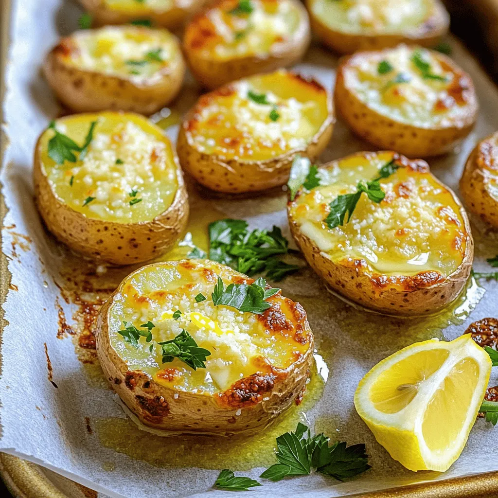 - 2 pounds baby potatoes, halved - 6 cloves garlic, minced - 1/2 cup unsalted butter, melted - 1 cup grated Parmesan cheese The main ingredients make this dish shine. Baby potatoes provide a soft inside with a crispy skin. Garlic brings a rich flavor. Unsalted butter adds creaminess, while Parmesan gives a tasty, cheesy finish. - 2 tablespoons fresh parsley, chopped - 1 teaspoon dried oregano - 1 lemon, zested and juiced You can enhance the flavor with a few optional ingredients. Fresh parsley adds a bright color and taste. Dried oregano gives an earthy touch. Lemon zest and juice brighten the dish and balance the richness. - Baking sheet - Parchment paper - Large mixing bowl Use simple tools for this recipe. A baking sheet helps roast the potatoes evenly. Parchment paper makes for easy cleanup. A large mixing bowl is perfect for tossing all the ingredients together. For the Full Recipe, follow the steps to create these delicious roasted garlic butter Parmesan potatoes. First, preheat your oven to 425°F (220°C). This ensures the potatoes cook evenly. Next, prepare your baking sheet by lining it with parchment paper. This helps with easy cleanup and prevents sticking. In a large bowl, mix the halved baby potatoes with minced garlic, melted butter, dried oregano, lemon zest, lemon juice, salt, and pepper. Toss the mixture well until the potatoes are coated evenly. This is key for flavor. Spread the coated potatoes on the lined baking sheet in a single layer. Make sure the cut sides face down. This will give you a crispy texture. Roast in the oven for about 25-30 minutes. Flip the potatoes halfway through to ensure even cooking. After roasting, remove the potatoes from the oven and sprinkle grated Parmesan cheese on top. Return them to the oven for an extra 5-7 minutes. This allows the cheese to melt and become bubbly. Once done, garnish with fresh parsley for a splash of color and flavor. Enjoy your Roasted Garlic Butter Parmesan Potatoes, a simple treat! For the full recipe, check the details above. To get crispy potatoes, cut them evenly. Halve the baby potatoes so they cook well. Lay them cut-side down on your baking sheet. This helps them brown nicely. For seasoning, use enough salt and pepper. Don't skip the lemon juice; it adds great flavor. Toss the potatoes well to coat each piece. If you want to serve more people, scale the ingredients up. For every extra two people, add one pound of potatoes. Keep the other ingredients in proportion. Watch the cooking time too. Larger amounts may need an extra few minutes. Check for doneness by piercing a potato with a fork. Storing leftover potatoes is easy. Let them cool down first. Place them in an airtight container. They will stay fresh for about three days in the fridge. To reheat, place them in the oven at 350°F (175°C) for 10-15 minutes. This keeps them crispy. You can also use the microwave, but the oven is better for texture. For more details, check the Full Recipe. {{image_2}} You can change up the flavor of your Roasted Garlic Butter Parmesan Potatoes by adding herbs. Try thyme or rosemary for a fresh taste. These herbs blend well with garlic and butter, making your dish pop. You can also use different cheese options. Instead of Parmesan, try aged cheddar or feta. Each cheese adds a unique twist to the flavor. If you want to make this recipe vegan, swap out the butter for dairy-free alternatives. Look for vegan butter that melts well. For the cheese, use plant-based cheese alternatives. Many brands now offer vegan Parmesan that melts nicely and tastes great. This way, you can enjoy tasty potatoes without dairy. You can experiment with different types of potatoes for this dish. Sweet potatoes bring a natural sweetness and vibrant color. Yukon gold potatoes are creamy and buttery, making them a great choice as well. Just adjust the cooking time if you use larger or denser potatoes. Enjoy the variety! A serving of Roasted Garlic Butter Parmesan Potatoes has around 300 calories. This dish serves about four to six people. Each serving contains: - 20 grams of fat - 30 grams of carbohydrates - 6 grams of protein These numbers can vary based on the size of your potatoes and how much cheese you use. Garlic offers many health perks. It helps boost your immune system. Garlic can lower blood pressure and improve heart health. Adding fresh parsley not only brightens the dish but also gives you vitamins A, C, and K. It also helps with digestion. Potatoes are a great source of energy. They provide vitamins like C and B6. Potatoes also contain potassium, which is good for your heart and muscles. When you eat the skin, you get fiber too. This helps keep your digestive system healthy. This recipe is gluten-free and vegetarian, making it a great choice for many diets. If you want a low-carb option, you can use cauliflower instead of potatoes. It will change the flavor, but it will still taste good! Always check your ingredients to make sure they fit your diet. For the full recipe, check out the previous sections. Yes, you can prepare Roasted Garlic Butter Parmesan Potatoes ahead of time. Cook them fully, then cool them down. Store them in an airtight container in the fridge. They will stay fresh for up to three days. When you are ready to eat, just reheat them. This saves time for busy nights. These potatoes pair well with many dishes. You can serve them with grilled chicken, steak, or fish. They also go great with a fresh salad or roasted vegetables. For a fun twist, serve them with a dipping sauce like ranch or garlic aioli. To add some heat, try these easy ideas: - Add red pepper flakes to the seasoning mix. - Toss in chopped jalapeños or serrano peppers. - Use spicy garlic butter instead of regular butter. These options will give your potatoes a nice kick that you will love. Absolutely! You can use many types of potatoes. Yukon Gold, red potatoes, or fingerling potatoes can work well. Each potato type has its own flavor and texture. Just adjust the cooking time if needed, as different potatoes may take longer or shorter to cook. Reheating is simple. The best way is to use an oven. Preheat the oven to 350°F (175°C). Spread the potatoes on a baking sheet. Heat them for about 10-15 minutes, until warm. This method keeps them crispy. You can also use a microwave, but they may get soft. For the best flavor, stick to the oven. For the full recipe, check out the main section. Roasted Garlic Butter Parmesan Potatoes are tasty and easy to make. We covered the main ingredients, steps, and useful tips. You learned how to adjust the recipe and ensure crispy potatoes. Remember, these potatoes are great with different seasonings and can fit many diets. Experiment with your favorite flavors to make this dish your own. Enjoy your cooking, and make it a fun experience!