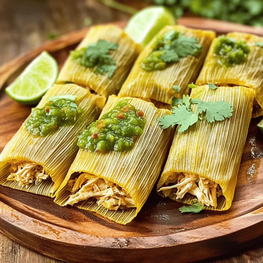 To make great tamales, you need some key ingredients. Here’s what you'll need: - 3 cups masa harina - 1 teaspoon baking powder - 1 teaspoon salt - 1 cup vegetable shortening - 2 cups vegetable broth (or chicken broth) - 2 cups cooked and shredded chicken (or any filling of your choice, such as cheese or beans) - 1 cup salsa verde or red salsa - 24 corn husks, soaked in warm water for 30 minutes These ingredients create a base for your tamales. The masa harina gives the dough its unique taste and texture. The shortening makes it fluffy. Broth adds moisture and flavor, while the filling brings excitement to each bite. You can get creative with your tamales! Here are some optional fillings: - Cheese - Black beans - Roasted vegetables - Pork - Beef - Spicy jalapeños Mix and match these options to fit your taste. You can even try sweet fillings like chocolate or fruit for a fun twist! Serve your tamales with delicious toppings and sides. Here are my favorites: - Salsa (red or green) - Fresh cilantro - Lime wedges - Sour cream - Avocado slices These add fresh flavors that enhance your tamales. Enjoy the fun of mixing flavors, and don’t forget to check the Full Recipe for complete details! Soak the corn husks in warm water for at least 30 minutes. This softens them. Drain the husks and set them aside. You want them pliable and easy to work with. If they dry out, they can crack when folding. In a large bowl, mix the masa harina, baking powder, and salt. In another bowl, beat the vegetable shortening until fluffy. Slowly add the dry mixture and vegetable broth. Mix until you have soft and spreadable dough. The dough should hold together but not be too sticky. This step sets the base for your tamales. Take a soaked corn husk and lay it flat. Spread about 2-3 tablespoons of masa dough in the center. Leave space on the sides and bottom. Add a spoonful of your filling, like shredded chicken or cheese, and a bit of salsa. Now fold the sides of the husk over the filling. Finally, fold the bottom up to enclose everything. Repeat this for all your tamales. Fill a large pot with water but do not let it touch the tamales. Place a steamer basket inside. Stand the tamales upright, open side up. Cover them with a damp cloth to keep moisture in. Steam for 1 to 1.5 hours. Check often to ensure they cook well. When done, the masa should separate easily from the husk. Once your tamales finish steaming, let them rest for 10-15 minutes before serving. This helps them set. Serve them on a platter. Garnish with extra salsa and fresh coriander. Add lime wedges on the side for a zesty twist. Enjoy your homemade Mexican tamales with family and friends! For more detailed steps, check the Full Recipe. To get the best tamale dough, start by mixing masa harina, baking powder, and salt in a bowl. Then, beat the vegetable shortening until fluffy. Slowly add the masa mixture and vegetable broth. Mix until the dough feels soft and spreads easily. If it feels dry, add a little more broth. If it is too wet, add more masa. The perfect dough should hold its shape but still be light. Steaming tamales right makes a big difference. Use a large pot and a steamer basket. Fill the pot with water, but do not let it touch the tamales. Stand the tamales upright in the basket with the open side up. Cover them with a damp cloth. This keeps steam in and helps cook them evenly. Steam for 1 to 1.5 hours. Check the water level often, adding more if needed. Many people make simple mistakes when making tamales. Here are some to watch for: - Too dry or too wet dough: Remember the balance; adjust as needed. - Not soaking the husks long enough: They must be soft to fold easily. - Crowding the steamer: Give tamales space to steam properly. - Not resting after cooking: Let them sit for 10-15 minutes to finish cooking. Avoiding these errors leads to better tamales every time. For a full recipe and more details, refer to the [Full Recipe]. {{image_2}} You can make tasty vegetarian tamales with ease. Start with the masa dough from the recipe. For filling, consider using: - Black beans - Grilled vegetables - Cheese - Spinach - Corn Mix in spices like cumin and chili powder for extra flavor. You can also use a mild salsa or fresh herbs as a topping. If you love meat, you have many options. Chicken is a classic choice, but you can try: - Shredded beef - Pork - Turkey - Chorizo Each meat adds a unique taste. Combine with different salsas to create layers of flavor. Always ensure the meat is cooked and shredded well for easy stuffing. Sweet tamales bring a fun twist. They are great for dessert. Use the same masa dough but add sugar and vanilla extract. Fill them with: - Cinnamon and apples - Chocolate and nuts - Raisins and coconut Serve sweet tamales with a drizzle of cream or a sprinkle of powdered sugar. They are delightful for any meal or a special treat. For more ideas, check out the Full Recipe for a complete guide. To store leftover tamales, let them cool first. Place them in an airtight container. You can keep them in the fridge for up to five days. Be sure to separate layers with parchment paper to avoid sticking. Freezing tamales is easy and great for meal prep. Wrap each tamale tightly in plastic wrap. Place them in a freezer-safe bag or container. They will last up to three months in the freezer. When you're ready to enjoy them, just thaw in the fridge overnight. Reheating tamales can be simple. You can steam them for about 15-20 minutes. Alternatively, you can microwave them. Place a damp paper towel over them to keep moisture in. Heat them for about 1-2 minutes. Enjoy your homemade Mexican tamales just as fresh as when you made them! The best fillings for tamales include shredded chicken, pork, or cheese. You can also use beans, vegetables, or even sweet fillings like chocolate. Each filling brings a unique taste. Experiment with flavors you enjoy. Yes, you can make tamales ahead of time. Prepare them and then store them in the fridge for up to 3 days. You can also freeze them for up to 3 months. Just steam them when you're ready to eat. Steaming tamales takes about 1 to 1.5 hours. Make sure the water does not touch the tamales. They are done when the masa pulls away easily from the husk. Tamales have been made for thousands of years. They are a traditional food in Mexico and symbolize family and community. People often make tamales for celebrations, like holidays and birthdays. To prevent sticking, soak your corn husks well before use. Use enough masa dough to cover the husk. When steaming, keep the tamales upright with the open side facing up. This method helps them cook evenly without sticking. For more details on making these delicious tamales, check out the Full Recipe. Homemade tamales are fun to make and tasty to eat. We covered essential ingredients and the basic steps to create them. You learned about great fillings, toppings, and storage tips. Remember the key tricks to get your dough just right. Keep experimenting with flavors and options to make it your own. Enjoy sharing your delicious tamales with family and friends. Your kitchen will be the heart of joyful gatherings with this dish. Happy tamale-making!