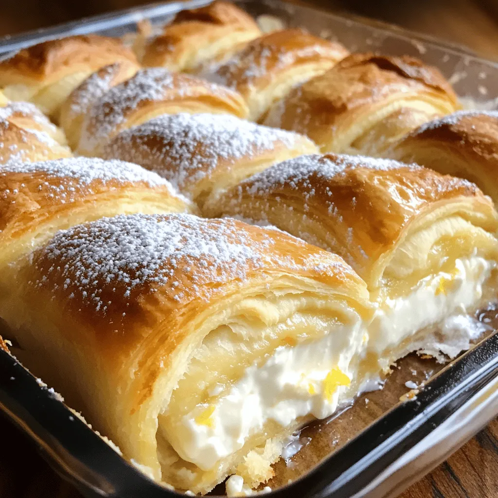 Here are the ingredients you need for Cheesecake Crescent Rolls Casserole: - 2 cans of crescent rolls - 16 oz cream cheese, softened - 1 cup granulated sugar - 1 teaspoon vanilla extract - 3 large eggs - 1 cup sour cream - 1 tablespoon lemon juice - 1/2 teaspoon cinnamon - Powdered sugar for dusting (optional) Using these ingredients, you can create a delightful dessert that everyone will love. The cream cheese gives a rich flavor, while the lemon juice adds a nice zing. The crescent rolls form a soft and flaky base. You can find the Full Recipe for detailed steps on how to make this tasty casserole. Each bite will be creamy and sweet, making it a perfect treat for any occasion! - Preheat oven to 350°F (175°C). - Prepare a greased 9x13-inch baking dish. - In a large bowl, blend 16 oz cream cheese, 1 cup sugar, 1 teaspoon vanilla, and 1 tablespoon lemon juice. - Use an electric mixer until the mix is smooth. - Add 3 large eggs one at a time. Mix well after each egg. - Stir in 1 cup sour cream and 1/2 teaspoon cinnamon. - Open the first can of crescent rolls and unroll in the baking dish. - Pinch seams to seal and cover the bottom. - Pour half of the cheesecake mixture over this layer. - Roll out the second can of crescent rolls and place on top. - Pour the rest of the cheesecake mixture over the second layer. - Bake casserole in the preheated oven for 30-35 minutes. - Look for a golden top that is set. - Allow casserole to cool for 10-15 minutes before serving. - Dust with powdered sugar if you like. For the complete instructions, refer to the Full Recipe. To get the best texture, make sure the cream cheese is soft. Cold cream cheese will clump. Leave it out for an hour before mixing. When you mix the eggs, do not overmix. This keeps the filling light and fluffy. For a fun touch, add fresh fruits like berries or bananas on top. You can also drizzle with chocolate or caramel sauce. You can serve this dish warm or chilled. Each way gives a tasty experience. One common mistake is underbaking the casserole. If it looks too jiggly in the center, it may need more time. Another mistake is letting it deflate. If it cools too fast, it may sink. Always let it cool slowly for the best results. For the complete recipe, check out the Full Recipe. {{image_2}} You can get creative with flavors in your cheesecake casserole. Adding chocolate is a quick way to change the taste. Just mix in chocolate chips or cocoa powder into the filling. If you love fruit, add strawberries or blueberries to the mix. They bring a fresh taste and color! You can also experiment with different extracts. Almond extract gives a nice twist. Just a teaspoon can make a big difference. Want to make it a bit lighter? Use low-fat cream cheese. It gives you the same creamy texture but with fewer calories. If you need a sugar substitute, try using stevia or monk fruit. They can work well without changing the taste too much. For those with gluten issues, look for gluten-free crescent rolls. Many brands offer good options that work just as well. Seasonal fruits or spices can make your casserole special. In the fall, add pumpkin spice for a cozy flavor. In summer, try fresh peaches or cherries. They add a juicy sweetness! For holidays, consider adding crushed peppermint or nutmeg. These flavors can turn your dish into a festive treat that everyone will love. To keep your cheesecake crescent rolls casserole fresh, use airtight containers. Glass or plastic containers work well. Make sure to let the casserole cool before storing. Place it in the fridge. It will stay good for about 3 to 4 days. If you want to keep it longer, consider freezing it. To freeze the casserole, first cool it completely. Then, cut it into portions. Wrap each piece tightly in plastic wrap. Place the wrapped pieces in a freezer bag. This way, you can enjoy them later. When you're ready to eat, move a piece to the fridge a day before. Let it thaw slowly for the best texture. For reheating, the oven gives the best results. Preheat your oven to 350°F (175°C). Place the casserole piece on a baking sheet and cover with foil. Heat for about 15-20 minutes. This keeps it moist. If you're in a hurry, you can use the microwave. Heat on medium for 1-2 minutes. Check if it's warm throughout. Cheesecake Crescent Rolls Casserole stays fresh in the fridge for about 3 to 4 days. Make sure to cover it well. This keeps it from drying out or absorbing other smells in the fridge. Yes, you can make this casserole ahead of time. Prepare it up to the baking step, then cover it and store it in the fridge. Bake it the next day when you are ready to enjoy it. You can use flaxseed meal or applesauce as an egg substitute. For each egg, use 1 tablespoon of flaxseed meal mixed with 2.5 tablespoons of water or 1/4 cup of applesauce. If you don't have sour cream, plain yogurt works great. You can also mix cream cheese with a little milk to get a similar texture and taste. Absolutely! Store-bought crescent rolls are perfect for this recipe. They save time and still give you that flaky, buttery flavor we all love. For the full recipe, check the section above. This blog post covered a fun recipe for Cheesecake Crescent Rolls Casserole. You learned about the ingredients, step-by-step instructions, and helpful tips to make the perfect dish. Experiment with flavors and variations to make it your own. Don’t forget the storage tips to keep leftovers fresh. By following these guidelines, you can enjoy a delicious treat that impresses everyone. Try it out, share it with friends, and enjoy the sweet results!