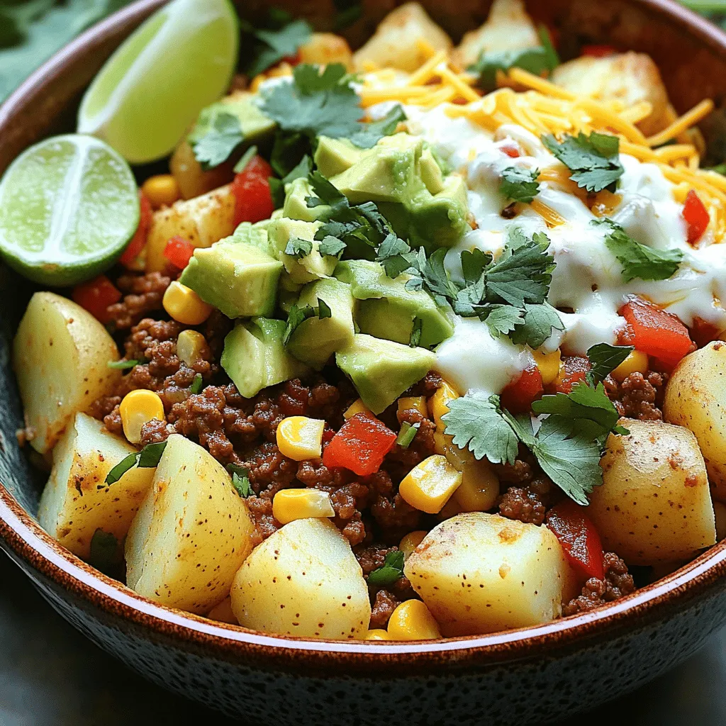 - 1 lb ground beef - 2 medium potatoes, peeled and diced - 1 tablespoon olive oil - 1 small onion, chopped - 2 cloves garlic, minced - 1 tablespoon chili powder - 1 teaspoon cumin - 1 teaspoon paprika - 1 cup beef broth - 1 cup corn (frozen or fresh) - 1 red bell pepper, diced - 1 cup black beans, rinsed and drained - Fresh cilantro, for garnish - Lime wedges, for serving - 1 avocado, diced - Shredded cheese (cheddar or Mexican blend) When I create my Ground Beef and Potato Taco Bowl, I start with key items. The ground beef is a must for its rich flavor. The potatoes add a hearty touch, making the dish filling. Olive oil helps cook the meat and veggies without sticking. Next, I like to include onion and garlic. They bring great aroma and taste. Chili powder, cumin, and paprika add warmth and spice. Beef broth gives the bowl a savory base that ties it all together. For toppings, the options are endless! Corn adds a sweet crunch, while bell peppers give color. Black beans bring protein and a creamy texture. Fresh cilantro brightens the dish, and lime wedges are perfect for squeezing over the top. If I have an avocado, I’ll chop it up for creaminess. A sprinkle of cheese ties everything together. You can find the Full Recipe online, which guides you through making this flavorful delight. - Start by heating olive oil in a skillet over medium heat. - Sauté onion and garlic until the onion becomes translucent, about 3-4 minutes. - Brown the ground beef in the skillet, breaking it apart with a spatula. - Drain any excess fat from the skillet. - Stir in the diced potatoes. Cook for about 5 minutes, stirring occasionally, until they soften. - Add the chili powder, cumin, paprika, salt, and pepper to the beef and potatoes. Mix well. - Pour in the beef broth and bring the mixture to a simmer. - Cover the skillet and let it cook for about 10-15 minutes, or until the potatoes are tender. - Stir in the corn, diced bell pepper, and black beans. Cook for an additional 5 minutes to heat through. This recipe is a savory delight, perfect for any meal. You can find the full recipe [here](#). To brown ground beef well, use a hot skillet. Heat olive oil first, then add the beef. Break it apart with a spatula. Cook until it’s brown all over. This helps lock in flavor. Check if the potatoes are done by piercing them with a fork. They should be soft and easy to poke. If you feel resistance, give them more time. Properly cooked potatoes add great texture to the dish. To add depth, use spices like oregano or cayenne. A pinch of smoked paprika can also enhance the flavor. Experiment with these spices to find your favorite mix. Top your taco bowl with fresh cilantro and diced avocado. These toppings add freshness and creaminess. A drizzle of lime juice brightens up the flavors. You can also use your favorite hot sauce for a spicy kick. Serve your taco bowl in deep plates or colorful bowls. This adds a fun touch to the meal. Layer ingredients carefully. Start with the beef and potatoes at the bottom. Then, add corn, beans, and bell peppers. Finally, top with cheese and avocado. This makes the bowl look appealing and delicious. For a little extra flair, garnish with lime wedges and a sprig of cilantro. Your meal will not only taste good but look great too! For the full recipe, check out the detailed guide above. {{image_2}} You can switch up the ground beef in this taco bowl. Ground turkey or chicken works great. These meats are leaner and still pack a punch in flavor. If you want something meatless, consider using lentils or mushrooms. Lentils add protein and a hearty texture. Mushrooms bring umami and a nice chew. Feel free to play with the ingredients! Different types of beans, like pinto or kidney, can add unique flavors. You can also mix in other vegetables, like zucchini or corn. Want to spice it up? Use smoked paprika or taco seasoning for a twist. This way, you can create a flavor that suits your taste. If you have dietary needs, this dish can adapt. For a gluten-free version, just check your spices. Most are gluten-free, but always read labels. If you’re low-carb, swap the potatoes for cauliflower. Cauliflower rice is a great substitute. It keeps the dish light while still being filling. To store your leftover taco bowl, cool it down first. Transfer it to airtight containers. Glass or plastic containers work well. This keeps the flavors fresh. Make sure to seal them tightly. Your taco bowl can last up to three days in the fridge. For longer-term storage, freezing is a great option. Divide the taco bowl into smaller portions. Use freezer-safe bags or containers. Squeeze out any extra air before sealing. This helps prevent freezer burn. When ready to eat, thaw the bowl in the fridge overnight. Alternatively, you can thaw it in the microwave on low heat. The shelf life of your taco bowl depends on its ingredients. Generally, it stays good for about three days in the fridge. In the freezer, it can last up to three months. Watch for signs of spoilage like off smells or changes in color. If you see any mold, it’s best to throw it away. Always trust your senses to keep your meals safe and tasty. Yes, you can make this taco bowl ahead. It’s great for meal prep! To store, let it cool completely. Then, place it in an airtight container. You can keep it in the fridge for about 3 to 4 days. For longer storage, freeze it. Use a freezer-safe container and it will stay good for up to 3 months. When you are ready to eat, just thaw it in the fridge overnight. This makes your meal quick and easy. Reheating is simple. You have a few options. You can use the microwave, stovetop, or oven. For the microwave, place a portion in a bowl and cover it. Heat for 1 to 2 minutes, stirring halfway through. This keeps the meat and potatoes moist. If you choose the stovetop, add a splash of water in a pan. Heat on low, stirring often until warm. The oven method is great for larger portions. Preheat it to 350°F (175°C), cover the dish with foil, and heat for about 20 minutes. There are many great side dishes to serve with your taco bowl. Fresh guacamole adds creaminess. You can also serve tortilla chips for crunch. A simple green salad with lime dressing pairs well too. If you want more flavor, try some salsa or hot sauce. For drinks, a light Mexican beer or refreshing lemonade works nicely. These sides will make your meal even more enjoyable! This blog post showed you how to make a tasty Ground Beef and Potato Taco Bowl. We covered the main and additional ingredients, as well as optional toppings for extra flavor. I shared step-by-step instructions, helpful tips, and variations to suit different diets. Make this dish your own with fun toppings and spice choices. Enjoy every bite, and remember, meal prep can save you time. Happy cooking!