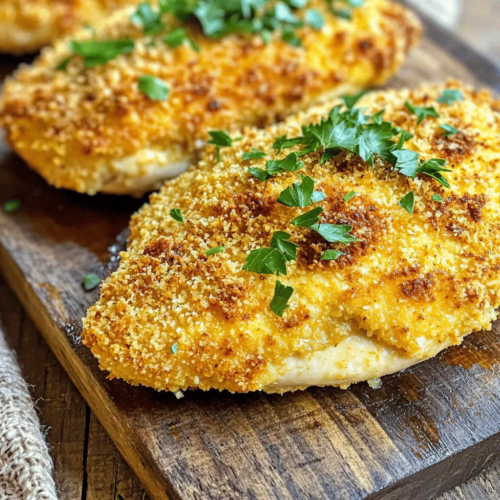 - 2 boneless, skinless chicken breasts - 1 cup grated Parmesan cheese - 1 cup breadcrumbs (preferably panko for extra crunch) - 2 teaspoons garlic powder - 1 teaspoon Italian seasoning - 1/2 teaspoon paprika - Salt and pepper to taste - 2 large eggs - 1 tablespoon olive oil - Fresh parsley, chopped (for garnish) Gather these ingredients before you start cooking. Fresh chicken and quality cheese make a big difference. The panko breadcrumbs add a crisp layer that makes this dish special. Garlic powder and Italian seasoning bring great flavor. Using salt and pepper to taste helps you control the seasoning. The eggs and olive oil help the coating stick well to the chicken. Don’t forget the parsley to add a fresh touch at the end. For the full recipe, check the step-by-step guide later. Each ingredient plays a key role in creating that crispy delight you crave. - Preheat air fryer to 400°F (200°C). - In a shallow bowl, mix grated Parmesan cheese, breadcrumbs, garlic powder, Italian seasoning, paprika, salt, and pepper. - In another bowl, beat the eggs and add olive oil. Whisk until well combined. - Pat dry the chicken breasts with paper towels. This helps the coating stick. - Dip each chicken breast in the egg mixture, letting excess drip off. - Coat the chicken in the Parmesan mixture. Make sure each piece is fully covered. - Place the coated chicken breasts in the air fryer basket. Arrange them in a single layer. - Cook for 12-15 minutes. The chicken should turn golden brown and reach an internal temperature of 165°F (75°C). - After cooking, remove the chicken and let it rest for a few minutes. - Garnish with fresh parsley before serving. Enjoy this crispy delight! For the complete instructions, check the Full Recipe. To get that perfect crispy crust, use panko breadcrumbs. They are lighter and crunchier than regular breadcrumbs. This helps create a nice texture on the chicken. If your chicken breasts are thick, adjust the cooking time. Thicker pieces need more time to cook through. Aim for about 15 minutes for thicker pieces. You can add fun mix-ins to the Parmesan crust. Try adding a bit of lemon zest for brightness or red pepper flakes for heat. Adjust the spice levels to your taste. If you like it spicy, add more paprika or some cayenne pepper. This will make your chicken pop with flavor! Serve your chicken with fresh veggies or a side salad. A light pasta dish or rice also pairs well. For a beautiful presentation, slice the chicken and arrange it on a plate. Sprinkle fresh parsley on top for color. This makes the dish look great and adds a fresh taste. Check out the Full Recipe for more ideas! {{image_2}} You can switch out Parmesan cheese if you want. Try using pecorino Romano for a sharper taste. Another option is to use nutritional yeast for a vegan choice. This gives a cheesy flavor without dairy. You can also change the breadcrumbs. Use crushed cornflakes for a gluten-free crunch. You can mix up the seasonings too. Instead of Italian seasoning, try Cajun spices for a spicy kick. Or use lemon zest for a fresh twist. You can also add herbs like thyme or rosemary for extra flavor. Air frying gives you crispy chicken, but you can also bake it. To bake, preheat your oven to 400°F (200°C). Place the chicken on a baking sheet lined with parchment. Bake for 20-25 minutes until golden brown. Grilling is another tasty option. Brush the chicken with olive oil and grill over medium heat. Cook for about 6-7 minutes on each side. This adds a smoky flavor that’s hard to beat. If you need a gluten-free option, use gluten-free breadcrumbs. You can also use almond flour for a low-carb choice. This keeps the dish light but still tasty. For low-carb variations, skip the breadcrumbs altogether. Coat the chicken with crushed nuts or seeds instead. This adds crunch without the carbs. Enjoy these options to fit your diet and taste! After you make Air Fryer Parmesan Crusted Chicken, store the leftovers in an airtight container. This keeps them fresh. You can refrigerate them for up to 3 days. If you see any signs of spoilage, toss them out. To reheat your chicken, use the air fryer for the best results. Set it to 350°F (175°C) and heat for about 5-7 minutes. This keeps the chicken crispy. Avoid using the microwave, as it can make the chicken soggy. Yes, you can freeze cooked chicken! Wrap each piece in plastic wrap, then place it in a freezer bag. This helps prevent freezer burn. You can freeze it for up to 3 months. When ready to eat, thaw in the fridge overnight before reheating. How long does it take to cook chicken in an air fryer? It takes about 12 to 15 minutes. The chicken should be golden brown. Use a meat thermometer to check for 165°F inside. Can I use frozen chicken breasts? Yes, but you must increase the cooking time. Frozen chicken usually takes 5 to 10 more minutes. Ensure it cooks thoroughly. Why is my chicken not crispy? Your chicken may not be dry enough before coating. Pat it dry well with paper towels. Also, ensure you use enough breadcrumbs for crunch. Can I double the recipe? Yes, you can double it. Just make sure your air fryer has enough space for both pieces. You may need to cook in batches. How to adjust for larger servings? To serve more, multiply the ingredients. You may need to cook in groups. Each batch will need the same time and care. Do I need to preheat my air fryer? Yes, preheating helps cook the chicken evenly. Set it to 400°F before you start coating the chicken. What is the best temperature for cooking chicken? The best temperature for chicken is 400°F. This heat crisps the outside while keeping the inside juicy. This blog post covered a simple way to make crispy air-fried chicken. You learned about key ingredients, step-by-step instructions, and useful tips. Explore variations and storage info to keep leftovers fresh. By mastering this recipe, you can impress anyone at your table. The air fryer makes cooking easy and fun. Try it out and enjoy your crispy chicken meal!