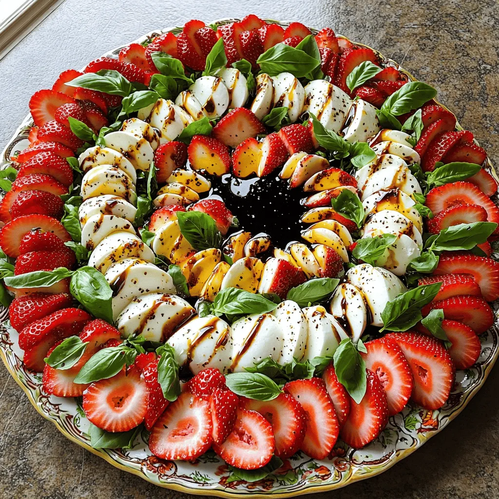 - Fresh strawberries - Fresh mozzarella cheese - Fresh basil leaves - Balsamic glaze - Olive oil - Salt and pepper 1. Hulling and slicing strawberries: Start by washing the strawberries well. Remove the green tops, called hulls. Slice the berries into thin rounds. Aim for even slices to create a nice look. You want them to be about a quarter-inch thick. 2. Slicing fresh mozzarella: Next, take the fresh mozzarella cheese. Slice it into rounds that match the thickness of your strawberries. This helps with layering and looks great on the plate. 1. Layering strawberries and mozzarella: Grab a large serving platter. Start by laying down a layer of sliced strawberries. Next, add a layer of mozzarella slices. Repeat this until you use all the ingredients. Make sure to alternate between strawberries and mozzarella. 2. Adding basil leaves: After the layers are set, scatter fresh basil leaves over the top. The bright green basil adds color and flavor. You can tear larger leaves for a rustic look. 1. Drizzling balsamic glaze: Now, drizzle balsamic glaze over the salad. This adds a sweet and tangy burst of flavor. Be generous, but don’t drown the dish. 2. Seasoning with olive oil, salt, and pepper: Next, drizzle olive oil over the salad. Use a light hand to keep it balanced. Then, sprinkle salt and pepper to taste. These seasonings really enhance the fresh flavors. 3. Allow the salad to sit: Let your salad rest for about 5-10 minutes. This time allows the flavors to blend. It makes each bite even better. Enjoy your Balsamic Strawberry Caprese as a fresh and simple delight. For the full recipe, refer to the details above. To create the best Balsamic Strawberry Caprese, start with ripe strawberries. Choose berries that are bright red and firm. Ripe strawberries have the best sweetness, making your salad burst with flavor. Avoid any berries with soft spots or dull colors. Next, select quality mozzarella. Look for fresh mozzarella that is soft and creamy. It should be stored in water or whey to stay fresh. This cheese adds a rich, mild flavor that pairs perfectly with strawberries. For a beautiful display, serve your salad on a decorative platter. The colors of red strawberries, white mozzarella, and green basil create a stunning visual. You can also use individual bowls for a fun twist. Garnish the salad with fresh basil leaves. This not only adds a pop of color but also enhances the flavor. A few extra leaves on top make it look elegant and inviting. To keep your Balsamic Strawberry Caprese fresh, follow these steps: - Use an airtight container. This keeps air out and prevents sogginess. - Refrigerate immediately. The cold helps maintain freshness. Your salad will stay good for about 1 to 2 days in the fridge. After that, the strawberries and mozzarella may lose their texture and taste. You can make this salad ahead of time, but with one key tip. - Keep the dressing separate. If you add balsamic glaze and olive oil too soon, the salad will get soggy. Instead, store the salad and dressing in separate containers. When you're ready to serve, just drizzle the dressing over the salad. This keeps every bite fresh and tasty! {{image_2}} Strawberries offer many health benefits. They are low in calories but high in vitamins. One cup of strawberries has more vitamin C than an orange. This vitamin helps keep your skin healthy and boosts your immune system. Strawberries also contain antioxidants. These can help protect your body from damage and may lower the risk of disease. Fresh basil adds its own perks. It is rich in vitamin K, which helps with blood clotting. Basil also has anti-inflammatory properties. It may help with digestion and support heart health. Including basil in your meals can enhance flavor while promoting wellness. Pairing Balsamic Strawberry Caprese with whole grain crackers is a smart choice. The crackers add fiber, making your meal more filling. They also provide a nice crunch that complements the salad. Serving this dish as an appetizer or side is perfect for gatherings. Its vibrant colors catch the eye, making it a showstopper. Plus, this salad is easy to prepare and share. It brings fresh flavors to any table and suits various occasions. For the full recipe, check the section above. What can I substitute for balsamic glaze? If you don’t have balsamic glaze, you can use regular balsamic vinegar. Just reduce it on the stove until it thickens. This gives you that sweet and tangy flavor. Can I make this dish vegan? Yes, you can easily make this dish vegan. Simply swap fresh mozzarella with a vegan cheese alternative. There are many great options available that melt well too. What goes well with Balsamic Strawberry Caprese? This dish pairs nicely with grilled chicken or a light pasta. You can also serve it alongside crusty bread for a complete meal. Is it a good dish for potlucks? Absolutely! Balsamic Strawberry Caprese is colorful and easy to prepare. It travels well and looks great on a buffet table, making it a hit at potlucks. For the full recipe, check out the details above! This article explored making a Balsamic Strawberry Caprese salad. It covered fresh ingredients, detailed preparation steps, and tips for perfecting your dish. You learned how to layer strawberries, mozzarella, and basil, then finish with balsamic glaze. This salad is colorful, tasty, and healthy. Enjoy the freshness and flavor in every bite. Feel free to get creative with variations and garnish. Your friends will love this dish, and it’s perfect for any gathering. Make it today for a delightful treat!