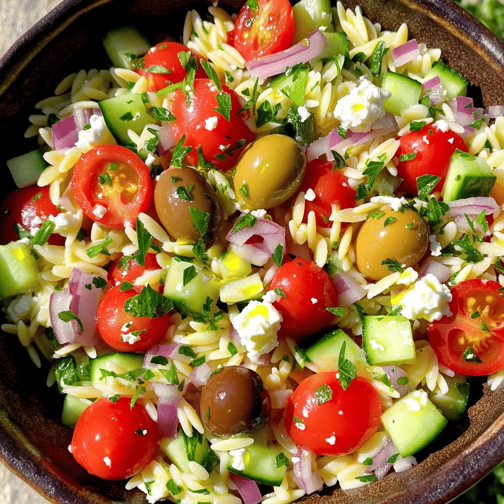 - Orzo pasta - Fresh vegetables - Feta cheese The main star of this dish is orzo pasta. This small pasta looks like rice, but it holds flavors well. For the fresh vegetables, I love using cherry tomatoes and cucumbers. They add color and crunch. Feta cheese brings a creamy, salty touch that makes this salad shine. - Extra-virgin olive oil - Lemon juice To dress our salad, we need extra-virgin olive oil. This oil adds richness and flavor. Fresh lemon juice provides a zesty kick that brightens every bite. Together, they create a balance that enhances all the ingredients. - Fresh herbs - Additional vegetables For a personal twist, feel free to add fresh herbs. Parsley or basil gives a nice herbal note. You can also include more veggies like bell peppers or spinach. These optional additions can elevate your Mediterranean orzo salad even further. For the full recipe, check out the details provided earlier. To start, boil a large pot of salted water. Once it’s at a rolling boil, add 1 cup of orzo pasta. Cook it according to the package instructions, usually about 8 to 10 minutes, until it’s al dente. This means it should still have a little bite to it. After cooking, drain the orzo in a colander. Rinse it under cold water to stop the cooking process. This step keeps your orzo from becoming mushy. Next, let’s chop our fresh vegetables. Take 1 cup of cherry tomatoes and cut them in half. For the cucumber, dice it into small, even pieces. Aim for uniform sizes to ensure even flavor in every bite. In a large mixing bowl, combine the chopped tomatoes, cucumber, 1/2 finely chopped red onion, and 1/2 cup of sliced Kalamata olives. Add 1/4 cup of fresh parsley for a burst of color and flavor. In a small bowl, whisk together 1/4 cup of extra-virgin olive oil, 2 tablespoons of lemon juice, and 1 teaspoon of dried oregano. Season with salt and pepper to taste. This dressing brings together the bright flavors of the salad. Finding the right balance between oil and acid is key. You want it fresh but not too tangy. Now, add the cooled orzo to the bowl with your vegetables. Pour the dressing over the top. Toss everything gently to combine, ensuring each piece is coated. This is where the magic happens. Fold in 1/2 cup of crumbled feta cheese last. This way, you keep the cheese intact and give the salad a creamy finish. To enhance the flavors, chill the salad in the refrigerator for at least 30 minutes. This allows all the ingredients to meld together beautifully. The chilling time is crucial for a tasty dish. The longer you can let it sit, the better it will taste. After chilling, your Mediterranean Orzo Salad is ready to serve! For the complete recipe, don't forget to check the Full Recipe. To get the best texture, cook the orzo until al dente. This means it should have a slight bite. Overcooking will make it mushy. After cooking, rinse the orzo in cold water. This stops the cooking and keeps it firm. Balancing flavors is key. Start with a good amount of salt in your water. This helps season the pasta. When making the dressing, taste as you go. Adjust the lemon juice and olive oil to your liking. A bit of oregano adds nice flavor too. Mediterranean Orzo Salad pairs well with grilled meats. Try it with chicken or lamb for a filling meal. It also works great as a side dish at barbecues. Serve it with crusty bread for a complete feast. You can also enjoy it on its own. Top with extra feta or fresh herbs for more flavor. This salad is also tasty at room temperature, making it perfect for picnics. One common mistake is overcooking the orzo. Always check the package for cooking times. Rinse the orzo right after cooking. Skipping this step can lead to clumping. Rinsing helps keep each piece separate. Another mistake is not using enough seasoning. A pinch of salt can enhance the taste. Don't forget to taste the salad before serving. Adjust the flavors if it needs a bit more zing. For the full recipe, check out the Mediterranean Orzo Salad section. {{image_2}} You can easily change up this Mediterranean Orzo Salad to fit a vegetarian diet. If you want to skip the feta cheese, try using a dairy-free cheese. Some good options are almond or cashew-based cheeses. You can also add more vegetables for flavor and texture. Try roasted bell peppers, artichoke hearts, or spinach. These veggies add color and nutrients. For those who want a protein boost, grilled chicken or shrimp works well. Simply season and cook your protein of choice until it’s done. Chop it into bite-sized pieces and mix it in with the salad. If you prefer a plant-based option, add chickpeas. They are rich in protein and easy to toss into the mix. This salad has roots in many Mediterranean countries. You can explore its origins by using local ingredients. Try adding sun-dried tomatoes if you want a sweet twist. Or, use fresh herbs like basil or mint for a fresh taste. Each region has unique flavors that can make this dish even more special. To keep your Mediterranean Orzo Salad fresh, store it in the fridge. Place it in an airtight container. This keeps moisture in and air out, helping the salad last. If you have a large batch, consider dividing it into smaller containers. This way, you only open what you need. Can you freeze Mediterranean Orzo Salad? Yes, but it’s not ideal. Freezing can change the texture of the vegetables and feta cheese. If you still want to freeze it, follow these steps: 1. Let the salad cool completely. 2. Place it in a freezer-safe bag or container. 3. Remove as much air as you can before sealing. To thaw, move it to the fridge overnight. Then, mix gently before serving. How long does it last in the fridge? Your salad will stay fresh for about three to five days. Keep an eye on it, though. Signs that the salad has gone bad include a sour smell or slimy texture. If you see mold, throw it out. Always trust your senses! I recommend using regular orzo for this salad. It has a smooth texture. Whole grain orzo offers more fiber and nutrients. However, it has a denser feel. Both types work well, but choose based on your health needs. Yes, you can prepare this salad ahead of time. Make it up to a day before serving. Keep it in the fridge in an airtight container. This helps the flavors blend nicely. Just remember to add the feta cheese before serving for the best taste. To make this salad gluten-free, use gluten-free orzo. Many brands offer great options made from rice or corn. Check the package to ensure it is certified gluten-free. This way, everyone can enjoy this tasty dish. If you want a cheese substitute, try using vegan feta. You can also use crumbled tofu mixed with lemon juice. This gives a nice flavor and texture. For a non-dairy option, look for plant-based cheeses in stores. They work well in this salad, too. For the complete recipe, check out the Full Recipe for Mediterranean Orzo Salad! This blog covers how to make a tasty Mediterranean Orzo Salad. You learned about the main ingredients, like orzo and feta cheese, and how to prepare them. I shared tips for cooking orzo and balancing flavors in your dressing. You now know the common mistakes to avoid and how to store leftovers. Experiment with optional ingredients and variations to make this dish your own. A fresh salad brings joy and flavor to any meal. Enjoy crafting your perfect Mediterranean salad!