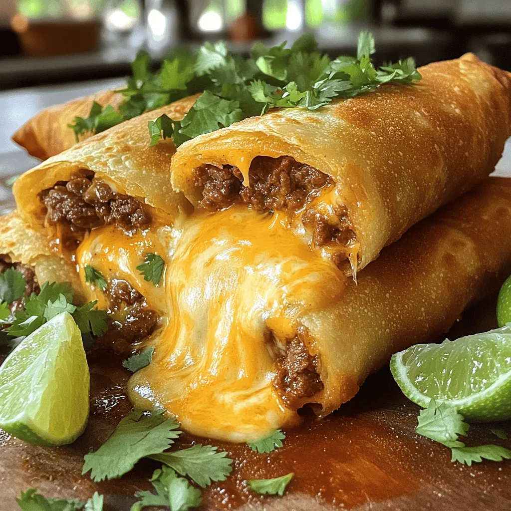 - 1 pound ground beef - 1 small onion, finely chopped - 2 cloves garlic, minced - 1 teaspoon cumin - 1 teaspoon chili powder - 1 teaspoon salt - ½ teaspoon black pepper - 1 cup shredded cheddar cheese - ½ cup shredded Monterey Jack cheese - 8 large flour tortillas - 2 cups vegetable oil for frying To make crispy beef and cheese chimichangas, you need key ingredients. First, ground beef gives the dish its hearty base. Onions and garlic add depth of flavor. Spices like cumin and chili powder bring heat and warmth. Salt and black pepper enhance all the flavors. The cheeses—cheddar and Monterey Jack—melt beautifully, making each bite rich and creamy. Flour tortillas wrap all these tasty ingredients, holding them snugly. Finally, vegetable oil is essential for frying, ensuring a perfect crisp. - Fresh cilantro - Lime wedges Adding fresh cilantro and lime wedges makes your chimichangas pop. Cilantro adds a fresh taste, while lime offers a bright zing. These ingredients elevate the dish, making each bite even better. You can also use them as a garnish for a beautiful presentation. 1. Sautéing onions and garlic Start by heating a tablespoon of oil in a large skillet over medium heat. Add the finely chopped onion. Cook it until it turns soft and clear, about 3 to 4 minutes. Next, toss in the minced garlic. Sauté for just 1 minute. Stir often to avoid burning. 2. Cooking and seasoning ground beef Now, add the ground beef to the skillet. Break it apart with a spatula. Cook until it turns brown, which takes about 5 to 7 minutes. Stir in the cumin, chili powder, salt, and black pepper. Mix well and let it cook for 2 more minutes. Take the skillet off the heat. Let the mixture cool for a bit. 1. Filling tortillas with beef-cheese mixture In a bowl, combine the cooled beef mixture with the shredded cheeses. Stir until they mix well. Lay a tortilla on a flat surface. Place about ¼ cup of the beef-cheese mixture right in the center of the tortilla. 2. Securing and rolling the tortillas Fold the sides of the tortilla over the filling. Then, roll from the bottom to the top. Make sure to secure the filling inside. Repeat this with the rest of the tortillas and filling. 1. Heating oil to the correct temperature In a large pot or deep skillet, pour in the vegetable oil. Heat it over medium-high heat. Wait until the oil shimmers, which means it’s about 350°F or 175°C. 2. Frying until golden brown Carefully place 2 or 3 chimichangas in the hot oil. Fry them for 3 to 4 minutes on each side. Look for a golden brown color and a crispy texture. Once done, remove them from the oil. Put them on a plate lined with paper towels to drain extra oil. For detailed cooking times and serving sizes, check the Full Recipe. Enjoy your crispy beef and cheese chimichangas! To make crispy chimichangas, you need to follow a few steps. Start with the right oil. I recommend vegetable oil, as it has a high smoke point. Heat the oil until it shimmers but avoid smoking. - Use a thermometer to check the oil temperature. It should be around 350°F. - Fry only a few chimichangas at a time. Overcrowding lowers the oil's temperature. To avoid sogginess, drain the chimichangas well. Once they come out of the oil, place them on paper towels. This will help absorb excess oil. You can also let them sit for a minute before serving to keep them crisp. Want to add some heat to your chimichangas? You can mix in spices like cayenne pepper or jalapeño. This gives a nice kick without overpowering the beef and cheese. For cheese lovers, try different cheese blends. Instead of just cheddar and Monterey Jack, you can mix in pepper jack or even queso fresco. This adds depth and variety to each bite. For the full recipe, check the details above. {{image_2}} You can switch things up with different proteins. Chicken or turkey work great in chimichangas. Just cook them the same way as the beef. Shred or dice the meat finely for easy wrapping. For a vegetarian option, fill your chimichangas with beans, cheese, and veggies. Black beans or pinto beans add fiber and taste. You can also add corn, bell peppers, or zucchini for more flavor and color. If you want a lighter dish, try baking your chimichangas instead of frying. Preheat your oven to 375°F. Place the filled chimichangas on a baking sheet. Brush them with a little oil for crispiness. Bake for about 20 to 25 minutes, or until golden brown. Another healthy tip is using whole wheat tortillas. They add fiber and nutrients. Whole wheat tortillas also give a nice, nutty flavor. This small change makes your meal a bit more wholesome without losing taste. For more detailed instructions, check the Full Recipe. To store leftover chimichangas, let them cool first. Place them in an airtight container. This keeps them fresh and tasty. You can store them in the fridge for up to three days. When you're ready to eat, reheat the chimichangas. The best way is in the oven. Preheat it to 350°F (175°C). Place the chimichangas on a baking sheet. Heat them for about 15-20 minutes until crispy and warm. You can also use an air fryer for a quick reheat. Set it to 350°F (175°C) and cook for 5-7 minutes. To freeze uncooked chimichangas, wrap each one in plastic wrap. Then put them in a freezer-safe bag. They will last for up to three months. When you're ready to cook them, do not thaw. Just fry them straight from the freezer. This keeps them crispy. For cooked chimichangas, let them cool. Then wrap each one in foil or plastic wrap. Place them in a freezer bag. They also last up to three months. To reheat, bake at 350°F (175°C) for about 20-25 minutes. This helps them regain their crispiness. Follow this storage info for the best results from your crispy beef and cheese chimichangas! For the full recipe, check the earlier sections. How to make Crispy Beef and Cheese Chimichangas in advance? You can prepare these chimichangas ahead of time. After you fill and roll each chimichanga, place them on a baking sheet. Cover them tightly with plastic wrap. You can store them in the fridge for up to 24 hours. When ready to fry, simply heat the oil and cook them as directed. This saves time on busy nights. Can I make the filling a day ahead? Yes, making the filling in advance is a great idea. Cook the beef mixture as usual, then let it cool. Store it in an airtight container in the fridge. This way, you can assemble the chimichangas quickly when you're ready to cook. What to do if chimichangas burst while frying? If your chimichangas burst, don't worry. It can happen if they are overfilled or not sealed tightly. Next time, ensure you fold the edges securely. If they do burst, you can still enjoy the filling. Just serve it as a delicious beef and cheese dip with chips! How to know when the oil is ready for frying? To check if the oil is hot enough, drop a small piece of tortilla in it. If it sizzles and bubbles right away, the oil is ready. You can also use a thermometer. Aim for about 350°F (175°C). This temperature ensures your chimichangas fry evenly and become golden brown and crispy. In this blog post, we covered how to make delicious chimichangas. We explored the key ingredients, from ground beef to spices and cheese. I shared step-by-step instructions for preparing, assembling, and frying them to perfection. You also learned tips for making them crispy and how to try different fillings. Finally, I discussed storage options to keep your chimichangas fresh. With these ideas, you can impress anyone at your table. Enjoy making these tasty treats!