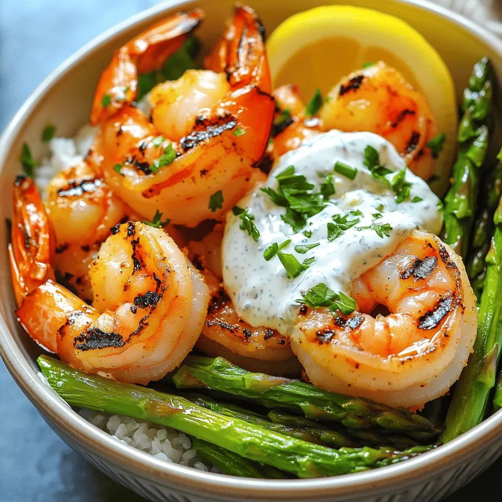 To make a tasty grilled shrimp bowl, gather these key ingredients: - 1 lb large shrimp, peeled and deveined - 1 bunch asparagus, trimmed and cut into thirds - 2 tablespoons olive oil - 1 teaspoon smoked paprika - 1 teaspoon garlic powder - Salt and pepper to taste - 1/2 cup Greek yogurt - 2 cloves garlic, minced - 1 tablespoon lemon juice - 1 tablespoon chopped fresh parsley These ingredients give the dish its flavor and freshness. The shrimp bring a sweet, briny taste. The asparagus adds crispness, and the creamy garlic sauce ties it all together. You can customize your grilled shrimp bowl with these optional ingredients: - Cherry tomatoes for sweetness - Cooked quinoa or rice for added texture - Avocado for creaminess - Red pepper flakes for some heat These add-ons let you create a bowl that fits your taste. Feel free to mix and match based on what you love. If you need to swap ingredients, here are some ideas: - Use chicken or tofu instead of shrimp for a different protein. - Try green beans or broccoli in place of asparagus. - Swap Greek yogurt for sour cream or a dairy-free alternative. These substitutions keep the dish tasty while accommodating dietary needs. You can still enjoy a flavorful meal without missing out on the fun. For the full recipe, check out the instructions in the next section. To start, you need to marinate the shrimp. In a bowl, mix 1 pound of peeled and deveined shrimp with 2 tablespoons of olive oil, 1 teaspoon each of smoked paprika and garlic powder, plus salt and pepper. Toss the shrimp well until they are fully coated. Let them sit for at least 15 minutes. This step adds deep flavor to the shrimp. While the shrimp marinates, it’s time to prepare the asparagus. Boil a pot of water. Once it boils, add 1 bunch of trimmed asparagus cut into thirds. Blanch them for 2-3 minutes. You want them tender yet crisp. After blanching, drain the asparagus and plunge them into ice water. This stops the cooking and keeps their color bright. Next, let’s make the creamy garlic sauce. In a small bowl, combine 1/2 cup of Greek yogurt, 2 minced garlic cloves, 1 tablespoon of lemon juice, and a pinch of salt. Add 1 tablespoon of chopped fresh parsley for extra taste. Mix everything well. Adjust the seasoning to your liking and set aside. This sauce will add a rich, tangy flavor to your bowl. Now it’s time to grill the shrimp. Preheat your grill or grill pan over medium-high heat. Thread the marinated shrimp onto skewers. Grill them for 2-3 minutes on each side. Look for the shrimp to turn pink and opaque. This shows they are perfectly cooked. For added flavor, you can sauté the blanched asparagus. Heat a bit of olive oil in a pan over medium heat. Add the asparagus and cook for a couple of minutes. This brings out their natural sweetness and adds a nice texture. Finally, it’s time to assemble your bowl. In a serving bowl, place a generous portion of grilled shrimp next to the asparagus. Drizzle the creamy garlic sauce over the top or serve it on the side for dipping. For a beautiful presentation, arrange the shrimp and asparagus artfully. You can garnish with more parsley and a lemon slice. Enjoy your colorful and tasty Grilled Shrimp Bowl with Asparagus & Creamy Garlic Sauce! For the full recipe, refer back to the beginning of this article. To get the best flavor in your grilled shrimp bowl, focus on your marinade. I like to use smoked paprika and garlic powder. These spices give shrimp a nice depth. Use fresh garlic in the creamy sauce for a bold kick. Fresh parsley adds a bright finish. You can even add lemon zest for extra zing. Grilling shrimp takes just a few minutes. Preheat your grill or grill pan over medium-high heat. Once hot, thread the shrimp onto skewers. Grill for 2-3 minutes on each side. Watch for the shrimp to turn pink and opaque. Don't overcook them; they will become tough. If you like, grill the asparagus for a few minutes too. This adds a nice charred flavor. To make your dish even better, think about presentation. Arrange the shrimp and asparagus nicely in the bowl. Drizzle the creamy garlic sauce on top or serve it on the side for dipping. A slice of lemon beside the bowl adds a pop of color and freshness. You can also sprinkle extra parsley on top for a touch of green. For the full recipe, check the complete cooking guide. {{image_2}} You can switch shrimp for other proteins. Chicken, scallops, or firm tofu work well. Just adjust the cooking time. For veggies, try zucchini, bell peppers, or broccoli. Each choice adds a new taste to your bowl. Spice can change the flavor. If you like heat, add cayenne pepper or red pepper flakes. Start with a pinch, then taste. You can always add more. For a milder taste, skip the spices or use sweet paprika. To make this dish vegetarian, remove shrimp. Use chickpeas or lentils for protein. These options give a hearty feel. Add more veggies like spinach or mushrooms for variety. This way, you can enjoy a fresh and colorful bowl without meat. For the full recipe, check the detailed steps to craft your perfect grilled shrimp bowl with asparagus and creamy garlic sauce. To keep your grilled shrimp bowl fresh, store leftovers in an airtight container. Make sure to separate the shrimp, asparagus, and creamy garlic sauce to prevent sogginess. If you have extra sauce, store it in a small jar or bowl. This will help keep the flavors intact. When ready to eat, gently reheat the shrimp and asparagus. Use a microwave-safe dish and cover it with a damp paper towel. Heat in short bursts of 30 seconds until warm. Avoid overheating, as this can make the shrimp tough. If you prefer, you can reheat them in a skillet over low heat for better texture. - Grilled Shrimp: Store for up to 2 days in the fridge. - Asparagus: Lasts about 3 days when stored properly. - Creamy Garlic Sauce: Keep for up to 5 days in the fridge. Always check for any signs of spoilage before consuming leftovers. Enjoy your delicious meal even after cooking! For the full recipe, check out the detailed instructions. Yes, you can use frozen shrimp. Just thaw them first. Place them in cold water for about 15-20 minutes. Once thawed, dry them well before marinating. This helps the shrimp soak up the flavors better. If you don’t have Greek yogurt, try sour cream instead. It gives a similar creamy texture. You can also use plain regular yogurt, but it may be thinner. For a dairy-free option, use coconut cream or silken tofu blended smooth. Shrimp cook quickly. They are done when they turn pink and opaque. This usually takes about 2-3 minutes per side. You can also check if they curl into a "C" shape. If they curl too tightly, they may be overcooked. Yes, you can prepare parts of this dish ahead. Marinate the shrimp and store it in the fridge for up to 2 hours. You can also blanch the asparagus earlier. Just remember to cool them in ice water to keep them crisp. For the sauce, mix it and store it in the fridge. It stays fresh for a few days. For the full recipe details, be sure to check out the [Full Recipe]. This blog post covered all you need for a tasty grilled shrimp bowl. You learned key ingredients, marinating tips, and grilling methods. I shared ideas to customize your dish and provided storage tips for leftovers. Remember, grilling shrimp is quick and easy, so timing matters. Enjoy making this dish your own. Experiment with flavors and ingredients. Happy cooking!