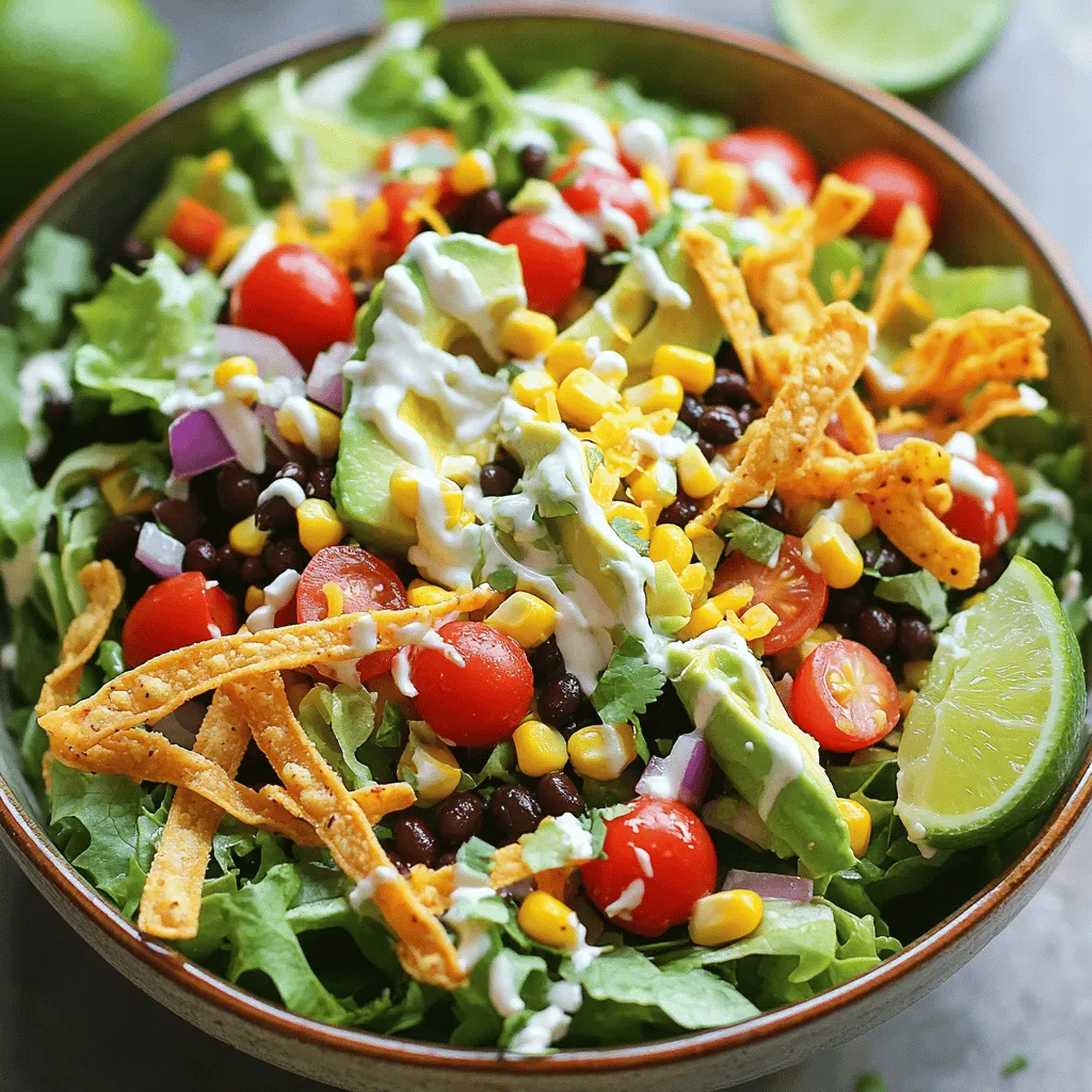 - Black beans - Romaine lettuce - Cherry tomatoes - Corn kernels - Avocado - Greek yogurt - Salsa - Lime juice - Olive oil - Garlic - Ground cumin - Chili powder - Salt and pepper - Tortilla strips - Shredded cheese In this Black Bean Taco Salad, I use simple, fresh ingredients. Black beans provide protein and fiber. Romaine lettuce adds crunch and a fresh taste. Cherry tomatoes bring sweetness, while corn kernels give a pop of color and flavor. Avocado adds creaminess that makes each bite special. For the creamy salsa dressing, I mix Greek yogurt with salsa, lime juice, olive oil, and garlic. This dressing is tangy and rich. It perfectly complements the fresh salad. I sprinkle ground cumin and chili powder on top for warmth and flavor. Salt and pepper enhance everything. Finally, I add crunchy tortilla strips and shredded cheese for texture. This recipe is a quick and tasty meal, perfect for busy days. Check the Full Recipe for detailed steps and tips. 1. Start by mixing the Greek yogurt and salsa in a bowl. Use a whisk to blend them well. 2. Next, add lime juice and olive oil. This adds a nice tang and richness. 3. Season the dressing with minced garlic and a pinch of cayenne. This gives it a little kick. Mix until smooth. Set it aside for now. 1. In a large mixing bowl, combine the black beans, chopped romaine lettuce, cherry tomatoes, corn, avocado, red bell pepper, and red onion. 2. Make sure all ingredients are cold. This keeps the salad crisp and fresh. 1. Layer the salad mixture on individual plates or in a big salad bowl. 2. Top it with tortilla strips and shredded cheese for crunch and flavor. 3. Drizzle the creamy salsa dressing over the salad just before serving. You can also serve it on the side for guests to add as they like. This recipe is simple and quick, taking only about 15 minutes. For the full recipe, check the earlier section. Enjoy the burst of flavors! - Rinse and drain the black beans well. This removes extra salt and improves taste. - To slice the avocado without browning, use a sharp knife. Cut it in half, take out the pit, and slice it while still in the skin. Then, scoop it out with a spoon. This keeps it fresh longer. - Serve the salad in colorful bowls. Bright colors make the dish more inviting. - Layer the salad in clear jars for a fun look. Add a garnish on top for extra color. You can use extra tortilla strips or fresh cilantro. - Try adding spices like smoked paprika or cayenne for a kick. - Top the salad with fresh herbs like cilantro or parsley. - If you prefer other greens, swap romaine with spinach or kale. You can also use different beans, like pinto or kidney beans, to mix it up. For the full recipe, check out the Black Bean Taco Salad with Creamy Salsa Dressing. {{image_2}} You can add protein to your black bean taco salad for extra flavor and nutrition. Here are some great options: - Grilled chicken: Marinate your chicken in lime juice, cumin, and chili powder. Grill until cooked through, then slice and add on top of the salad. - Shrimp: Season shrimp with spices and grill or sauté them. They add a nice crunch. If you prefer vegetarian options, try these: - Tofu: Press and cube firm tofu. Sauté it with spices for a tasty addition. - Tempeh: Crumble tempeh and cook it in a skillet with some seasoning. It’s packed with protein and flavor. Switching up the beans or salsa can change the whole dish. Here are some ideas: - Different types of beans: Use pinto beans or kidney beans for a new taste. Each variety brings its own flavor. - Spicy salsa alternatives: Try mango salsa for sweetness or green salsa for a zesty kick. You can even make your own! Making this salad plant-based is easy. Here’s how: - Dairy-free dressing: Swap Greek yogurt for cashew cream or a dairy-free yogurt. Blend soaked cashews with lime juice and a bit of water for a creamy texture. - Plant-based cheese: Use vegan cheese shreds instead of dairy cheese. You can even make a nut-based cheese at home for a fresh twist. These variations keep your black bean taco salad exciting and cater to different tastes and diets. You can find the [Full Recipe] to start your culinary journey! To store leftovers, place the salad in an airtight container. Keep it in the fridge for up to three days. Store the dressing separately to prevent sogginess. When ready to eat, drizzle the dressing over your salad. This keeps the lettuce crisp and fresh. To keep ingredients fresh, remember these tips: - Rinse and dry the lettuce well before storage. - Use a paper towel to absorb moisture inside the container. - Keep avocado slices in a separate container with lemon juice to slow browning. Prepping ingredients in advance can save time. Chop the romaine, tomatoes, and bell pepper a day ahead. Store each in separate containers. You can also cook corn if using fresh. Assembling the salad and dressing ahead of time works well too: - Make the creamy salsa dressing in advance and store it in the fridge. - Combine the salad ingredients without dressing. - Mix the dressing in right before serving for the best taste. Can you freeze black bean salad? I recommend not freezing the entire salad. Fresh veggies lose their crunch when frozen. However, you can freeze the black beans and corn. For freezing components, follow these methods: - Place black beans and corn in a freezer-safe bag. - Remove excess air and seal it tight. - Label the bags with the date and use within three months. By following these storage tips, you can enjoy your Black Bean Taco Salad with Creamy Salsa Dressing even longer! For the full recipe, check the previous section. You can store Black Bean Taco Salad in the fridge for up to three days. The salad stays fresh if you keep it in an airtight container. After a day, the vegetables may get a bit soft, but the flavor remains great. Yes, you can prepare this recipe ahead of time! I suggest making the dressing and chopping the veggies separately. Keep the salad and dressing in the fridge until you are ready to eat. This way, everything stays fresh and crisp. This salad is great on its own, but you can pair it with some tasty sides. Try serving it with grilled chicken or shrimp for added protein. You can also enjoy it with tortilla chips or a side of rice. This blog post covered how to make a tasty black bean taco salad. We discussed key ingredients, like beans and avocado, and how to prepare a creamy dressing. I also shared tips on storing leftovers and meal prep suggestions. In summary, this salad is simple, fresh, and full of flavor. You can customize it based on what you like. Enjoy creating your own version that fits your taste.