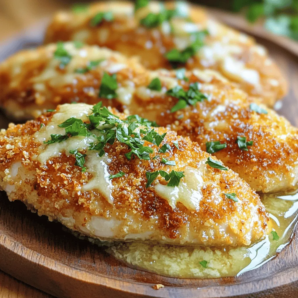To make crispy Parmesan chicken, gather these key ingredients: - 4 boneless, skinless chicken breasts - 1 cup all-purpose flour - 2 large eggs, beaten - 1 cup breadcrumbs - 1 cup grated Parmesan cheese These items form the base of our dish. The chicken provides protein, while flour and eggs help the coating stick. Breadcrumbs give the chicken its crunch, and Parmesan adds a rich flavor. Next, enhance the taste with these seasonings: - 1 teaspoon garlic powder - 1 teaspoon Italian seasoning - Salt and pepper to taste Garlic powder gives a nice boost of flavor. Italian seasoning adds a mix of herbs. Salt and pepper are must-haves for any dish, sharpening all the other flavors. To finish off the dish, consider these garnishes: - 1/2 cup olive oil, for frying - 4 cloves garlic, minced - 1/2 cup chicken broth - 1 tablespoon fresh lemon juice - Fresh parsley, chopped (for garnish) The olive oil helps fry the chicken to golden perfection. Minced garlic and chicken broth create a tasty sauce. Lemon juice adds brightness, while parsley gives a fresh look and flavor. For the full recipe, check the details above. Start with the chicken breasts. Place each one between two sheets of plastic wrap. Use a meat mallet to pound the chicken. Aim for about 1/2 inch thick. This helps the chicken cook evenly. It also keeps it juicy. Now, let’s set up your breading station. You’ll need three shallow bowls. In the first bowl, add the flour. Season it with salt and pepper. In the second bowl, beat the eggs until mixed. In the third bowl, combine breadcrumbs, Parmesan cheese, garlic powder, and Italian seasoning. Mix it well. This makes the crust flavorful and crispy. Heat olive oil in a large skillet over medium-high heat. Once the oil is hot, it’s time to fry. Take a chicken breast and dredge it in the flour. Shake off the extra flour. Next, dip it in the beaten eggs, coating it well. Now, coat the chicken in the breadcrumb mix. Press down gently to help the crumbs stick. Carefully place the breaded chicken in the skillet. Fry each piece for about 5-6 minutes. Look for a nice golden brown color. Flip the chicken to cook the other side. Once done, transfer the chicken to a paper towel-lined plate. This helps drain the excess oil. For the full recipe, check the instructions above. To get that ideal crisp on your chicken, follow a few key steps. First, make sure the oil is hot enough before frying. If it's too cool, the chicken will absorb oil and become soggy. Use a deep skillet or pan that allows ample space for each piece. This way, the heat stays even around the chicken. Flip the chicken only once. This helps keep the crumb coating intact. To boost the flavor, add fresh herbs to the breadcrumb mix. Chopped parsley or thyme can add a nice touch. You can also sprinkle a little extra garlic powder into the coating for a stronger taste. A pinch of crushed red pepper can give it a slight kick. This adds depth to every bite. Remember, you can adjust seasonings based on your taste. You can fry, bake, or air-fry the chicken. Frying gives the crispiest results but adds oil. Baking is healthier but may not yield that same crunch. If you choose to bake, set your oven to 400°F (200°C) and place the chicken on a wire rack. This allows air to circulate and helps keep it crisp. Air-frying is a great middle ground, providing crispiness with less oil. Experiment with these methods to find your favorite. For the full recipe, check the earlier section. {{image_2}} You can boost flavor by adding herbs to your breadcrumbs. Mix in dried oregano, thyme, or rosemary. These herbs give your chicken a fresh taste. You can adjust the amount based on your likes. Try a tablespoon of each for a nice mix. This variation makes every bite more exciting! While garlic sauce is a star, you can try other sauces. A creamy Alfredo sauce adds richness. A tangy marinara brings a fun twist. Simply pour your chosen sauce over the crispy chicken. Each sauce changes the dish into a new experience. Experimenting with sauces keeps your meals lively! Adding vegetables makes this dish more colorful and healthy. You can sauté spinach, bell peppers, or zucchini. Toss them in the pan after cooking the chicken. This method adds nutrients and texture. Plus, it makes your plate look great! Don’t shy away from mixing in your favorite veggies. It’s all about making this dish your own. To keep your crispy Parmesan chicken fresh, store it in the fridge. Place it in an airtight container. This helps keep moisture in and air out. It stays good for about 3 to 4 days. Make sure to let it cool to room temperature first. This helps prevent sogginess and keeps it crispy longer. If you want to save some for later, freezing is a great option. First, let the chicken cool completely. Wrap each piece in plastic wrap, then place them in a freezer bag. Label the bag with the date. Frozen crispy Parmesan chicken lasts for about 2 to 3 months. When you’re ready to eat it, just take it out of the freezer and thaw in the fridge overnight. To reheat, preheat your oven to 375°F (190°C). Place the chicken on a baking sheet. Bake for about 15 to 20 minutes. This warms it up without losing the crispiness. You can also reheat in a skillet over medium heat. Just add a little oil and cook for about 5 minutes on each side. This method adds some extra crispiness. If you want to add the garlic sauce again, heat it separately and drizzle it on top. For the full recipe, check the details provided above. Yes, you can bake the crispy Parmesan chicken. Preheat your oven to 400°F (200°C). After breading the chicken, place it on a baking sheet lined with parchment paper. Spray the tops with cooking spray for added crispness. Bake for 20-25 minutes or until golden brown. Baking gives you a lighter option without losing the crunch. This dish goes well with many sides. Here are some great options: - Garlic mashed potatoes - Steamed broccoli or green beans - Caesar salad - Rice pilaf - Roasted vegetables Each side adds a nice balance to the meal and enhances the flavors. To check if the chicken is done, use a meat thermometer. The internal temperature should reach 165°F (75°C). You can also cut into the thickest part of the chicken. The juices should run clear, not pink. If you follow the cooking times in the recipe, you should be fine. Use these tips for perfectly cooked chicken every time. This blog covered all you need for Crispy Parmesan Chicken. You learned the key ingredients, step-by-step cooking instructions, and tips for the best results. We shared recipe variations and storage advice. Remember, cooking is fun! Adjust flavors and try new methods. Whether you bake or fry, enjoy your tasty chicken. Trust your taste buds, and make it your own.