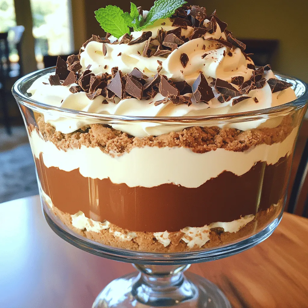 To make the triple-chocolate trifle, gather these key items: - 1 cup dark chocolate pudding - 1 cup milk chocolate pudding - 1 cup white chocolate pudding - 1 cup heavy whipping cream - 2 tablespoons powdered sugar - 1 teaspoon vanilla extract - 1 cup chocolate cake, cubed (store-bought or homemade) - 1 cup crushed chocolate cookies (like Oreos) - 1/2 cup chocolate shavings (dark, milk, or white for garnish) - Fresh mint leaves for garnish (optional) You can swap some ingredients for variety: - Use chocolate mousse instead of pudding for a richer texture. - Substitute almond milk or coconut milk for regular milk in the puddings. - Try vanilla cake in place of chocolate cake for a lighter taste. - Use any type of cookie you like for the crushed layer. - Instead of chocolate shavings, you can use sprinkles or crushed nuts. Select the best ingredients for a great taste: - Choose high-quality chocolate for the puddings. It makes a big difference in flavor. - Use fresh whipping cream for a rich, fluffy topping. - If possible, buy organic eggs and milk for a more natural flavor. - Opt for premium chocolate cookies for better crunch and taste. - Always check the expiration dates on your ingredients. Freshness matters! These tips help ensure your trifle is as delicious as possible. For the full recipe, check the provided instructions. To start, gather three bowls. You need one for each type of pudding: dark chocolate, milk chocolate, and white chocolate. Follow the package instructions for each pudding. Mix well and make sure there are no lumps. Once mixed, cover each bowl with plastic wrap. Place the bowls in the fridge. Let the puddings chill until they set. This usually takes about 30 minutes. Next, take a mixing bowl. Add the heavy whipping cream, powdered sugar, and vanilla extract. Use an electric mixer to whip the cream. Start at a low speed, then increase to medium. Keep whipping until you see soft peaks form. This means the cream is ready. Be careful not to over-whip, or it will turn into butter. Now it's time to layer your trifle! In a large glass bowl, start with a layer of dark chocolate pudding. Spread it evenly across the bottom. Next, add a layer of cubed chocolate cake. Pile it on top of the pudding. Follow this with a layer of whipped cream. Gently press down to keep the layers neat. Repeat these steps with milk chocolate pudding and more cake. Keep alternating layers until you reach the top. End with a layer of whipped cream. For a finishing touch, sprinkle crushed chocolate cookies on top. Add chocolate shavings for a fancy look. You can also garnish with fresh mint leaves if you like. Finally, chill the trifle in the fridge for at least an hour. This helps the flavors blend and the layers to set. Enjoy this dessert delight with friends or family! You can find the full recipe [Full Recipe]. To make your trifle creamy, use fresh puddings. I recommend making them from scratch. If using store-bought, chill them well. This helps them hold their shape. Whip the cream until soft peaks form. This adds lightness to your layers. Mix the whipped cream gently with the puddings. This keeps it fluffy and airy. Use a clear glass bowl for a stunning display. The layers should shine through beautifully. You can also use individual cups for personal servings. Top with crushed chocolate cookies for added crunch. A sprinkle of chocolate shavings adds elegance. Fresh mint leaves can brighten the look. Don’t rush the chilling time. Letting your trifle sit improves the flavor. Avoid packing the layers too tightly. Each layer should be distinct and visible. Be careful not to over-whip the cream. This can turn it grainy. Lastly, don’t skip the garnishes. They make your dessert look special and inviting. Check the [Full Recipe] for detailed steps! {{image_2}} You can play with the types of chocolate in your trifle. Instead of dark, milk, and white chocolate, try other flavors. Use dark chocolate with sea salt for a savory touch. Swap in mint chocolate for a fresh twist. You can also use caramel chocolate for a sweet layer. Each type brings its own flavor and fun. Adding fruits or nuts makes your trifle even more special. You can layer in fresh berries like strawberries or raspberries. Sliced bananas add sweetness and texture. For a crunchy touch, sprinkle in chopped nuts like almonds or hazelnuts. You can also add granola for a delightful crunch. Each layer adds new flavors and surprises. Finishing touches make your trifle shine. You can top it with whipped cream for extra fluffiness. Chocolate shavings or sprinkles add a fun look. Crushed cookies like Oreos give a fun crunch. Fresh mint leaves add color and a hint of freshness. Use these ideas to create a trifle that looks as good as it tastes. For the full recipe, check out the main section. To store your triple-chocolate trifle, cover it tightly with plastic wrap or a lid. This helps to keep the dessert fresh. If you’ve used individual cups, just place a lid on each cup. Make sure no air can get in, as it can dry out the layers. When stored properly in the fridge, the trifle stays fresh for up to three days. After that, the cake can become soggy, and the cream may lose its fluffiness. To enjoy the best taste, aim to eat it within two days. Always keep the trifle chilled; it tastes best cold and refreshing. Freezing trifle is not recommended. The layers may separate when thawed. The whipped cream can also lose its texture. If you need to prepare ahead, make each layer separately. You can freeze the cakes and puddings but assemble the trifle just before serving. For more details on making this indulgent dessert, check the Full Recipe. The best chocolate cake for this trifle is a moist, rich chocolate cake. You can use a store-bought cake or bake your own. A cake that holds its shape is key. If you want more flavor, choose a dark chocolate cake. It pairs well with all the pudding layers. For a lighter option, a chocolate sponge cake works too. Yes, you can make this trifle ahead of time. I suggest preparing it a day in advance. This gives the flavors time to blend. Just cover the trifle with plastic wrap and chill it in the fridge. This way, you can enjoy more time with your guests and less time in the kitchen. The pudding needs to set for at least 1 hour in the fridge. This helps it thicken and firm up. If you have time, letting it sit longer is even better. Just make sure to cover it so it doesn’t dry out. The longer it sits, the better the trifle will taste. In this post, we explored the key ingredients, step-by-step instructions, and tips for making a fantastic triple-chocolate trifle. You learned how to pick good ingredients and layer them well for great texture. We also shared creative ideas for variations and garnishes. Remember, your trifle can be a true showstopper with care and attention. Follow these tips, avoid common mistakes, and let your creativity shine. Enjoy making this tasty dessert that everyone will love!