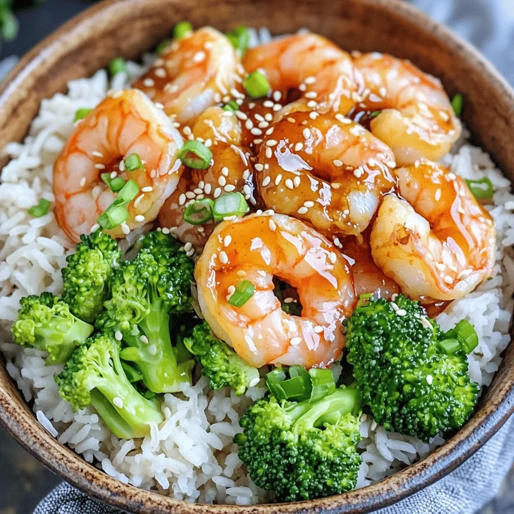 - Shrimp: You need 1 pound of shrimp. Make sure they are peeled and deveined. Fresh shrimp works best, but frozen shrimp is fine too. - Jasmine rice: Use 2 cups of cooked jasmine rice. It’s fragrant and pairs well with shrimp. - Honey and soy sauce: You’ll need 1/4 cup of honey and 2 tablespoons of soy sauce. These give the dish its sweet and savory taste. - Garlic and ginger: Use 4 cloves of minced garlic and 1 tablespoon of minced ginger. They add depth and flavor. - Olive oil, salt, and pepper: You need 1 tablespoon of olive oil. Season with salt and pepper to taste. This helps cook the shrimp perfectly. - Broccoli florets and green onions: Add 1 cup of steamed broccoli for color and health. Top with 1/4 cup of sliced green onions for a fresh crunch. This 20 Minute Honey Garlic Shrimp & Rice Bowl is quick to make. You can find the full recipe for more details. Enjoy your cooking! First, grab a medium bowl. In this bowl, combine the shrimp with honey, soy sauce, minced garlic, and ginger. Toss everything together to coat the shrimp well. This mix will give the shrimp its sweet and savory flavor. Let the shrimp rest for about 5 minutes. This short time lets the shrimp soak up all that yummy flavor. Now, heat a tablespoon of olive oil in a large skillet over medium heat. Once the oil is hot, add the marinated shrimp to the skillet. Cook the shrimp for about 2-3 minutes on each side. You know they are done when they turn pink and opaque. Be careful not to overcook them, or they will get tough. After that, season the shrimp with salt and pepper to taste. If you have any marinade left in the bowl, pour it over the shrimp. Give it one more minute to heat through and blend the flavors. While the shrimp cook, prepare your jasmine rice if it isn’t cooked yet. In serving bowls, layer the cooked jasmine rice at the bottom. Next, add the sautéed shrimp on top. Don’t forget to include a generous scoop of steamed broccoli florets. This adds a nice crunch and color to your dish. To finish, garnish with sliced green onions and sprinkle some sesame seeds for extra flavor and texture. This step makes your meal look as good as it tastes! For the full recipe, check above. To make great shrimp, avoid overcooking. Cook them just until they turn pink and opaque. This keeps them tender and juicy. Using fresh ingredients helps a lot, too. Fresh shrimp taste better than frozen. If you can, buy shrimp that are wild-caught. They have a richer flavor. You can enhance the flavor by trying new spices. A pinch of red pepper flakes adds heat. If you like, add a squeeze of lime juice for brightness. You can also add more veggies. Bell peppers, snap peas, or carrots can be great. They give extra color and crunch to your bowl. Pair your bowl with a side of edamame or a simple salad. This adds freshness and makes your meal more filling. Serve the dish warm. The rice and shrimp taste best hot. For a lovely touch, add a few lime wedges on the side. They give a nice zest when squeezed over the bowl. You can find the full recipe to make this dish here. {{image_2}} You can easily swap out shrimp for chicken or tofu. Chicken gives a hearty bite. It cooks well in the same marinade. Use bite-sized pieces and cook until golden brown. Tofu is perfect for a plant-based option. Press it first to remove water. Cut it into cubes and marinate just like the shrimp. Cook until crispy and golden. If you want a change, try teriyaki or sweet chili sauce. Teriyaki adds a rich, savory flavor. Just replace honey and soy sauce with teriyaki. Sweet chili sauce brings a sweet and spicy kick. Use it alone or mix it with soy sauce. This keeps your meal fresh and exciting. You can easily adjust this recipe for more servings. Just double or triple the ingredients. Keep the same cooking times, but watch the shrimp closely. For meal prep, make extra shrimp and rice. Store them separately in airtight containers. This way, you can enjoy this dish throughout the week. Just reheat when ready to eat. Enjoy the flavors any day! For the full recipe, check the earlier section. To store leftovers, let the dish cool first. Place the shrimp and rice in an airtight container. You should keep it in the fridge. This helps the shrimp stay fresh. Use the leftovers within three days for best taste. If you want to freeze portions, separate the shrimp and rice. Use freezer-safe bags or containers. Squeeze out as much air as possible before sealing. Label the bags with the date. You can freeze them for up to three months. For reheating, you have a few good options. Use a microwave for quick heating. Place the food in a safe dish and cover it. Heat it in short bursts, stirring in between. You can also reheat in a skillet. Warm it on medium heat until hot. This method keeps the texture nice. Always check to make sure it’s heated through. This dish is quick. You can make it in just 20 minutes. The prep takes about 10 minutes. Cooking the shrimp and rice takes around 10 minutes. If you follow the steps, you will have a tasty meal fast. Yes, you can use frozen shrimp. Just thaw them first. You can run them under cold water for a few minutes. After thawing, pat them dry. This helps them cook evenly. Add them to your marinade as usual. If you don’t have jasmine rice, don’t worry! You can use other rice types. Basmati rice is a great choice. Brown rice also works well but takes longer to cook. Quinoa is another healthy option. Each will give a different flavor, but they all pair well with the shrimp. For this recipe, just adjust the cooking time as needed. For the full recipe, refer to the [Full Recipe]. This blog post covered a quick and tasty honey garlic shrimp and rice bowl. We explored the main ingredients like shrimp, jasmine rice, and essential seasonings. I shared step-by-step instructions for marinating and cooking the shrimp, along with tips for perfecting flavor and serving. We also discussed variations, storage, and answered common questions. Now, you can whip up this dish with ease. Enjoy mixing flavors and making it your own!