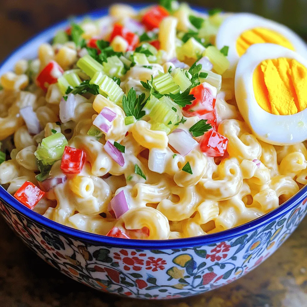 - 2 cups elbow macaroni - 1 cup mayonnaise - 1 tablespoon Dijon mustard - 1 teaspoon apple cider vinegar - 1 cup celery, finely chopped - 1 cup red bell pepper, diced - 1/2 cup red onion, finely chopped - 1/2 cup sweet pickle relish - 1/4 cup fresh parsley, chopped - Salt and pepper to taste - 1 tablespoon hot sauce (optional for a kick) Substitutions for mayonnaise You can swap mayonnaise for Greek yogurt or avocado for a lighter option. These swaps keep the salad creamy while adding a twist. Choosing fresh vegetables Always pick fresh vegetables for the best taste. Look for bright colors and firm textures. Fresh veggies bring life to the salad. Hot sauce options for flavor Choose your favorite hot sauce for a spicy kick. Options like sriracha or Tabasco can add fun heat without overpowering the dish. Adjust to your taste to keep it balanced. For the full recipe, check out the steps to make this delicious macaroni salad. Start by boiling a large pot of salted water. This helps give flavor to the pasta. Add 2 cups of elbow macaroni. Cook it for about 7-8 minutes. You want it to be al dente, which means firm to the bite. Once it's ready, drain the macaroni in a colander. Rinse it under cold water to stop the cooking. This keeps the pasta from getting mushy. Let it cool completely in a large bowl. While the pasta cools, let’s make the dressing. In a mixing bowl, whisk together 1 cup of mayonnaise, 1 tablespoon of Dijon mustard, and 1 teaspoon of apple cider vinegar. If you like some heat, add 1 tablespoon of hot sauce. Mix it well until it’s smooth. This dressing should be creamy and tasty. If it’s too thick, you can add a splash of water to get the right consistency. Now it's time to bring everything together. To the bowl with the cooled macaroni, add the chopped vegetables: 1 cup of celery, 1 cup of diced red bell pepper, 1/2 cup of finely chopped red onion, and 1/2 cup of sweet pickle relish. Then, pour the dressing over the pasta and veggies. Gently fold everything together. Make sure all the pasta and vegetables are well-coated. This helps blend the flavors nicely. Chilling the salad is key for the best taste. Cover the bowl with plastic wrap or a lid. Refrigerate it for at least 1 hour. For even better flavor, chill it for a few hours or overnight. This allows the flavors to meld together. Before serving, give it a good stir and check for seasoning. You can adjust with salt and pepper as needed. Enjoy making this fun and tasty dish! For the full recipe, check the earlier section. To make Guy Fieri’s macaroni salad even better, adjust the seasonings. Start with the basics: salt and pepper. Taste as you go. If you want more zing, add a bit more apple cider vinegar. You can also add a splash of lemon juice for a fresh twist. For a richer taste, mix in some grated cheese or chopped herbs. You can personalize the salad by adding extras. Try diced pickles or olives for extra crunch. If you like a bit of heat, toss in some diced jalapeños or a bit more hot sauce. The goal is to make it your own! Serving this salad well makes it even more appealing. Use a bright, colorful bowl for a fun look. You can also layer the salad in a clear dish to show off the colorful ingredients. Garnish with fresh parsley or slices of hard-boiled eggs on top. This adds a nice touch and extra flavor. For dishware, choose something that fits your theme. If it's a picnic, use a fun plastic bowl. For a dinner party, go for a nice glass or ceramic bowl. This salad shines when served cold. After mixing, chill it for at least an hour. The longer it sits, the better it tastes. If you can, let it chill overnight. If you’re taking it to a potluck or picnic, keep it cool. Use an insulated bag or cooler. This keeps the salad fresh and safe to eat. Always pack a serving spoon for easy serving. For the full recipe, check out the details above and get ready to impress your friends with this tasty summer side! {{image_2}} You can easily switch things up in Guy Fieri's macaroni salad. For a vegan version, try using a plant-based mayo. It gives a similar creamy taste without eggs. You can also use different types of pasta. Shells, penne, or even gluten-free pasta work great. Each pasta shape holds the dressing differently, adding a fun twist to your dish. Seasonal veggies can make your salad pop. Think of fresh corn, zucchini, or cherry tomatoes when they are in season. These add bright colors and a sweet crunch. If you're feeling bold, add crispy bacon or cheese for richness. Crumbled feta or sharp cheddar can really enhance the flavor. Get creative and let your taste guide you! The dressing is where you can have fun experimenting. Try adding ranch or Italian dressing for a new taste. If you want more heat, mix in some cayenne or a spicy mayo. For a tangier kick, squeeze in some lemon juice or use vinegar like red wine. Each option can change the whole vibe of the salad. To keep your macaroni salad fresh, use airtight containers. Glass or plastic containers work well. Make sure to let the salad cool before sealing. This prevents moisture buildup that can spoil the salad. Always label your containers with the date. This helps you track how long it's been stored. In the refrigerator, this salad lasts about 3 to 5 days. If you want to freeze it, it may last up to 2 months. To freeze, place the salad in a freezer-safe container. Leave some space at the top because it expands when frozen. When it’s time to eat, thaw it in the fridge overnight. You don’t need to reheat macaroni salad. It tastes great cold. If you prefer it warm, gently heat it on low. Just be careful not to cook it again. Enjoy it fresh from the fridge for the best flavor. For a quick bite, serve it right after chilling. Check out the Full Recipe for all the details! Yes, you can make this salad ahead of time. I suggest making it at least a few hours before serving. This lets the flavors mix well. If you can, chill it overnight for the best taste. Yes, you can try other pasta shapes. Shells, fusilli, or penne work well. Just keep an eye on the cooking time. You want it to be al dente and hold the dressing nicely. This salad pairs great with grilled meats and sandwiches. Try it with burgers or hot dogs for a classic summer meal. You can also serve it with fresh fruit or chips for a complete picnic plate. Yes, but you will need to use gluten-free pasta. Many brands offer good options. Just check the label to ensure it's gluten-free. This way, everyone can enjoy the salad! You now have a complete guide to making a delicious macaroni salad. We covered the right ingredients, steps to follow, and helpful tips. Don't forget to chill your salad for the best flavor. Experiment with variations to make it your own. Enjoy this dish at picnics or potlucks. With the simple steps outlined, you can impress friends and family. Get cooking and make your macaroni salad a hit!