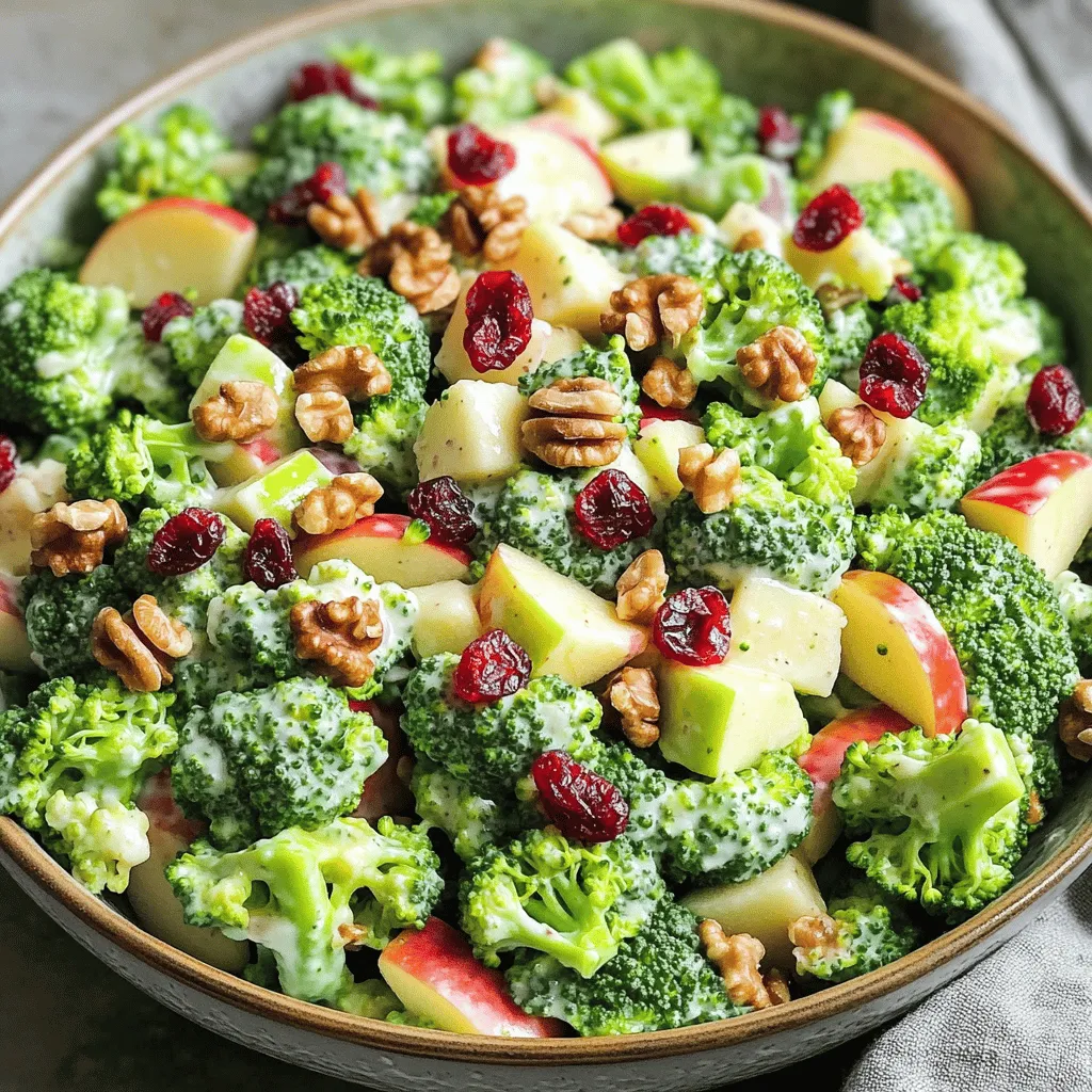 - 2 cups fresh broccoli florets - 1 large Honeycrisp apple, diced - 1/2 cup cranberries (dried) - 1/2 cup walnuts, chopped The main ingredients in this salad bring a burst of flavor. Broccoli gives a nice crunch and a good dose of vitamins. The Honeycrisp apple adds a sweet and tart element. Dried cranberries bring a fruity chew, while the walnuts add a nutty crunch. Each bite is a mix of textures and tastes. - 1/2 cup Greek yogurt - 2 tablespoons honey - 1 tablespoon apple cider vinegar - Salt and pepper to taste The dressing is simple yet creamy. Greek yogurt makes it rich and tangy. Honey adds sweetness that balances the tang of vinegar. Salt and pepper bring out all the flavors. This dressing coats the salad perfectly. - Mixing bowls - Whisk - Knife and cutting board - Ice water bath setup You will need a few tools to make this salad. Mixing bowls help to combine all the ingredients. A whisk makes mixing the dressing easy. A knife and cutting board are essential for chopping. An ice water bath is key for keeping the broccoli bright and crisp. For the full recipe, check the earlier section. - Wash and cut broccoli into florets: Start by rinsing the broccoli under cold water. Cut it into small, even florets. This helps them cook evenly. - Blanching process explained: Bring a pot of water to a boil. Add the broccoli florets and cook for 2 minutes. This brightens the color and keeps them crisp. - Transferring to ice water bath: Quickly move the broccoli to an ice water bath. This stops the cooking. Let it sit for a few minutes, then drain well. - Mixing main salad components: In a large bowl, mix the blanched broccoli, diced Honeycrisp apple, cranberries, walnuts, and red onion. Stir gently to combine. - Preparing the dressing in a separate bowl: In another bowl, whisk together Greek yogurt, honey, apple cider vinegar, salt, and pepper. Blend until smooth. - Tossing the salad with dressing: Pour the dressing over the salad mix. Toss gently to coat all ingredients evenly. - Chilling the salad: Place the salad in the fridge for at least 30 minutes. This allows the flavors to blend nicely. - Presentation tips for serving: Serve the salad in a large bowl. Garnish with extra walnuts and a sprinkle of cranberries on top for color. For the full recipe, check out the detailed instructions provided. - Choosing the best Honeycrisp apple: Look for apples that are firm and have a bright color. A shiny skin means they are fresh. If you can, smell the apple; a sweet scent is a good sign. - Blanching broccoli properly: Blanch the broccoli for exactly 2 minutes in boiling water. This keeps the green color bright and the crunch intact. Afterward, quickly cool it in ice water to stop cooking. - Storing leftover salad: Keep leftovers in an airtight container. Store it in the fridge and try to eat it within 2 days. This keeps the flavors fresh and the texture crisp. - Adding nuts or seeds: Walnuts add crunch, but try adding sunflower seeds or slivered almonds for a different bite. Each option brings a unique flavor and texture. - Incorporating seasonal fruits: Want a twist? Add sliced pears or grapes for extra sweetness. These fruits pair well with the Honeycrisp apple. - Adjusting dressing to taste: Taste the dressing before adding it. If you want more sweetness, add a bit more honey. A little extra vinegar can add a nice tang. - Pairing with proteins like chicken or tofu: This salad shines when served with grilled chicken or roasted tofu. The flavors balance well and make a complete meal. - Great for potlucks or picnics: Bring this salad to gatherings. It’s easy to make and everyone loves it. Plus, it looks great on the table. - Ideal side dish for holidays: Serve it for Thanksgiving or Christmas. The colors make it festive, and the taste is a hit with all dishes. For more details on how to make this delicious dish, check out the Full Recipe. {{image_2}} You can swap out the Honeycrisp apple for other types. Try Fuji or Gala apples for a sweet crunch. If you want a tart flavor, use Granny Smith apples. These swaps keep your salad fresh and exciting. If you need a dairy-free option, replace Greek yogurt with a plant-based yogurt. Almond or coconut yogurt works well. This change keeps the salad creamy without dairy. For a nut-free version, simply omit the walnuts. You can add seeds like sunflower or pumpkin for crunch. This keeps the salad safe for those with nut allergies. Adding cheese can enhance the flavor. Feta or goat cheese brings a tangy taste. Crumble it over the salad just before serving for a gourmet touch. Herbs like dill or parsley can boost freshness. Chop them finely and sprinkle over the salad. The herbs add color and bright flavors to each bite. To spice things up, consider adding a pinch of red pepper flakes or a dash of hot sauce. This adds a kick and makes the salad more exciting. For gluten-free options, check your dressing ingredients. Most are naturally gluten-free, but always read labels to be sure. If you want a vegan-friendly salad, use a plant-based yogurt instead of Greek yogurt. This keeps the creamy texture while making it dairy-free. You can also try a lower-calorie dressing. Use a mix of lemon juice and a touch of honey for a lighter option. This keeps your salad tasty without adding too many calories. For the full recipe, refer to the earlier section. Store any leftover Honeycrisp Apple Broccoli Salad in an airtight container. This keeps it fresh. Use glass or plastic containers with tight lids. Always cool the salad down completely before storing it. This helps prevent excess moisture and keeps the salad crisp. In the fridge, this salad lasts about 3 to 5 days. Always check for signs of spoilage. Look for a mushy texture or a bad smell. If you see any browning on the apples, it’s best to toss it out. You can freeze Honeycrisp Apple Broccoli Salad, but it may lose texture. If you freeze it, the apples may become mushy when thawed. Consider freezing only the broccoli and walnuts. This keeps the salad fresh when you want to enjoy it later. What is a Honeycrisp apple? Honeycrisp apples are sweet and juicy. They have a crisp texture that makes them fun to eat. This apple is known for its balance of sweetness and tartness. They work great in salads, especially in dishes like Honeycrisp Apple Broccoli Salad. How do I prevent the apples from browning? To stop apples from turning brown, use lemon juice. Just a squeeze over the diced apples will help. You can soak the apples in a mix of water and lemon juice for about five minutes. This keeps them looking fresh and bright in your salad. What are the health benefits of this salad? This salad is packed with nutrients. Broccoli provides vitamins C and K, while Honeycrisp apples add fiber and antioxidants. The walnuts give healthy fats and protein. Greek yogurt contributes calcium and probiotics for gut health. Caloric content per serving? Each serving of Honeycrisp Apple Broccoli Salad has about 200 calories. This is a healthy option for a side dish or lunch. It fills you up without adding too many calories. How many servings does this recipe make? The recipe makes four servings. It’s perfect for a small gathering or family meal. You can easily share this colorful dish with friends. Can I scale the recipe up or down? Yes, you can adjust the recipe size. If you need more servings, simply double the ingredients. For fewer servings, cut the amounts in half. This makes it easy to fit any occasion. This Honeycrisp Apple Broccoli Salad combines fresh flavors and crisp textures. The key steps include blanching the broccoli and making a tangy yogurt dressing. With tips for freshness and variations to suit different diets, you can customize it easily. Remember to store leftovers in the right containers to keep them fresh. This salad suits many occasions, from casual meals to holiday feasts. Experiment with your favorite ingredients and enjoy a tasty, healthy dish!
