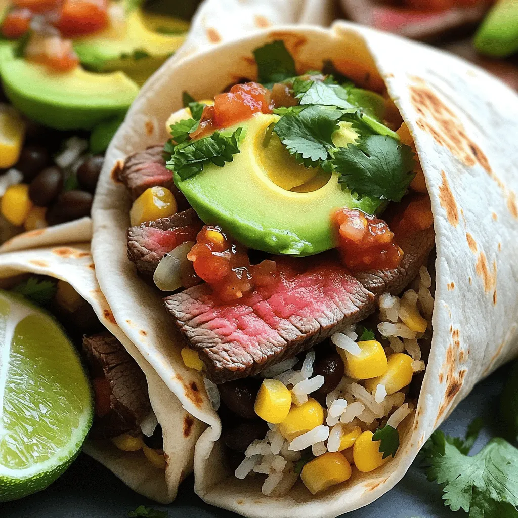 - 1 lb flank steak, trimmed - 4 large flour tortillas - 1 can (15 oz) black beans, rinsed and drained - 1 cup corn (fresh or frozen) - 1 avocado, sliced For the Juicy Steak Burritos, the main ingredients shine. Flank steak serves as the heart of the dish. It brings rich flavor and a juicy bite. The flour tortillas wrap all the tasty fillings snugly. Black beans add protein and creaminess. Corn gives a sweet crunch, while avocado adds creaminess. - 1 tablespoon olive oil - 1 teaspoon smoked paprika - 1 teaspoon garlic powder - 1 teaspoon ground cumin - 1 teaspoon chili powder - Salt and pepper to taste - 1 cup shredded cheese (cheddar or Mexican blend) - 1 cup salsa - Fresh cilantro for garnish - Lime wedges for serving Seasoning makes all the difference. Olive oil keeps the steak moist. Smoked paprika adds a touch of smokiness. Garlic powder and chili powder bring warmth. Ground cumin gives a savory note. Salt and pepper enhance all the flavors. Toppings are where you get creative. Shredded cheese melts into the warm burrito. Salsa adds a burst of freshness. Fresh cilantro brightens every bite. Lime wedges give a zesty kick. You can find the full recipe to guide you through making these delicious burritos. First, mix the olive oil, smoked paprika, garlic powder, cumin, chili powder, salt, and pepper in a bowl. This mix adds great flavor to the steak. Rub it all over the flank steak. For the best taste, marinate your steak for at least 30 minutes at room temperature. If you have time, marinate it for up to 2 hours in the fridge. This extra time lets the flavors soak in better. You can use a grill pan or an outdoor grill to cook the steak. Heat your grill or pan to medium-high heat. Once it's hot, add the steak. Cook it for 5-7 minutes on each side for medium-rare. If you like your steak more done, just cook it a bit longer. After cooking, let it rest for 5-10 minutes. This helps keep the juices in. Slice the steak thinly against the grain for the best texture. In a large bowl, combine the cooked rice, black beans, corn, and half of the shredded cheese. Mixing these ingredients gives a tasty base for your burrito. To enhance the flavors, you can add a bit of lime juice or some chopped cilantro. This will add freshness and brightness to the filling. Once mixed, your burrito filling is ready for assembly. For the full recipe, check out the section above. To get great grill marks, heat your grill pan or outdoor grill well. A hot grill sears the meat fast, locking in juices and flavor. Cook the flank steak for about 5-7 minutes on each side for medium-rare. Use a meat thermometer to check; aim for 130°F for a juicy bite. Let the steak rest for 5-10 minutes before cutting. This keeps it tender and moist. Start with a warm flour tortilla. Place it on a flat surface. In the center, add your filling, but don’t overstuff. Fold the sides over the filling first, then roll from the bottom to the top. This keeps the filling inside and makes a tight burrito. If you do it right, you can lift the burrito without anything spilling out. Toasting your burritos adds a nice crunch. Heat a skillet over medium heat. Place the burrito seam-side down for 1-2 minutes until golden brown. Flip and toast the other side. This step not only gives texture but also warms the filling. Crispy burritos make for a fun eating experience. You can enjoy these burritos with fresh salsa or a squeeze of lime for extra flavor. For the full recipe, check out the detailed steps above. {{image_2}} You can easily swap out the flank steak for other proteins. Chicken works great in burritos. Simply grill or sauté it with the same spices. Tofu is a wonderful vegetarian option. Marinate it like the steak and cook until golden. Both choices keep your meal light and tasty. Changing spices can give your burrito a new twist. For a Southwestern kick, use cumin and chili powder. If you're feeling adventurous, add Caribbean spices like jerk seasoning. You can also mix in different beans, like pinto or kidney beans, for variety. Cheese choices can also change the flavor. Try pepper jack for a spicy zing or feta for a tangy touch. To complement your burritos, add some tasty sides. Rice and beans are classic, but you could serve corn salad or a simple green salad. For toppings, unique salsas can brighten your meal. Try mango salsa for sweetness or a spicy tomatillo salsa for heat. A fresh guacamole adds creaminess and flavor. For the full recipe, check out the detailed instructions in the main article. To keep your burritos fresh, store them in the fridge. Wrap each burrito in plastic wrap or foil. This helps keep moisture in and prevents them from drying out. Use airtight containers for added protection. Glass or plastic containers work well. Make sure to seal them tight to maintain freshness. Freezing is a great option if you want to save burritos for later. To freeze, wrap each burrito tightly in foil or plastic wrap. Place them in a freezer-safe bag or container. This keeps air out and protects against freezer burn. When you want to eat them, thaw overnight in the fridge. Reheat in the oven or microwave until warm. This keeps the flavors intact and the texture nice. In the fridge, burritos last about 3-4 days. If you freeze them, they can last up to 3 months. Always check for signs of spoilage. Look for changes in smell, texture, or color. If they seem off, it’s best to throw them away. Enjoy your juicy steak burritos while they’re fresh for the best taste! To make Juicy Steak Burritos, start by marinating the flank steak. Mix olive oil, smoked paprika, garlic powder, cumin, chili powder, salt, and pepper. Rub this mix on the steak and let it sit. Grill the steak for about 5-7 minutes on each side. Rest the steak before slicing it thinly. Next, combine cooked rice, black beans, corn, and half of the shredded cheese in a bowl. To assemble, lay a tortilla flat and add the rice mix, steak, avocado, salsa, and cheese. Fold the tortilla and roll it up tightly. Optional: Toast the burritos in a skillet for a crispy finish. Serve with cilantro and lime. Flank steak is ideal for burritos. It has great flavor and texture. Other good options include skirt steak and sirloin. Skirt steak is very tender and cooks quickly. Sirloin offers a rich taste but may be less tender than flank. All these cuts work well when grilled and sliced thinly. The key is to choose a cut that you enjoy and can cook to your liking. Yes, you can make burritos ahead of time. Prepare them and wrap them tightly in foil or plastic wrap. Keep them in the fridge for up to three days. For longer storage, freeze the wrapped burritos. When ready to eat, reheat in the oven or microwave. This makes meal prep simple and quick. Enjoy your burritos any day of the week! Juicy steak burritos are all about tasty ingredients and smart cooking. From marinating flank steak with spices to grilling for the perfect doneness, each step matters. You can easily customize your burritos with different proteins and flavors. Don’t forget about storing or freezing them for later! With these tips, your burritos will be a hit. Enjoy your cooking journey and create delicious meals that everyone loves. Making burritos can be simple and fun, so get started today!