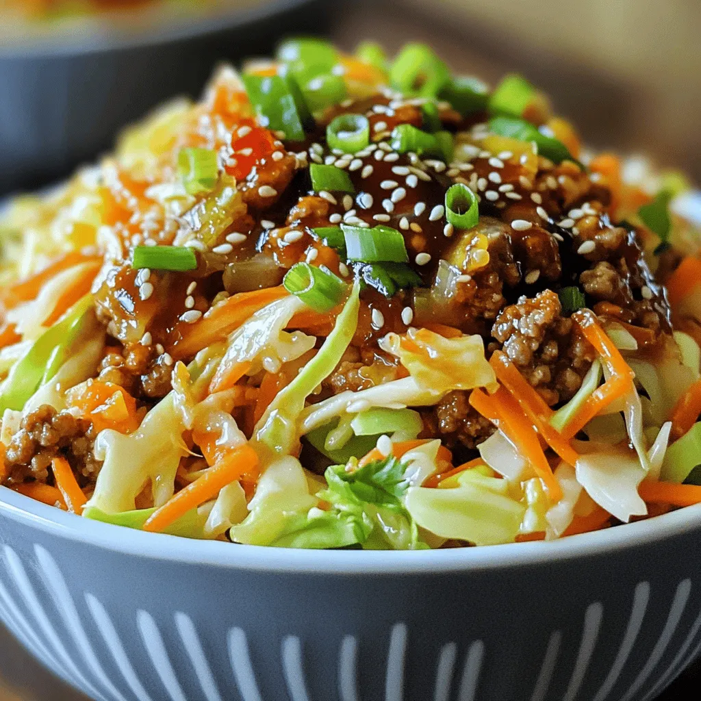 - 1 lb ground turkey or chicken - 4 cups coleslaw mix (cabbage and carrots) - 2 green onions, chopped - 3 cloves garlic, minced - 1 tablespoon fresh ginger, grated The main ingredients of this dish are simple and tasty. Ground turkey or chicken gives it protein. I love using coleslaw mix because it adds crunch and color. Garlic and ginger bring bold flavor. - 3 tablespoons soy sauce (or tamari for gluten-free) - 1 tablespoon sesame oil - 1 tablespoon rice vinegar - 1 teaspoon sriracha or to taste The seasonings and sauces add depth to your egg roll in a bowl. Soy sauce gives umami flavor, while sesame oil adds a nutty touch. Rice vinegar balances the dish with acidity. Adjust sriracha for heat based on your taste. - Sesame seeds - Additional green onions Toppings can make your dish pop! I like adding sesame seeds for a nice crunch. Chopped green onions add freshness and color to the finished meal. You can find the Full Recipe to guide you through making this delicious dish. - Sauté meat and aromatics: Start by heating 1 tablespoon of sesame oil in a large skillet. Use medium-high heat. Add 1 pound of ground turkey or chicken. Cook it until it turns brown, breaking it apart with a spoon. This takes about 5 to 7 minutes. Once the meat is browned, stir in 3 minced garlic cloves and 1 tablespoon of grated ginger. Cook for another minute until you smell the aroma. - Add coleslaw mix: Next, add 4 cups of coleslaw mix to the skillet. This mix has cabbage and carrots. Stir well to combine the meat with the veggies. Cook until the cabbage wilts, which takes about 3 to 4 minutes. - Incorporate sauces and seasonings: After the cabbage wilts, pour in 3 tablespoons of soy sauce, 1 tablespoon of rice vinegar, and 1 teaspoon of sriracha. This adds a nice flavor kick. Mix everything thoroughly. Don't forget to add salt and pepper to taste. - Final cooking to meld flavors: Let the mixture cook for another 2 to 3 minutes. This helps all the flavors blend together nicely. Once done, remove it from heat and stir in 2 chopped green onions for freshness. - Presentation tips for a visually appealing dish: Serve your egg roll in a bowl in colorful bowls. Top it with a sprinkle of sesame seeds and more green onions. This makes the dish look nice and inviting. - Serving in bowls: The dish is best served warm in bowls. This makes it easy for everyone to enjoy. You can also provide extra toppings on the side for added fun. If you want the full recipe, check out the details above! - Alternative proteins: You can use ground beef or pork instead of turkey or chicken. If you want a plant-based option, try crumbled tofu or tempeh. Both work well with the other ingredients. - Gluten-free options: Use tamari instead of soy sauce. Make sure your rice vinegar is gluten-free too. You can also check the coleslaw mix for any hidden gluten. - Adding spices: For extra flavor, add garlic powder or onion powder. You can also include five-spice powder for a nice twist. This can elevate the dish beyond the basic flavors. - Adjusting heat level: If you like it spicy, add more sriracha or even some crushed red pepper flakes. For a milder taste, reduce the sriracha or skip it altogether. - Using a wok versus skillet: A wok can heat up quickly and cook food evenly. This makes it ideal for stir-frying. If you use a skillet, just keep the heat a bit higher to achieve similar results. - Adjusting cooking times: Cooking in a wok may cut your time by a few minutes. Always stir frequently, no matter which pan you use, to keep everything from burning. These small tweaks can make a big difference in your Easy Egg Roll in a Bowl. For the full recipe, check out the section above! {{image_2}} You can easily make this dish vegetarian or vegan. Simply substitute the ground turkey or chicken with tofu or plant-based meat. Firm tofu works best. Just press it to remove excess water, then crumble it into the skillet. This adds a nice texture. Cook it until golden brown, about 5-7 minutes. You can also use lentils or chickpeas for protein. Both add a hearty feel while keeping the dish light. To give your egg roll in a bowl an Asian twist, add more veggies. Bell peppers and mushrooms blend well with the coleslaw mix. They add crunch and flavor. You might also want to incorporate traditional Asian spices. Five-spice powder or a touch of hoisin sauce can elevate the taste. A sprinkle of sesame seeds enhances the look and flavor, too. Feeling adventurous? Try a Mexican egg roll in a bowl. Use ground beef or black beans. Swap soy sauce for taco seasoning. Add corn, black olives, and diced tomatoes for extra zest. For a Mediterranean vibe, consider using ground lamb or chickpeas. Mix in Kalamata olives and feta cheese. This gives a fresh and unique flavor profile that is sure to impress. For a full recipe, check out the Egg Roll in a Bowl Delight. To keep your egg roll in a bowl fresh, store leftovers promptly. Use a clean, airtight container. Glass or plastic containers work well. You can refrigerate the dish for up to three days. Label the container with the date to keep track. When reheating, aim for the best taste and texture. The microwave is quick but may not keep the crispness. I suggest using a skillet. Heat it on medium until warm. Stir occasionally to heat evenly. This method helps maintain the crunch of the coleslaw mix. For long-term storage, freeze your egg roll in a bowl. Let it cool completely first. Place it in a freezer-safe container or a heavy-duty freezer bag. It can last up to three months in the freezer. When ready to eat, thaw it overnight in the fridge. Reheat it in a skillet as mentioned earlier. This helps it taste fresh and delicious. You can easily change this recipe to fit your taste. Here are some ideas: - Protein swaps: Use ground beef, pork, or tofu for a different flavor. - Vegetable add-ins: Try bell peppers, zucchini, or mushrooms for extra crunch. - Spices: Add red pepper flakes or five-spice powder for more heat. - Herbs: Fresh cilantro or basil can brighten up the dish. These options let you create a meal that suits your palate. Yes, you can prep this dish in advance. Here are some tips: - Cook the meat: You can brown the meat a day before. Store it in the fridge. - Chop vegetables: Prepare the coleslaw mix and aromatics ahead. Keep them in airtight containers. - Storage: Keep everything separate until you're ready to cook. Mixing keeps the veggies fresh. This way, you can enjoy a quick meal any night of the week. Making this recipe gluten-free is simple. Here are some suggestions: - Soy sauce: Use tamari instead of regular soy sauce. Tamari is gluten-free. - Rice vinegar: Most rice vinegars are gluten-free, but check labels. - Sriracha: Ensure your sriracha is gluten-free as some brands may contain gluten. With these swaps, you can enjoy a tasty egg roll in a bowl without gluten! This recipe blends ground turkey, coleslaw, and tasty sauces for a delightful dish. You can customize the flavors and try different toppings. Remember to follow the cooking steps for the best results. With various options for substitutions and meal prep, this dish fits many tastes. Enjoy your cooking and feel free to get creative. It’s simple, fun, and perfect for sharing!
