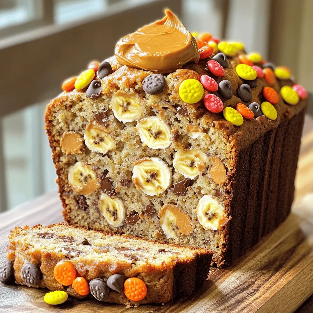 To make this tasty banana bread, you need some key ingredients. Here’s what you will gather: - 3 ripe bananas, mashed - 1/2 cup creamy peanut butter - 1/3 cup melted butter - 3/4 cup brown sugar - 1 large egg, beaten - 1 teaspoon vanilla extract - 1 teaspoon baking soda - 1/4 teaspoon salt - 1 1/2 cups all-purpose flour - 1/2 cup chocolate chips (preferably semi-sweet) - 1/2 cup Reese’s Pieces candies These ingredients work together to give the bread its rich flavor. The ripe bananas add natural sweetness and moisture. Peanut butter brings that creamy, nutty taste we love. You can add a few optional ingredients for extra flavor. Consider these: - 1/2 teaspoon cinnamon for a warm spice - 1/4 cup chopped nuts for crunch - 1/4 cup yogurt for extra moisture These options let you customize your bread. A sprinkle of cinnamon makes it cozy. Nuts add a nice texture. Yogurt keeps it soft and fluffy. If you need to swap some ingredients, here are some easy ideas: - Substitute almond butter for peanut butter if you have a nut allergy. - Use coconut oil instead of melted butter for a dairy-free option. - You can replace all-purpose flour with whole wheat flour for more fiber. These substitutions can help fit your dietary needs. They keep the flavor and fun of the original recipe alive. For the full recipe, check the details above! To make Reese’s Peanut Butter Banana Bread, first gather your ingredients. You will need: - 3 ripe bananas, mashed - 1/2 cup creamy peanut butter - 1/3 cup melted butter - 3/4 cup brown sugar - 1 large egg, beaten - 1 teaspoon vanilla extract - 1 teaspoon baking soda - 1/4 teaspoon salt - 1 1/2 cups all-purpose flour - 1/2 cup chocolate chips (preferably semi-sweet) - 1/2 cup Reese’s Pieces candies Start by preheating your oven to 350°F (175°C). Grease a 9x5 inch loaf pan. This step helps the bread not stick. In a large bowl, mix the mashed bananas with the melted butter. Stir until they blend well. Next, add the peanut butter, brown sugar, beaten egg, and vanilla extract. Mix until the batter is smooth and creamy. Now, sprinkle the baking soda and salt over the banana mixture. Stir until everything is mixed well. Gradually add the all-purpose flour. Mix just enough to combine. Be careful not to overmix; this keeps the bread light. Fold in the chocolate chips and Reese’s Pieces, ensuring even distribution. Pour the batter into your prepared loaf pan. Bake for 60 to 65 minutes. Check the bread by inserting a toothpick into the center. It should come out clean when the bread is done. Once baked, let the banana bread cool in the pan for about 10 minutes. This helps it set. After that, transfer it to a wire rack to cool completely. For serving, slice the banana bread and enjoy it warm. You can add a dollop of peanut butter on top. Sprinkle a few extra Reese’s Pieces around for fun and crunch. For the full recipe, check the recipe section above. When making Reese’s Peanut Butter Banana Bread, a few mistakes can spoil your fun. First, don’t skip the ripe bananas. They bring the best taste and sweetness. Next, avoid overmixing the batter. This can make your bread tough instead of soft. Lastly, check your oven temperature. If it’s too hot or too cold, your bread may not bake evenly. To get that perfect soft texture, use room temperature ingredients. This includes your peanut butter and egg. Mixing the mashed bananas with melted butter is key. It helps create a nice blend. When adding the flour, mix just until combined. This keeps the bread light and fluffy. Also, let your bread cool completely before slicing. This helps it set up nicely. Ripe bananas are the secret to great flavor in this bread. Look for bananas with brown spots. They are sweeter and mash easier. If you have bananas that are not ripe, you can speed up the process. Place them in a paper bag with an apple. The ethylene gas from the apple will help ripen the bananas quicker. Remember, the riper the banana, the better the taste in your bread. For the full recipe, check out the details above. {{image_2}} You can play with flavors in Reese’s peanut butter banana bread. Add-ins make it fun! For a nutty crunch, toss in chopped walnuts or pecans. You can also mix in shredded coconut for a tropical vibe. Want a spice kick? Try adding a teaspoon of cinnamon or a pinch of nutmeg. These small changes add depth to your bread. You can make this recipe gluten-free. Use a gluten-free flour blend instead of all-purpose flour. This swap keeps the taste while making it safe for gluten-sensitive folks. For a vegan version, replace the egg with a flax egg or applesauce. Use vegan peanut butter that has no added sugars. These changes keep the flavor while fitting different diets. Why not mix in some of your favorite snacks? Swap out Reese’s Pieces for M&M’s or Skittles for a colorful twist. Crushed Oreo cookies can add a fun flavor. You can even sprinkle some crushed pretzels on top for a sweet and salty combo. Each twist gives your banana bread a new life. You can find the full recipe to get started on your delicious adventure in baking! Once your Reese’s Peanut Butter Banana Bread cools, store it in an airtight container. This keeps it moist and fresh. You can also wrap it in plastic wrap or aluminum foil. If you store it this way, it can last for about 3 to 5 days at room temperature. For longer storage, consider refrigeration, which can extend its life to about a week. To freeze your banana bread, first let it cool completely. Wrap it tightly in plastic wrap. Then, place the wrapped bread in a freezer bag or container. This helps prevent freezer burn. You can freeze the bread for up to 3 months. When you are ready to enjoy it, simply thaw it in the fridge overnight. To reheat your banana bread, preheat your oven to 350°F (175°C). Place slices on a baking sheet for about 10-15 minutes. This warms the bread and keeps it soft. You can also use a microwave for quick heating, but only for about 15-20 seconds. Enjoy your warm slice with a touch of peanut butter or some extra Reese’s Pieces on top. For the full recipe, check out the details above. Reese’s Peanut Butter Banana Bread stays fresh for about 3 to 4 days at room temperature. Keep it covered to prevent it from drying out. You can also store it in the fridge for up to a week. If you want it to last longer, consider freezing it. Yes, you can make this recipe ahead of time. The banana bread tastes great even after a day or two. If you prefer, bake it a day prior to serving. Just let it cool completely before wrapping it tightly. You can also prepare the batter a day ahead and bake it later. Reese’s Peanut Butter Banana Bread pairs well with many foods. You can enjoy it plain or spread with more peanut butter. It also tastes great with butter or cream cheese. For a fun twist, serve it with chocolate syrup or honey. This blog post covered everything about making Reese’s Peanut Butter Banana Bread. We explored key ingredients, optional flavors, and substitutions. You learned step-by-step instructions for preparation and baking. We shared tips to avoid mistakes and achieve the best texture. You discovered fun variations, storage tips, and answers to common questions. In my view, making this bread is easy and fun. Enjoy experimenting with different flavors and textures. Your next baking project will be a hit!