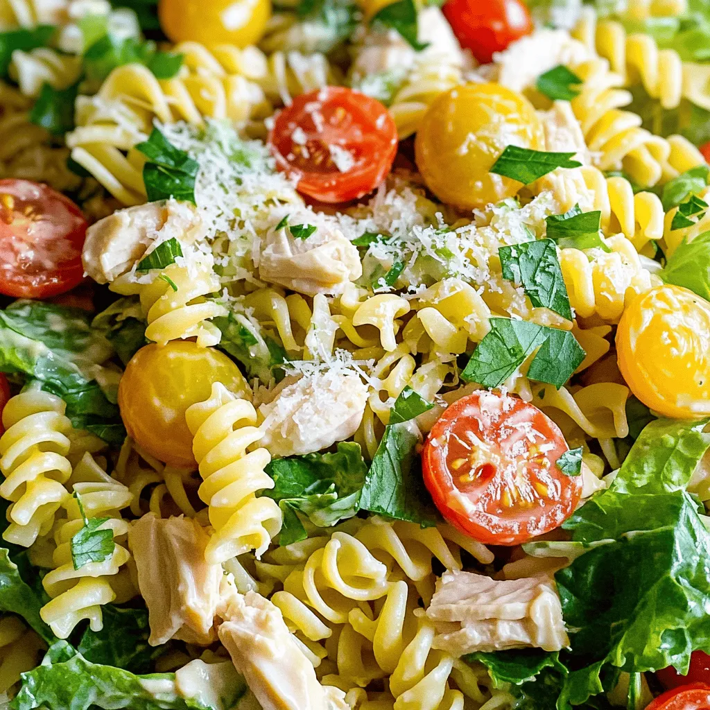 To make a tasty Chicken Caesar Pasta Salad, gather these items: - 8 oz rotini pasta - 1 cup cooked chicken breast, diced - 1 cup romaine lettuce, chopped - ½ cup cherry tomatoes, halved - ¼ cup parmesan cheese, grated - ⅓ cup Caesar dressing - 2 tablespoons olive oil - 1 teaspoon garlic powder - Salt and pepper to taste - Fresh parsley for garnish (optional) You can use fresh or pre-cooked chicken in this salad. Fresh chicken gives a nice, juicy bite. Cook it simply by boiling or grilling. Let it cool before dicing. Pre-cooked chicken is a great time-saver. You can find it in stores, already cooked and ready to use. Whichever you choose, make sure it’s flavorful and safe to eat. Choosing the right Caesar dressing can make a big difference. Some popular brands include Ken's Steakhouse, Marie's, and Annie's. These brands have rich flavors and creamy textures. You can also make your own dressing at home with simple ingredients. Just mix garlic, lemon juice, anchovy paste, and mayonnaise for a homemade touch. Start by cooking the rotini pasta. Boil a large pot of water. Add a pinch of salt for taste. Cook the pasta according to the package instructions until it is al dente. This usually takes about 8 to 10 minutes. Once done, drain the pasta and rinse it under cold water. This stops the cooking process and cools it down. Set the pasta aside in a large mixing bowl. Next, it’s time to mix the salad. In the same bowl with the pasta, add the diced chicken, chopped romaine lettuce, and halved cherry tomatoes. These ingredients add great flavor and texture. Toss them gently with the pasta. You want everything to mix well without breaking the pasta. Now, let’s make the Caesar dressing. In a small bowl, whisk together the Caesar dressing, olive oil, garlic powder, salt, and pepper. Make sure all the ingredients blend well. Pour this dressing over the salad mixture. Toss everything together gently to coat all the ingredients. Add the grated parmesan cheese next. Fold it into the salad. This will add a rich, cheesy flavor. If needed, adjust the seasoning with more salt and pepper. For the best taste, let the salad chill for about 30 minutes. This allows the flavors to meld beautifully. Enjoy your Chicken Caesar Pasta Salad! To make your Chicken Caesar Pasta Salad shine, focus on the flavors. Use fresh, crunchy romaine lettuce for a crisp bite. The dressing should be rich but not overpowering. Start with a bit of Caesar dressing, then add more if you need it. Mix in grated parmesan for a salty kick. Taste as you go to find the right balance. When cooking rotini pasta, follow the package instructions closely. Boil the water first, then add the pasta. Cook until al dente, which means firm to the bite. This helps the pasta hold its shape and not get mushy. Rinse the pasta under cold water after draining. This stops the cooking process and cools it down quickly. Store any leftover Chicken Caesar Pasta Salad in an airtight container. Keep it in the fridge. It’s best to eat it within three days for optimal taste and freshness. If you have extra dressing, store it separately. This keeps the salad from getting soggy. When ready to eat, mix in the extra dressing and enjoy! {{image_2}} You can boost the salad’s nutrition by adding vegetables. Try adding sweet bell peppers, cucumbers, or broccoli. These veggies add crunch and color. You can also toss in peas or spinach for more flavor. Each option brings its own taste and health benefits, making your salad more exciting. If you want to change the protein, you have many choices. You can use shrimp, grilled steak, or even tofu. Each protein adds a different twist to the dish. For a vegetarian option, chickpeas or black beans are great choices. They bring extra protein and fiber to your meal. To make this dish gluten-free, swap the rotini pasta for gluten-free pasta. Many brands offer good alternatives that taste great. For a dairy-free version, skip the parmesan cheese or use a dairy-free substitute. There are many vegan cheeses available that melt well. These changes keep the taste yummy while meeting special diets. For the full recipe, check out my complete guide. To keep your Chicken Caesar Pasta Salad fresh, store it in an airtight container. This helps to lock in flavors and keep it crisp. Make sure to separate the dressing if you plan to eat it later. Adding the dressing right before eating keeps the lettuce from getting soggy. If you have leftovers, try to consume them within a few days for the best taste. Your Chicken Caesar Pasta Salad can stay fresh in the fridge for about 3 to 4 days. After that, the flavors may fade, and the texture can change. Always check for any signs of spoilage before eating. If it smells off or looks different, it's best to toss it out. Freezing Chicken Caesar Pasta Salad is not ideal. The lettuce and dressing do not freeze well. If you want to freeze leftovers, consider just freezing the pasta and chicken. When you're ready to eat, thaw it in the fridge overnight. You can then mix in fresh lettuce and dressing for a better taste. Always serve it cold for the best experience. For a full recipe, check the earlier section. Yes, you can use other pasta shapes. Penne, fusilli, or farfalle work well too. Just ensure the pasta is bite-sized. This makes it easy to eat. Choose a shape you like for fun. Different shapes can add a nice twist to your dish. You can make this salad ahead of time. First, prepare the pasta and chicken. Mix all the ingredients except for the dressing. Store this mix in the fridge. When you're ready to serve, add the dressing. This keeps the salad fresh and tasty. Absolutely! Chicken Caesar Pasta Salad is great for meal prep. It stays fresh in the fridge for a few days. Just portion it into containers. This makes for a quick lunch or dinner. You can grab it on busy days. Plus, it still tastes delicious after a day or two. For the full recipe, check the details above. In this post, we covered how to make Chicken Caesar Pasta Salad. We examined fresh and pre-cooked chicken options, plus different Caesar dressings. You learned easy steps to prepare the pasta and mix ingredients. I shared tips for great flavors and best storage practices. You can also try various veggie and protein options to make the salad your own. Now you can enjoy this tasty dish anytime! Keep experimenting and have fun.