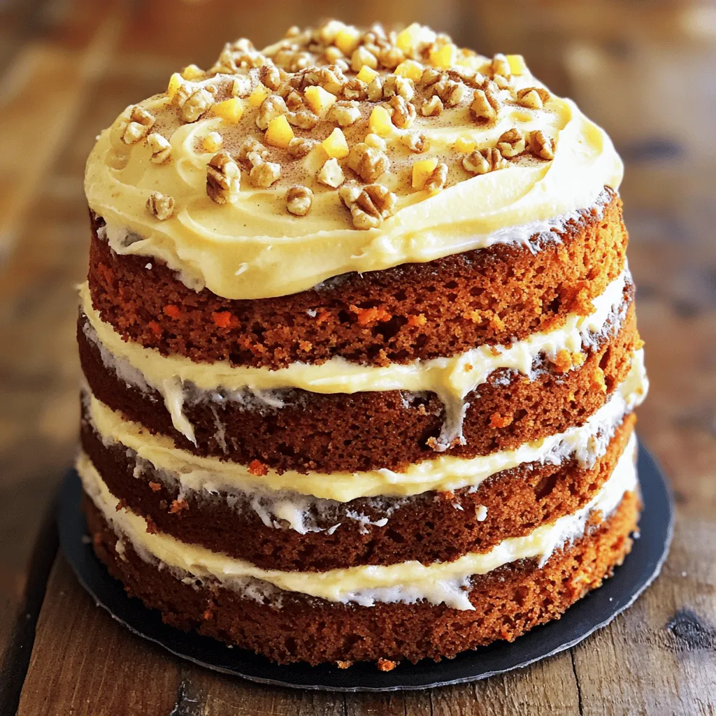 - 2 cups all-purpose flour - 2 cups granulated sugar - 4 large eggs - 3 cups grated carrots - 1/2 cup unsalted butter - 1 teaspoon ground cinnamon - 2 tablespoons maple syrup - 1/2 cup chopped walnuts or pecans - 1 cup crushed pineapple, drained When I create a carrot cake, I always start with the main ingredients. I use all-purpose flour for the base. It gives the cake a nice texture. Granulated sugar adds sweetness. Eggs help bind everything together. Grated carrots are key. They make the cake moist and flavorful. For the cinnamon butter, I choose unsalted butter. It mixes well with the spices. Ground cinnamon brings warmth and depth. I add maple syrup for a hint of sweetness. This combination makes each bite special. Sometimes, I add optional ingredients. Chopped walnuts or pecans add crunch. Crushed pineapple adds extra moisture and a fruity taste. These options let you customize the cake to your liking. For the full recipe, you can check out the complete details. Happy baking! - Preheat the oven to 350°F (175°C). - Grease and flour two 9-inch round cake pans. - In a large bowl, whisk together 2 cups of flour and 2 cups of sugar. - Add 1 teaspoon of baking powder, 1 teaspoon of baking soda, 1 teaspoon of ground cinnamon, 1/2 teaspoon of ground nutmeg, and 1/2 teaspoon of salt. Mix until well combined. - In another bowl, beat 4 large eggs. - Add 1 cup of vegetable oil and 1 teaspoon of vanilla extract. Whisk until smooth. - Gradually add the wet mixture to the dry mixture, stirring gently. - Fold in 3 cups of grated carrots and 1 cup of crushed pineapple. - Divide the batter equally between the two prepared pans. - Bake for 25-30 minutes. Check doneness with a toothpick; it should come out clean. - Let the cakes cool in the pans for 10 minutes. - Invert them onto wire racks to cool completely. - For the cinnamon butter, mix 1/2 cup of softened butter, 1 teaspoon of ground cinnamon, and 2 tablespoons of maple syrup until smooth. - Once cooled, place one cake layer on a plate. Spread cinnamon butter on top. Add the second layer and frost the top and sides. - Optionally, sprinkle some chopped nuts on top. Enjoy your savory carrot cake with cinnamon butter delight! For the complete recipe, check the Full Recipe link provided earlier. To make your carrot cake moist, always use fresh ingredients. Fresh eggs and ripe carrots work best. Grate the carrots finely for a smooth texture. If you leave them too big, the cake may be uneven. I like to use a box grater or food processor for quick grating. This method ensures even distribution in the batter. Using fresh spices makes a big difference. Ground cinnamon and nutmeg add warmth to the cake. You can also add ginger for a little kick. If you want more flavor, consider adding raisins or coconut. These ingredients can enhance the taste and texture. For a smooth frosting finish, make sure your cinnamon butter is soft. Blend the butter well with the cinnamon and maple syrup. If it’s too thick, add a bit more syrup. When frosting, start with a thin layer to catch crumbs. Then, add a thicker layer on top. For decoration, sprinkle chopped nuts or even edible flowers. This adds a nice touch and makes your cake look stunning. For the full recipe, check out the Carrot Cake Delight with Cinnamon Butter. {{image_2}} You can make your carrot cake a bit healthier. One way is to use whole wheat flour instead of all-purpose flour. Whole wheat flour adds fiber and nutrients. Just swap it one-for-one in the recipe. Reducing sugar content is another option. You can cut the sugar by a third without losing taste. You can also use natural sweeteners like honey or agave syrup. Just keep in mind that these will add moisture, so adjust the liquid in the recipe. Add raisins or shredded coconut for a fun twist. Both mix well with the cake’s flavors. Raisins add chewiness while coconut brings a tropical vibe. You can also experiment with spices. Try adding ginger or cloves for a unique flavor profile. Each spice changes the cake's taste, making it exciting every time you bake. Cream cheese frosting is a classic, but many alternatives exist. You can use Greek yogurt with a bit of honey for a lighter option. This gives a tangy flavor and creamy texture. Chocolate ganache is another great twist. It adds richness and pairs well with the carrots. To make it, melt chocolate with cream, then let it cool slightly before spreading it on the cooled cake. For the full recipe, check out the original details! To keep your carrot cake fresh, you can store it at room temperature or in the fridge. If you plan to eat it within two days, room temperature is fine. Just cover it with plastic wrap or place it in an airtight container. This keeps it moist and tasty. If you want to save it longer, put it in the fridge. Wrap the cake tightly in plastic wrap. This helps prevent it from drying out. You can freeze your carrot cake for later enjoyment. First, let the cake cool completely. Then, wrap each layer in plastic wrap. After that, place the wrapped cake in a freezer-safe bag or container. Be sure to label it with the date. When you’re ready to eat it, take the cake out and let it thaw in the fridge overnight. To serve, just let it sit at room temperature for about 30 minutes. Carrot cake lasts about 5 days in the fridge. It can stay fresh for up to 3 months in the freezer. Check for signs of spoilage before you eat it. If you see mold, smell a sour odor, or notice a change in texture, it's best to throw it away. Keeping your cake stored properly will help it taste great for longer. For the full recipe, visit the link provided above. Yes, you can make this carrot cake ahead of time. Prepare it a day or two before you need it. Just store the cake layers covered at room temperature for up to two days. For longer storage, keep them in the fridge. Frost the cake just before serving. This helps the cake stay fresh and moist. Absolutely! If you have allergies, you can use alternatives. For eggs, use flax eggs or applesauce. You can swap all-purpose flour for oat flour or almond flour. Choose nut-free options by leaving out nuts. No problem! If you lack an ingredient, you can often substitute it. If you don't have pineapple, use applesauce. For walnuts or pecans, try sunflower seeds. You can even skip the nuts entirely. To make this cake gluten-free, replace all-purpose flour with a gluten-free flour blend. Look for a blend that includes xanthan gum. This helps mimic the texture of regular flour. You can also use almond flour or coconut flour, but adjust the liquid in the recipe since they absorb moisture differently. You now have everything you need to make a great carrot cake. We walked through the key ingredients, like flour, sugar, and carrots. I shared tips for baking, storing, and even variations to try. Remember, experimenting can lead to delicious twists. So, gather your ingredients, preheat that oven, and enjoy the fun of baking. A tasty carrot cake awaits you!