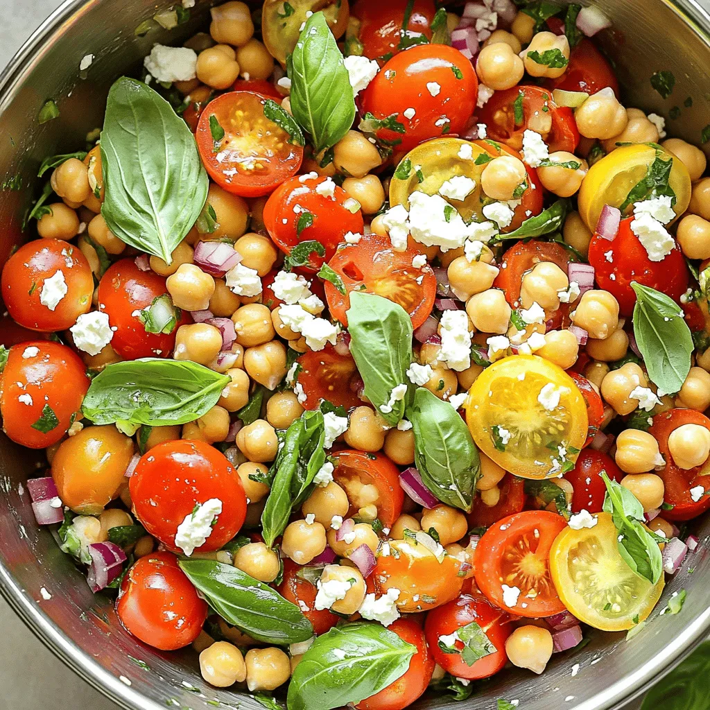 To make the High Protein Chickpea, Basil & Tomato Salad, gather these fresh and simple ingredients: - 1 can (15 oz) chickpeas, rinsed and drained - 1 cup cherry tomatoes, halved - 1/2 cup fresh basil leaves, torn - 1/4 cup red onion, finely chopped - 1/4 cup feta cheese, crumbled (optional for added protein) - 2 tablespoons olive oil - 1 tablespoon lemon juice - 1 teaspoon garlic powder - Salt and pepper to taste For extra protein and flavor, you can try adding: - 1/2 cup cooked quinoa - 1/4 cup sunflower seeds - 1/4 cup cooked and diced chicken breast When selecting fresh ingredients, look for: - Chickpeas: Choose canned chickpeas with no added salt for health. - Tomatoes: Pick bright, firm cherry tomatoes for sweetness. - Basil: Smell the basil. It should have a strong, fresh scent. - Onions: Use a red onion for a milder, sweeter taste. - Feta Cheese: Select a creamy feta for the best texture. Always wash your herbs and vegetables well to ensure freshness and safety. For the full recipe, check the instructions and enjoy making this tasty salad! To make the High Protein Chickpea, Basil & Tomato Salad, follow these simple steps. Preparation Steps 1. Mix the Ingredients: In a large mixing bowl, combine the rinsed and drained chickpeas, halved cherry tomatoes, torn basil leaves, and finely chopped red onion. This mix brings bright colors and flavors to the salad. 2. Add Feta Cheese: If you want extra protein, add the crumbled feta cheese to the bowl. This gives a creamy texture and a salty kick that pairs well with the other ingredients. 3. Make the Dressing: In a small bowl, whisk together the olive oil, lemon juice, garlic powder, salt, and pepper. Whisk until it blends well. This dressing adds a zesty flavor, enhancing the salad's overall taste. 4. Combine Everything: Drizzle the dressing over the chickpea mixture. Gently toss all the ingredients together until they are evenly coated. This step ensures that every bite is full of flavor. 5. Taste and Adjust: Take a moment to taste the salad. If you think it needs more seasoning, add a bit more salt or pepper to your liking. 6. Flavor Melding Process: Let the salad sit for about 10 minutes before serving. This allows the flavors to meld together, making each bite even more delicious. Serve it chilled or at room temperature for the best experience. For a detailed view of the ingredients, check out the Full Recipe. To make your High Protein Chickpea, Basil & Tomato Salad shine, adjust the seasoning. Start with a pinch of salt and pepper. Taste the salad before adding more. This ensures you find the perfect flavor. For the best flavor balance, use fresh ingredients. Fresh basil brings a bright taste. Cherry tomatoes add sweetness. Rinse the chickpeas well to remove any can taste. This simple step elevates your dish. When it comes to presentation, serve the salad in a large bowl. A platter also works well. This allows colors to pop. Garnish with extra basil leaves on top. A sprinkle of feta cheese adds a special touch. For extra flair, consider adding a drizzle of balsamic glaze. It creates a nice contrast. Remember, a beautiful dish makes it more inviting. Enjoy every bite of this vibrant salad! For the complete recipe, check the Full Recipe section. {{image_2}} You can switch up the chickpeas for other beans or legumes. White beans or black beans both work well. They add protein and taste. You can also try lentils for a different texture. Using seasonal veggies can change the salad’s flavor. Fresh corn in summer adds sweetness. In fall, roasted squash gives warmth. You can toss in diced cucumbers for a crisp bite or bell peppers for color. For dressings, olive oil and lemon juice are great, but you can try others. A balsamic vinaigrette adds a sweet tang. A tahini dressing brings a nutty flavor. You can mix herbs, like dill or parsley, to change the taste. With these swaps, you can keep the recipe fresh and exciting. Check out the Full Recipe for more ideas! To keep your High Protein Chickpea, Basil & Tomato Salad fresh, store it in the fridge. Use an airtight container to keep out air and moisture. This helps maintain the salad's flavor and texture. Recommended container types: - Glass containers with tight lids - Plastic food storage containers - Mason jars for single servings The salad stays fresh for up to three days in the fridge. If you want to keep it longer, consider freezing it. However, note that freezing may change the texture of the tomatoes and basil. Shelf life and freezing options: - In the fridge: 3 days - In the freezer: 1 month (for best quality) Remember, if you freeze the salad, it’s best to eat it fresh after thawing. Always check for signs of spoilage before eating. Enjoy your salad knowing it stays crisp and tasty for days! How can I make this salad vegan? To make this salad vegan, skip the feta cheese. You can use a vegan cheese or leave it out. The salad will still taste great without it. Can I prepare the salad a day ahead? Yes, you can prepare this salad a day ahead. Just store it in the fridge in an airtight container. This allows the flavors to blend well. What are the nutrition benefits of chickpeas? Chickpeas are high in protein and fiber. They help you feel full and support digestion. They also contain vitamins and minerals, like iron and folate. Is this salad suitable for meal prep? Absolutely! This salad is perfect for meal prep. It stays fresh in the fridge and serves as a quick lunch or snack throughout the week. How do I make it gluten-free? This salad is naturally gluten-free. Just ensure that any additional ingredients, like dressings, are also gluten-free. This way, you can enjoy it worry-free. For the full recipe, check out the detailed instructions above. Enjoy your delicious High Protein Chickpea, Basil & Tomato Salad! This blog post shared a tasty High Protein Chickpea, Basil & Tomato Salad recipe. You learned about the key ingredients and how to prepare them with step-by-step instructions. I offered tips to perfect the flavor and presentation. You also explored variations and found helpful storage info. In conclusion, this salad is simple, nutritious, and easy to adjust. Enjoy making your unique version and share it with friends!