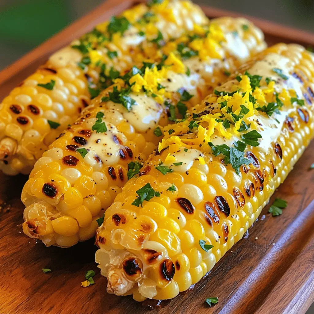 To make Lemon Pepper Corn on the Cob, you will need these simple ingredients: - 4 ears of fresh sweet corn, husked - 1/4 cup unsalted butter, melted - 2 tablespoons fresh lemon juice - 1 teaspoon lemon zest - 1 teaspoon freshly cracked black pepper - 1 teaspoon garlic powder - 1 teaspoon fresh parsley, chopped (for garnish) - Salt to taste These ingredients come together to create a bright and zesty dish. Fresh corn adds sweetness, while lemon juice and zest give it a refreshing kick. The butter enhances the rich flavor, and the black pepper adds a nice bite. Garlic powder rounds out the taste, making it perfect for summer barbecues or any meal. When you use fresh corn, look for ears that feel firm and heavy. The silk should be slightly sticky, and the kernels should be plump. This will ensure you get the best flavor for your dish. Remember, this recipe is easy and quick. You can whip it up in about 20 minutes. So, gather your ingredients, and let’s get cooking! For the full recipe, check the earlier section. - Husk corn and remove silk - Rinse and pat dry corn Start by husking each ear of corn. Pull down the green outer leaves and remove the silky threads. This makes the corn clean and ready to cook. Rinse the corn under cool running water to remove any dirt. After rinsing, pat the corn dry with a towel to prevent excess water from affecting your seasoning mix. - Whisk together melted butter, lemon juice, lemon zest, black pepper, garlic powder, and salt In a small bowl, melt your butter in the microwave or on the stove. Once it’s melted, add fresh lemon juice and lemon zest for that tangy flavor. Next, mix in freshly cracked black pepper and garlic powder. Add a pinch of salt to bring all the flavors together. Whisk until it’s smooth and well combined. This lemon butter will add a zesty kick to your corn. - Preheat grill or boil corn - Grilling instructions: Brush with lemon butter, grill for 10-12 minutes Before you start cooking, preheat your grill to medium-high heat, about 400°F. If you prefer, you can also boil the corn in water for 5-7 minutes. For grilling, place the corn directly on the grill or in a grill pan. Use a pastry brush to generously apply the lemon butter mixture over the corn. Grill the corn for 10-12 minutes, turning it every few minutes. This helps to get those beautiful grill marks and ensures even cooking. Baste the corn with more lemon butter as it grills for extra flavor. Once cooked, remove the corn and drizzle any leftover butter on top. Serve it hot for the best taste. For the full recipe, check out the details above. To make lemon pepper corn just right, adjust the lemon and pepper levels. You can add more lemon juice for a tangy kick. If you love spice, increase the black pepper. This dish shines with balance. For even grilling, rotate the corn every few minutes. This way, all sides get that nice char. Keep an eye on the corn to avoid burning. Boiling and grilling each has its perks. Boiling is quick and easy, but grilling adds a smoky flavor. If you grill, you get those lovely grill marks. To boil, just place corn in a pot of water for 5-7 minutes. For oven roasting, preheat to 400°F. Wrap corn in foil with the lemon butter mix, then roast for about 25 minutes. This method keeps the corn juicy and flavorful. Lemon pepper corn pairs well with many sides. Try it with grilled chicken or fish for a nice balance. A fresh salad also complements it well. Serve the corn warm for the best taste. The heat helps the flavors pop. Enjoy it right off the grill or oven for a tasty treat. For the full recipe, check the earlier section. {{image_2}} You can easily swap out some ingredients. For a twist, use chili powder or cumin instead of the black pepper. These spices give the corn a warm kick. If you want a dairy-free dish, try using olive oil or coconut oil in place of butter. Each option adds its own unique flavor. You can also make lemon pepper corn in the oven. Preheat it to 400°F. Wrap each ear of corn in foil with the lemon butter mixture. Bake for about 20-25 minutes. This method keeps the corn moist and juicy. If you need a quick fix, try the microwave. Place the corn in a dish with a little water and cover it. Microwave for about 4-6 minutes. This method is fast and easy. Want to make your corn even better? Add cheese like Parmesan or feta on top after cooking. Fresh herbs like cilantro or chives also work great. If you want to turn this side dish into a meal, add grilled chicken or shrimp. These proteins will create a tasty and filling dish that everyone will love. After you enjoy your lemon pepper corn on the cob, store any leftovers properly. - Refrigerating cooked corn on the cob: Place the corn in an airtight container. It can stay fresh in the fridge for up to 3 days. Make sure to wrap it tightly to keep it moist. - Freezing options for prepped corn: If you want to save it longer, you can freeze the corn. Husk and cook the corn first. Then, cut the kernels off the cob. Place the kernels in a freezer bag. Squeeze out all the air and seal it. Frozen corn can last for about 6 months. When you're ready to eat your leftover corn, follow these simple tips to keep it tasty. - Best practices for reheating corn: The best way to reheat corn is by steaming it. Place it in a pot with a small amount of water, cover, and heat on medium. This method keeps the corn juicy. - Avoiding rubbery texture: To prevent rubbery corn, do not microwave it for too long. If using a microwave, cover it with a damp paper towel. Heat in short bursts, checking often. This will help maintain its texture. Lemon pepper seasoning is a blend of lemon zest and cracked black pepper. It adds a bright, zesty flavor to dishes. You can use it on meats, veggies, or even popcorn. It's great for grilling and adds a kick to your meals. The tangy lemon balances the heat from the pepper. This seasoning works well in many recipes, including the zesty lemon pepper corn on the cob. Yes, you can use frozen corn for this recipe. Frozen corn is convenient and saves time. However, fresh corn tastes sweeter and has a better texture. If you use frozen corn, thaw it first. Drain any excess water. The cooking time may be shorter, so check for doneness early. Grilling frozen corn can lead to uneven cooking, so keep an eye on it. You can store leftover corn on the cob in the fridge for up to three days. Wrap it in plastic wrap or foil to keep it fresh. To reheat, you can grill it again or microwave it for a short time. If you want to keep it longer, consider freezing the corn. It can last for up to six months in the freezer. Just make sure to store it in an airtight container. You learned how to make delicious lemon pepper corn with easy steps. The recipe uses fresh ingredients like corn, butter, and lemon, bringing bright flavors to your meal. Remember, grilling gives the best taste, but boiling works too. Feel free to adjust the spices or add toppings to make it your own. Enjoying leftovers is simple; just store or reheat correctly to keep them tasty. Try this dish as a side or main, and delight your family with this fresh, flavorful recipe. It’s sure to impress!