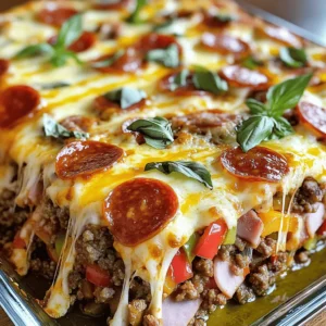 - 1 lb ground beef - 1 lb Italian sausage, casings removed - 1 cup pepperoni slices - 1 cup diced ham - 2 cups shredded mozzarella cheese - 1 cup shredded cheddar cheese - 1 red bell pepper, diced - 1 medium onion, diced - 3 cups marinara sauce - 12 oz pasta (cavatappi or penne work well) - Olive oil for sautéing - 1 tablespoon Italian seasoning - Salt and pepper to taste When I create my Meat Lovers Pizza Casserole, I always start with fresh, high-quality ingredients. The meat is the star here. I use ground beef and Italian sausage for rich flavor. The pepperoni and diced ham add a nice touch of saltiness and variety. For dairy, I love a mix of mozzarella and cheddar cheese. Mozzarella melts beautifully, while cheddar gives a tangy punch. This combo creates a gooey, delicious layer on top. Next, I include fresh veggies. Diced red bell pepper and onion add sweetness and crunch. They also bring color to the dish, making it more appealing. Don't forget the pantry staples! Marinara sauce ties everything together. I choose a good brand or make my own for the best taste. The pasta is vital too; I prefer cavatappi or penne. These shapes hold sauce well and add texture. Finally, I season with Italian herbs, salt, and pepper. A drizzle of olive oil helps sauté the vegetables and meat, adding depth to the flavor. All these ingredients come together to create a comforting dish that my family loves. For the complete list, check the Full Recipe. 1. Preheat your oven to 375°F (190°C). This sets the stage for cooking. 2. Cook the pasta according to the package directions until it's al dente. Drain it and set it aside. The right pasta texture matters for a great casserole. 3. Prepare the meat mixture in a skillet. Heat a splash of olive oil over medium heat. Add 1 lb of ground beef and 1 lb of Italian sausage, breaking them apart with a wooden spoon. Cook until browned. 1. Mix the pasta with the meat sauce. Add the diced onion and bell pepper, sautéing for about 5 minutes until softened. Stir in 1 cup of pepperoni and 1 cup of diced ham, heating them through for about 2-3 minutes. 2. Transfer to a baking dish. Pour in 3 cups of marinara sauce, combining everything well. In a large bowl, mix the cooked pasta with this meaty sauce. Fold in half of the mozzarella and half of the cheddar cheese. 3. Add cheese on top. Transfer this mixture into a greased 9x13-inch baking dish. Evenly spread the remaining mozzarella and cheddar cheese over the top for a cheesy finish. 1. Bake until cheese is melted. Place your dish in the preheated oven and bake for 25-30 minutes. Keep an eye on it until the cheese bubbles and turns golden. 2. Cooling and serving recommendations. Once done, remove the casserole from the oven. Let it cool slightly before serving. For added flair, garnish with fresh basil or parsley. Enjoy the flavors of your Meat Lovers Pizza Casserole with friends and family! For the complete recipe, check out the Full Recipe. - Choosing the right pasta: I love using cavatappi or penne for this dish. These shapes hold the sauce well. They add a fun twist to each bite. You can also try rigatoni if you want. - Importance of not overcooking pasta: Cook the pasta until it is al dente. This means firm to the bite. If you overcook it, the pasta will get mushy in the oven. Aim for about 8-10 minutes of cooking time. Drain it and set it aside right away. - Suggestions for additional toppings: You can add sliced olives or mushrooms for extra flavor. Crushed red pepper will give it some heat. If you want a smoky taste, try adding bacon bits. - Using fresh herbs for garnish: Fresh basil or parsley makes a great garnish. Not only does it look nice, but it also adds fresh flavor. Add it just before serving for the best taste. - Best ways to serve and present the casserole: Serve the casserole hot from the oven. Use a large spoon to scoop it out. For a beautiful touch, sprinkle some fresh herbs on top. You can also drizzle a little olive oil over it for extra flavor. Serve it with a side salad or garlic bread for a complete meal. {{image_2}} You can switch up the meats in this casserole. If you like chicken, use shredded rotisserie chicken. Ground turkey also works well. For a bit of a kick, try adding spicy sausage. If you want to go meatless, replace the meat with mushrooms or zucchini. You can also use chickpeas for protein. These swaps still give you a hearty dish. Cheese makes this dish creamy and rich. While mozzarella and cheddar are favorites, you can play around with cheese blends. Try using provolone for a smooth texture. Parmesan adds a nice salty flavor. If you want some tang, goat cheese can be a fun option. If you are dairy-free, there are many plant-based cheeses available. Look for options made from nuts or soy for a tasty twist. The type of pasta you use can change the dish's texture. Cavatappi and penne are great choices, but you can try rotini or fusilli too. If you need a gluten-free option, use gluten-free pasta made from rice or quinoa. This will still give you that hearty feel. You can also choose whole wheat pasta for added fiber. Each type adds its unique flavor and texture, so don’t be afraid to experiment. When I make Meat Lovers Pizza Casserole, I always have leftovers. To store them properly, let the casserole cool to room temperature. Then, cover it tightly with plastic wrap or foil. You can also use an airtight container. This keeps it fresh and tasty. In the fridge, the casserole lasts about 3 to 4 days. If you want to freeze the casserole, first cool it completely. Then, cut it into portions. Wrap each piece in plastic wrap and foil. This prevents freezer burn. Store the wrapped portions in a freezer bag. When stored this way, it can last up to 3 months. To reheat, you have a few choices. The oven gives the best results. Preheat it to 350°F (175°C). Place the casserole in a baking dish and cover it with foil. Bake for 20-30 minutes. You can also use the microwave. Place a portion in a microwave-safe dish, cover it, and heat for 2-3 minutes. Lastly, you can reheat on the stovetop. Just warm it in a skillet over low heat, stirring often. Enjoy your delicious casserole! A Meat Lovers Pizza Casserole is a hearty dish packed with meats, cheese, and pasta. It pulls flavors from classic pizza. You get ground beef, Italian sausage, pepperoni, and diced ham all in one pan. This dish is perfect for family gatherings and game nights. Its origins come from combining the best of pizza and pasta into a comforting meal. Yes, you can prepare this dish ahead of time. Make the casserole, cover it, and store it in the fridge for up to 24 hours. When you are ready to bake, just add about 10-15 minutes to the cooking time. You can also store leftovers in the fridge. They will last about 3-4 days. For longer storage, freeze it. Wrap it well and it can last up to 3 months. To add heat, you have many options. Consider using spicy Italian sausage instead of regular. You can also add crushed red pepper flakes or diced jalapeños to the meat mix. For an extra kick, mix in some hot sauce with the marinara sauce. Another fun idea is to top the casserole with spicy pepper jack cheese before baking. This blog post shared a recipe for a Meat Lovers Pizza Casserole. We discussed key ingredients like meats, cheeses, and fresh produce. I provided step-by-step cooking instructions, easy tips, and variations to suit different tastes. This dish is great for family meals and gatherings. Experiment with different meats and toppings to make it your own. With its rich flavors and simple prep, you’re sure to impress everyone at the table. Enjoy your cooking!
