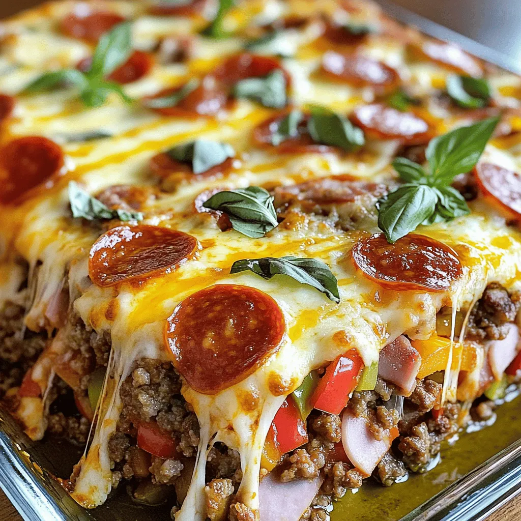 - 1 lb ground beef - 1 lb Italian sausage, casings removed - 1 cup pepperoni slices - 1 cup diced ham - 2 cups shredded mozzarella cheese - 1 cup shredded cheddar cheese - 1 red bell pepper, diced - 1 medium onion, diced - 3 cups marinara sauce - 12 oz pasta (cavatappi or penne work well) - Olive oil for sautéing - 1 tablespoon Italian seasoning - Salt and pepper to taste When I create my Meat Lovers Pizza Casserole, I always start with fresh, high-quality ingredients. The meat is the star here. I use ground beef and Italian sausage for rich flavor. The pepperoni and diced ham add a nice touch of saltiness and variety. For dairy, I love a mix of mozzarella and cheddar cheese. Mozzarella melts beautifully, while cheddar gives a tangy punch. This combo creates a gooey, delicious layer on top. Next, I include fresh veggies. Diced red bell pepper and onion add sweetness and crunch. They also bring color to the dish, making it more appealing. Don't forget the pantry staples! Marinara sauce ties everything together. I choose a good brand or make my own for the best taste. The pasta is vital too; I prefer cavatappi or penne. These shapes hold sauce well and add texture. Finally, I season with Italian herbs, salt, and pepper. A drizzle of olive oil helps sauté the vegetables and meat, adding depth to the flavor. All these ingredients come together to create a comforting dish that my family loves. For the complete list, check the Full Recipe. 1. Preheat your oven to 375°F (190°C). This sets the stage for cooking. 2. Cook the pasta according to the package directions until it's al dente. Drain it and set it aside. The right pasta texture matters for a great casserole. 3. Prepare the meat mixture in a skillet. Heat a splash of olive oil over medium heat. Add 1 lb of ground beef and 1 lb of Italian sausage, breaking them apart with a wooden spoon. Cook until browned. 1. Mix the pasta with the meat sauce. Add the diced onion and bell pepper, sautéing for about 5 minutes until softened. Stir in 1 cup of pepperoni and 1 cup of diced ham, heating them through for about 2-3 minutes. 2. Transfer to a baking dish. Pour in 3 cups of marinara sauce, combining everything well. In a large bowl, mix the cooked pasta with this meaty sauce. Fold in half of the mozzarella and half of the cheddar cheese. 3. Add cheese on top. Transfer this mixture into a greased 9x13-inch baking dish. Evenly spread the remaining mozzarella and cheddar cheese over the top for a cheesy finish. 1. Bake until cheese is melted. Place your dish in the preheated oven and bake for 25-30 minutes. Keep an eye on it until the cheese bubbles and turns golden. 2. Cooling and serving recommendations. Once done, remove the casserole from the oven. Let it cool slightly before serving. For added flair, garnish with fresh basil or parsley. Enjoy the flavors of your Meat Lovers Pizza Casserole with friends and family! For the complete recipe, check out the Full Recipe. - Choosing the right pasta: I love using cavatappi or penne for this dish. These shapes hold the sauce well. They add a fun twist to each bite. You can also try rigatoni if you want. - Importance of not overcooking pasta: Cook the pasta until it is al dente. This means firm to the bite. If you overcook it, the pasta will get mushy in the oven. Aim for about 8-10 minutes of cooking time. Drain it and set it aside right away. - Suggestions for additional toppings: You can add sliced olives or mushrooms for extra flavor. Crushed red pepper will give it some heat. If you want a smoky taste, try adding bacon bits. - Using fresh herbs for garnish: Fresh basil or parsley makes a great garnish. Not only does it look nice, but it also adds fresh flavor. Add it just before serving for the best taste. - Best ways to serve and present the casserole: Serve the casserole hot from the oven. Use a large spoon to scoop it out. For a beautiful touch, sprinkle some fresh herbs on top. You can also drizzle a little olive oil over it for extra flavor. Serve it with a side salad or garlic bread for a complete meal. {{image_2}} You can switch up the meats in this casserole. If you like chicken, use shredded rotisserie chicken. Ground turkey also works well. For a bit of a kick, try adding spicy sausage. If you want to go meatless, replace the meat with mushrooms or zucchini. You can also use chickpeas for protein. These swaps still give you a hearty dish. Cheese makes this dish creamy and rich. While mozzarella and cheddar are favorites, you can play around with cheese blends. Try using provolone for a smooth texture. Parmesan adds a nice salty flavor. If you want some tang, goat cheese can be a fun option. If you are dairy-free, there are many plant-based cheeses available. Look for options made from nuts or soy for a tasty twist. The type of pasta you use can change the dish's texture. Cavatappi and penne are great choices, but you can try rotini or fusilli too. If you need a gluten-free option, use gluten-free pasta made from rice or quinoa. This will still give you that hearty feel. You can also choose whole wheat pasta for added fiber. Each type adds its unique flavor and texture, so don’t be afraid to experiment. When I make Meat Lovers Pizza Casserole, I always have leftovers. To store them properly, let the casserole cool to room temperature. Then, cover it tightly with plastic wrap or foil. You can also use an airtight container. This keeps it fresh and tasty. In the fridge, the casserole lasts about 3 to 4 days. If you want to freeze the casserole, first cool it completely. Then, cut it into portions. Wrap each piece in plastic wrap and foil. This prevents freezer burn. Store the wrapped portions in a freezer bag. When stored this way, it can last up to 3 months. To reheat, you have a few choices. The oven gives the best results. Preheat it to 350°F (175°C). Place the casserole in a baking dish and cover it with foil. Bake for 20-30 minutes. You can also use the microwave. Place a portion in a microwave-safe dish, cover it, and heat for 2-3 minutes. Lastly, you can reheat on the stovetop. Just warm it in a skillet over low heat, stirring often. Enjoy your delicious casserole! A Meat Lovers Pizza Casserole is a hearty dish packed with meats, cheese, and pasta. It pulls flavors from classic pizza. You get ground beef, Italian sausage, pepperoni, and diced ham all in one pan. This dish is perfect for family gatherings and game nights. Its origins come from combining the best of pizza and pasta into a comforting meal. Yes, you can prepare this dish ahead of time. Make the casserole, cover it, and store it in the fridge for up to 24 hours. When you are ready to bake, just add about 10-15 minutes to the cooking time. You can also store leftovers in the fridge. They will last about 3-4 days. For longer storage, freeze it. Wrap it well and it can last up to 3 months. To add heat, you have many options. Consider using spicy Italian sausage instead of regular. You can also add crushed red pepper flakes or diced jalapeños to the meat mix. For an extra kick, mix in some hot sauce with the marinara sauce. Another fun idea is to top the casserole with spicy pepper jack cheese before baking. This blog post shared a recipe for a Meat Lovers Pizza Casserole. We discussed key ingredients like meats, cheeses, and fresh produce. I provided step-by-step cooking instructions, easy tips, and variations to suit different tastes. This dish is great for family meals and gatherings. Experiment with different meats and toppings to make it your own. With its rich flavors and simple prep, you’re sure to impress everyone at the table. Enjoy your cooking!
