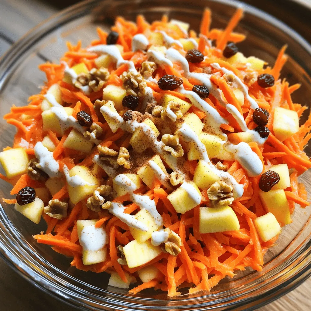 To make a tasty Carrot Apple Salad, you need fresh ingredients. Here’s what you will use: - 2 large carrots, grated - 1 large apple, cored and diced (choose a sweet variety like Honeycrisp or Fuji) - 1/2 cup raisins or dried cranberries - 1/4 cup walnuts, chopped - 1/4 cup Greek yogurt (or dairy-free alternative) - 1 tablespoon honey or maple syrup - 1 tablespoon lemon juice - 1 teaspoon cinnamon - Salt to taste Each ingredient adds its unique flavor and texture. The carrots provide crunch, and the apple adds sweetness. The raisins or cranberries bring in a chewy element, while walnuts add a nutty taste. If you don’t have an ingredient, don’t worry! Here are some easy swaps: - Carrots: You can use zucchini or beets instead. - Apples: Any sweet apple works. Try pears for a different taste. - Raisins: Use chopped dates or dried figs. - Walnuts: Pecans or almonds are great substitutes. - Greek Yogurt: Swap it for sour cream or a dairy-free yogurt. - Honey: Agave syrup or maple syrup works well too. These swaps keep your salad fresh and fun! Choosing seasonal produce is key for great flavor. Seasonal fruits and veggies taste better and are often cheaper. When you pick local, fresh ingredients, you support farmers and your community. In spring, you might find crisp apples and vibrant carrots. In summer, try peaches or cherries for a sweet twist. Fall brings in rich squash and apples, while winter has hearty root veggies. By using seasonal produce, you ensure your Carrot Apple Salad is not just healthy but also bursting with flavor. Enjoy experimenting with different ingredients throughout the year! How to Properly Grate Carrots Grating carrots is simple. First, wash them well. Peel off the skin for a cleaner taste. Use a box grater or a food processor. Grate the carrots into thin strands. Aim for long, even pieces. This will help them mix well with the apples. Best Practices for Dicing Apples Choose a sweet apple like Honeycrisp or Fuji. Start by washing the apple. Cut it in half from top to bottom. Remove the core and seeds. Lay each half flat and slice it into thin wedges. Turn the wedges and dice them into small cubes. This size will blend nicely with the carrots. In a large bowl, combine the grated carrots and diced apples. Add in the raisins or dried cranberries, and the chopped walnuts. These ingredients add sweetness and crunch. In another bowl, mix Greek yogurt, honey or maple syrup, lemon juice, cinnamon, and salt. Stir until it is smooth and creamy. Pour this dressing over the carrot and apple mixture. Toss gently until everything is well-coated. Let the salad sit for about 10 minutes. This waiting time helps the flavors blend. The sweetness from the apples will mix with the tang from the lemon juice. The yogurt adds creaminess, making every bite delicious. Enjoy your Crunchy Carrot Apple Delight! You can find the complete recipe [Full Recipe]. You can boost the taste of your carrot apple salad easily. Try adding fresh herbs like mint or parsley. These herbs add a refreshing kick. You can also toss in some diced celery for extra crunch. If you like spice, a pinch of cayenne pepper can wake up the flavors. Feel free to swap walnuts for pecans or almonds for a nutty twist. For a zesty touch, add more lemon juice. Experiment and find what you love best. To keep your salad fresh, store it in an airtight container. This helps prevent moisture loss. If you make it ahead, add the dressing just before serving. This keeps the carrots and apples crisp. If you have leftovers, eat them within 2 days for the best taste. You can also place a paper towel in the container to absorb excess moisture. This simple trick keeps everything crunchy and fresh. You can easily modify this salad for dietary needs. To make it vegan, swap Greek yogurt for a plant-based yogurt. Use maple syrup instead of honey for sweetness. If you're gluten-free, check that your yogurt and sweeteners are certified gluten-free. For those watching sugar, use less honey or a sugar substitute. This salad is versatile and can fit many diets while still being delicious. {{image_2}} You can add fresh herbs to your carrot apple salad. Mint and parsley are great choices. They bring a burst of flavor. Just chop a few leaves and mix them in. Mint adds a cool taste, while parsley gives a fresh touch. This makes the salad even more delightful. If you want more protein, try adding chicken or tofu. Grilled chicken adds a savory taste. It pairs well with the sweet apple. For a plant-based option, use tofu. Cube it and toss it in. Both options make the salad heartier and more filling. Try different dressings to change things up. A lemon vinaigrette can brighten the salad. Mix olive oil, lemon juice, and a pinch of salt. Another tasty option is a honey mustard dressing. Combine honey, mustard, and a splash of vinegar. Both dressings enhance the flavors in your carrot apple salad. Check the Full Recipe for more ideas! To keep your carrot apple salad fresh, store it in an airtight container. Make sure to seal the lid tightly. This helps keep moisture out and flavors in. Place the container in the fridge as soon as you finish your meal. If you made the salad ahead of time, the same rules apply. Keep it chilled until you are ready to serve. When stored properly, your carrot apple salad can last for about three days in the fridge. After that, the carrots and apples may start to lose their crunch. The yogurt dressing may also become watery. If you notice any strange smells or colors, it’s best to toss it out. If you have leftovers, don’t let them go to waste! You can add them to a wrap or sandwich for extra crunch. Mix the salad with cooked grains like quinoa for a hearty meal. You can also use it as a topping for grilled chicken or fish. This way, you can enjoy the flavors in new and exciting ways. For the full recipe, check out the Crunchy Carrot Apple Delight. Yes, you can make this salad ahead of time. It tastes great when chilled. However, wait to mix the dressing until just before serving. This keeps the carrots and apples crisp. If you mix it early, the salad may get soggy. To make this salad vegan, swap Greek yogurt for a vegan yogurt. Use maple syrup instead of honey. This will keep the salad creamy and sweet without using any animal products. The flavor will still shine through! Carrots and apples are both very healthy. Carrots are packed with vitamin A, which helps your eyes. Apples are full of fiber, which is good for digestion. Together, they boost your immune system. This salad is a tasty way to get your nutrients! Yes, this salad is naturally gluten-free! All the ingredients in this recipe are safe for a gluten-free diet. Just ensure that any added ingredients, like nuts or dried fruits, are also gluten-free. Enjoy your crunchy carrot apple delight without worry! In this blog post, we explored the power of fresh ingredients and how they enhance your salad. We discussed simple preparation steps to help you get the most out of carrots and apples. I shared tips on keeping your salad fresh and customizing it for diet needs. You learned about creative variations, including herbs and dressings, plus storage tips for leftovers. Using fresh, seasonal produce makes salads more tasty and healthy. Enjoy exploring these ideas and making your own delicious salads!