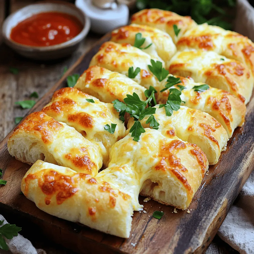To make cheese breadsticks, gather these must-have items: - 2 cups all-purpose flour - 1 tablespoon sugar - 1 teaspoon salt - 2 teaspoons baking powder - 1 cup shredded mozzarella cheese - 1/2 cup milk - 1/4 cup unsalted butter, melted - 2 teaspoons garlic powder - 1 tablespoon fresh parsley (optional) - Marinara sauce (for dipping, optional) You might want to change things up. Here are some easy swaps: - Using whole wheat flour gives a nutty taste and adds fiber. - Dairy-free cheese works well for a vegan option. Look for brands that melt nicely. - Consider adding herbs like oregano or thyme for extra flavor. You can even use Italian seasoning. Fresh ingredients make a big difference in your breadsticks. They improve flavor and texture. Here are some tips: - Choose high-quality mozzarella for the best melt and taste. - Fresh parsley adds a nice color and fresh flavor. Using fresh ingredients ensures your cheese breadsticks are as tasty as possible! 1. Preheat your oven to 375°F (190°C). This step is key for the perfect bake. 2. Line a baking sheet with parchment paper. This helps prevent sticking and makes cleanup easy. 3. In a large bowl, combine 2 cups of all-purpose flour, 1 tablespoon of sugar, 1 teaspoon of salt, and 2 teaspoons of baking powder. Mix well until the dry ingredients blend nicely. 4. Stir in 1 cup of shredded mozzarella cheese. Make sure the cheese is evenly spread through the flour mix. 5. In a separate bowl, mix 1/2 cup of milk and 1/4 cup of melted unsalted butter. Pour this into the dry mix. Stir until a dough forms. 1. Transfer the dough onto a lightly floured surface. 2. Knead it gently for about a minute. This helps the dough become smooth and elastic. 3. Roll the dough into a rectangle about 1/2 inch thick. 4. Cut the dough into strips. Aim for pieces that are about 1 inch wide and 4 inches long. 1. Place the strips on your prepared baking sheet, leaving space between each one. 2. Mix 2 teaspoons of garlic powder with a tablespoon of melted butter in a small bowl. 3. Brush this garlic butter mixture generously over the breadsticks. This adds flavor and a nice golden color. 4. Bake in your preheated oven for 15-18 minutes. Watch for a golden brown color at the edges. 5. Once baked, remove from the oven and let cool slightly. Optionally, sprinkle with fresh parsley before serving. These steps will guide you to make delicious cheese breadsticks. For the Full Recipe, check the details above. To get the best texture, focus on the dough's thickness. It should be about 1/2 inch thick. If it’s too thick, the breadsticks may not cook through. If it’s too thin, they can become dry. Common mistakes include over-kneading the dough. Knead it just enough to make it smooth. Also, avoid adding too much flour. This can lead to dry breadsticks that lose their chewy texture. Cheese breadsticks shine when served warm. You can pair them with marinara sauce for a classic touch. But don’t stop there! Try ranch dressing, garlic butter, or even pesto. For a fun twist, serve them with a cheese board. Add olives, nuts, or sliced meats to make it a feast. To boost flavor, experiment with different herbs and spices. Oregano, basil, or Italian seasoning can add depth. Try mixing in some crushed red pepper for heat. Adding different cheese blends can also change the taste. Combine mozzarella with cheddar or parmesan. Each blend gives a different flavor and texture, making your breadsticks unique. {{image_2}} You can use many types of cheese for your breadsticks. Cheddar adds a sharp taste. Parmesan gives a nutty flavor. Feta brings a tangy kick. Mixing cheeses can make your breadsticks even better. Try a blend of mozzarella and cheddar for a creamy texture. You can also mix parmesan and feta for a bold flavor combination. Celebrate the holidays with special cheese breadsticks. Add toppings like cranberries or chopped nuts for a festive touch. During fall, sprinkle in some pumpkin spice for a seasonal twist. For special occasions, try using colorful herbs or seasonal veggies. This way, you can create a dish that matches the theme of your gathering. You can still enjoy cheese breadsticks if you have dietary restrictions. Use gluten-free flour blends, like rice or almond flour. For dairy-free options, try vegan cheese made from nuts. You may need to adjust the liquid in the recipe to get the right dough. These changes can help everyone enjoy this tasty treat! You can store leftover cheese breadsticks at room temperature for a few hours. If you want to keep them fresh longer, place them in the fridge. To store, wrap them in plastic wrap or foil. This keeps moisture in and prevents them from drying out. Don’t forget to keep them in a sealed container too. To reheat cheese breadsticks, the oven is your best friend. Set the oven to 350°F (175°C). Place the breadsticks on a baking sheet for about 5-10 minutes. This method keeps them crispy. If you're short on time, use the microwave. Heat in short bursts of 15-20 seconds. Be careful, as this method can make them soft. You can freeze cheese breadsticks before or after baking. For freezing before baking, cut the dough into strips. Place them on a baking sheet and freeze for 1-2 hours. Once frozen, wrap them in plastic and store in a freezer bag. To cook, bake straight from the freezer, adding a few extra minutes to the baking time. For frozen baked breadsticks, thaw them overnight in the fridge. Then reheat in the oven for best results. Yes, you can make cheese breadsticks ahead. To prepare the dough, mix the dry ingredients first. Then, add the cheese and wet ingredients. Once you form the dough, wrap it tightly in plastic wrap. Store it in the fridge for up to 24 hours. This way, you can bake them fresh later. Just remember to let the dough warm up for 15 minutes before rolling it out. You have many tasty options for dipping cheese breadsticks. Here are some popular choices: - Marinara sauce - Ranch dressing - Garlic butter - Pesto - Cheese sauce These dips add flavor and fun to every bite. You can even mix and match for variety! Baked cheese breadsticks last about 2-3 days when stored properly. Keep them in an airtight container at room temperature. Unbaked breadsticks can last about 1-2 days in the fridge. Wrap them well to avoid drying out. For longer storage, consider freezing them. Absolutely! You can use cheese breadstick dough for many other recipes. Here are a few ideas: - Make cheese twists by twisting the strips before baking. - Form mini pizzas by adding toppings on the dough. - Create a cheesy pull-apart loaf by baking the strips in a round pan. These options let your creativity shine in the kitchen! For the complete and detailed recipe, check out the Cheesy Garlic Pull-Apart Breadsticks. This blog post covered all you need to make delicious cheese breadsticks. We explored essential ingredients, substitutes, and the importance of using fresh items. I shared simple steps for mixing, shaping, and baking the dough. You also learned tips for the best texture and creative ways to serve them. For those needing variations or storage info, I provided helpful suggestions. Remember, these breadsticks are perfect for any occasion and easy to adapt. Enjoy making them your own and savor every cheesy bite.