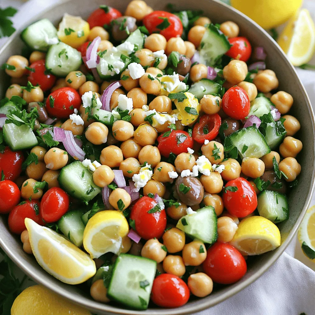 To make a Mediterranean Chickpea Salad, you need these fresh ingredients: - 1 can (15 oz) chickpeas, rinsed and drained - 1 medium cucumber, diced - 1 cup cherry tomatoes, halved - 1/2 red onion, finely chopped - 1 red bell pepper, diced - 1/2 cup Kalamata olives, pitted and halved - 1/4 cup fresh parsley, chopped - 1/4 cup feta cheese, crumbled (optional) - 3 tablespoons extra virgin olive oil - 2 tablespoons lemon juice - 1 teaspoon dried oregano - Salt and pepper to taste I love starting with chickpeas. They are packed with protein and fiber. Cucumber adds crunch, while cherry tomatoes bring sweetness. The red onion gives a lovely bite, and red bell pepper adds color and taste. Kalamata olives offer a rich, briny flavor that elevates the salad. Fresh parsley adds brightness and freshness. If you want a creamy touch, crumbled feta cheese is a nice option. The olive oil and lemon juice make a simple and zesty dressing. Oregano adds that classic Mediterranean flair, while salt and pepper round out the flavors. These ingredients come together to create a refreshing and tasty salad. You can find the full recipe to guide you through the steps. Enjoy the process of making this vibrant Mediterranean dish! First, let's prepare our ingredients. Start with rinsing and draining chickpeas. This step is key to removing excess sodium and ensuring a fresh taste. Drain them well in a colander and set aside. Next, dice your vegetables. Cut your cucumber and red bell pepper into small pieces. Halve the cherry tomatoes for a burst of flavor. Then, finely chop the red onion for a nice crunch. Don't forget to chop the parsley; it adds a fresh note to the salad. If you're using feta cheese, prepare the olives and feta next. Halve the Kalamata olives and crumble the feta cheese into bite-sized pieces. If you prefer not to use feta, you can skip this step. Now it’s time to mix everything. In a large bowl, combine all the ingredients. Add the chickpeas, diced cucumber, halved cherry tomatoes, chopped red onion, diced red bell pepper, Kalamata olives, and chopped parsley. This colorful mix is not just pretty; it’s packed with flavor! For the dressing, take a small bowl and make the dressing. Whisk together the extra virgin olive oil, lemon juice, dried oregano, salt, and pepper. This simple dressing brings out the best in your salad. Next, we’ll bring it all together. Toss the salad gently and drizzle the dressing over the top. Mix it well, so every bite gets coated. If you’re using feta, sprinkle it on top and give it a light toss again. Allow the salad to sit for about 10 minutes at room temperature. This helps the flavors to meld beautifully. For an even better taste, refrigerate for 30 minutes before serving. Enjoy your Mediterranean Chickpea Salad! Check out the Full Recipe for more details. To make the best Mediterranean chickpea salad, start with fresh ingredients. Use ripe tomatoes and crisp cucumbers. They add a great crunch and flavor. Wash everything well before chopping. This keeps the salad clean and vibrant. Next, focus on balancing the flavors in the dressing. Whisk together olive oil, lemon juice, oregano, salt, and pepper. Adjust the amounts to suit your taste. A bit more lemon juice brightens the dish. If you like it richer, add more olive oil. This salad pairs well with grilled meats or fish. Serve it alongside pita bread for a full meal. You can also enjoy it with hummus as a snack. For a beautiful presentation, use a large bowl. Garnish with extra parsley and whole olives. A lemon wedge on the side adds color and flavor. Your guests will love how it looks and tastes! You can easily prepare this salad in advance. Mix the salad early in the day for dinner. Just wait to add the dressing until right before serving. This keeps the veggies crisp. Store the salad in an airtight container in the fridge. It stays fresh for up to three days. If the salad looks dry before serving, add a splash of olive oil. This refreshes the flavors and makes it delicious again! For the full recipe, check out the complete guide. {{image_2}} You can easily make this salad vegan. Instead of feta cheese, use avocado or a tofu-based cheese. This keeps the creamy texture but removes all animal products. You might also try adding cooked quinoa or lentils as extra protein. They boost nutrition and add a nice chew. Feel free to mix in other veggies or grains. Try adding shredded carrots, roasted red peppers, or even cooked farro for extra texture. To enhance flavors, consider adding spices like cumin or smoked paprika. Nuts like almonds or pine nuts can add a crunch that makes the salad even more delightful. You can adapt this salad to match the seasons. In summer, add fresh corn or diced zucchini for a light touch. In winter, use roasted sweet potatoes or brussels sprouts for warmth. Both options create a great twist while keeping the essence of the Mediterranean flavor. To keep your Mediterranean chickpea salad fresh, place it in the fridge right away. Use an airtight container to prevent moisture loss. Glass or plastic containers work well. Make sure the lid seals tightly to keep air out. If you have a large batch, consider dividing it into smaller portions. This helps maintain freshness longer. In the fridge, this salad lasts about three to five days. After that, it may start to spoil. Look for signs like a sour smell or slimy vegetables. If you see any mold, throw it away. Always trust your senses when checking food freshness. You should not reheat this salad. It is best served cold. However, if you want to enhance the flavors after refrigerating, drizzle a bit more olive oil or lemon juice on top. This will brighten up the taste. Toss the salad gently to mix the new dressing in well. Enjoy it cold for a refreshing meal! Mediterranean Chickpea Salad is a bright and tasty dish. It features chickpeas, fresh veggies, and a zesty dressing. Here are the main ingredients: - 1 can (15 oz) chickpeas, rinsed and drained - 1 medium cucumber, diced - 1 cup cherry tomatoes, halved - 1/2 red onion, finely chopped - 1 red bell pepper, diced - 1/2 cup Kalamata olives, pitted and halved - 1/4 cup fresh parsley, chopped - 1/4 cup feta cheese, crumbled (optional) - 3 tablespoons extra virgin olive oil - 2 tablespoons lemon juice - 1 teaspoon dried oregano - Salt and pepper to taste This salad is colorful and full of flavor. The mix of textures makes it fun to eat. To make this salad more filling, you can add grains or proteins. Here are some great options: - Cooked quinoa or couscous - Brown rice or farro - Grilled chicken or shrimp - Tofu or chickpea patties Adding these items gives your salad extra nutrients and fullness. Yes, you can use canned chickpeas! They are convenient and save time. Canned chickpeas are already cooked and ready to eat. You just need to rinse and drain them. This makes your prep quick and easy. Yes, Mediterranean Chickpea Salad is gluten-free. The main ingredients do not contain gluten. Just be sure to check any added ingredients, like dressings or grains, for gluten. If you like heat, there are many ways to spice up your salad: - Add diced jalapeños or red pepper flakes - Mix in some hot sauce or chili oil - Use spiced olives or add harissa These ideas can take your salad to the next level. Enjoy exploring new flavors! This blog post walks you through making a tasty Mediterranean chickpea salad. We covered the key ingredients and the step-by-step process to prepare and mix everything. I shared tips on perfecting the dish and ideas for variations to suit your taste. Storing your salad properly ensures freshness, and I answered common questions for clarity. In summary, this salad is fresh, simple, and customizable! You can easily adapt it to any meal. Enjoy experimenting with flavors and ingredients. Your next dish can be both healthy and delicious!