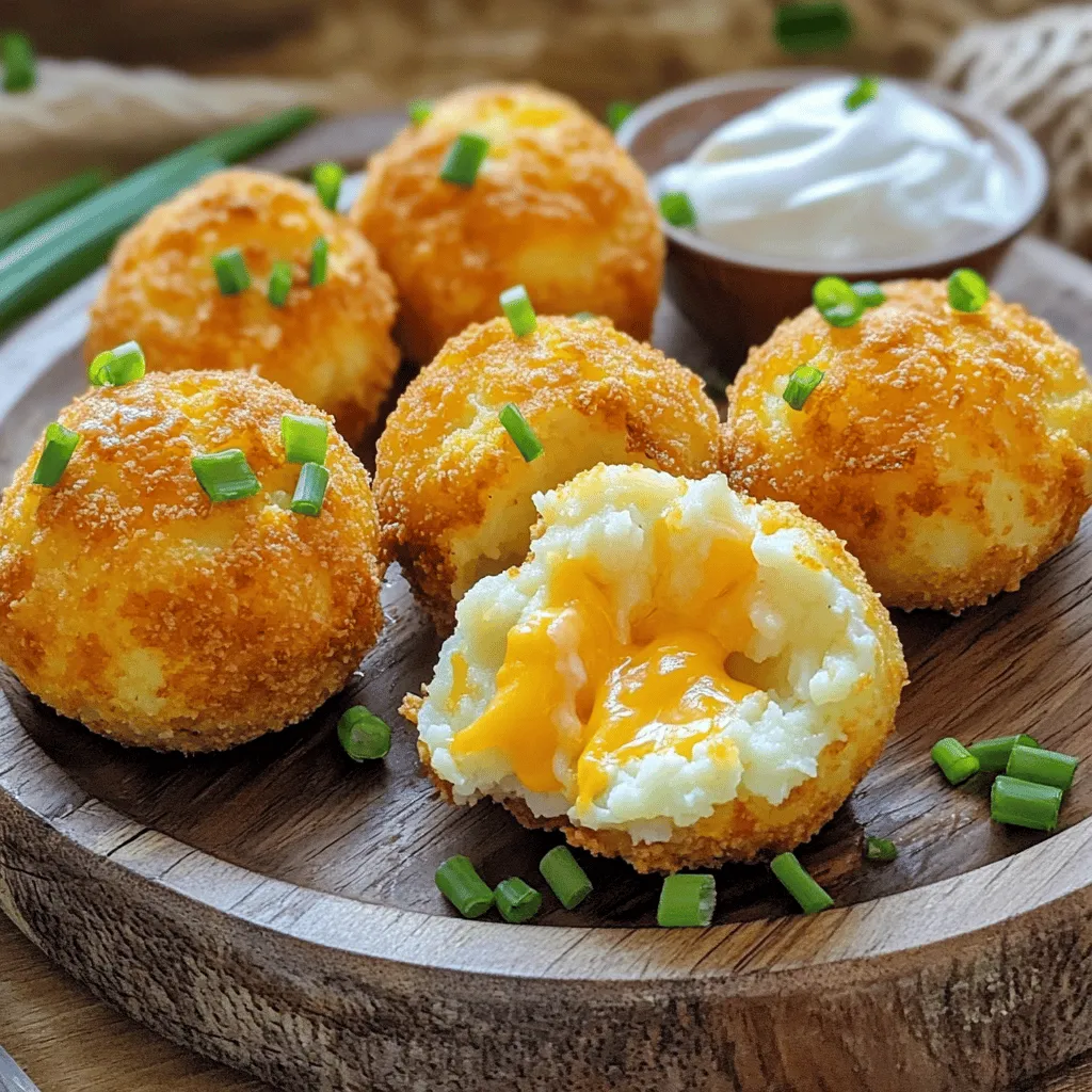 To make these tasty Air Fryer Cheesy Mashed Potato Balls, you need simple, fresh ingredients. Here’s what you’ll need: - 2 cups mashed potatoes (prepared) - 1 cup shredded cheddar cheese - 1/2 cup grated Parmesan cheese - 1/4 cup green onions, finely chopped - 1/2 teaspoon garlic powder - 1/2 teaspoon onion powder - 1/2 teaspoon salt - 1/4 teaspoon black pepper - 1/2 cup breadcrumbs (panko for extra crunch) - 1 egg, beaten - Cooking spray These ingredients mix well to create a creamy, cheesy center. The breadcrumbs give it that nice crunch. You can add your favorite flavors to make these balls your own. Here are some fun ideas: - Cooked bacon bits for a smoky touch - Jalapeños for a spicy kick - Fresh herbs like parsley or dill for a fresh taste Feel free to mix and match as you like. This makes the recipe fun and personal! For the best taste, I recommend using quality brands. Here are a few to consider: - For cheddar cheese, try Tillamook or Cabot. - For Parmesan cheese, look for Grana Padano or BelGioioso. - Use Japanese-style panko breadcrumbs for extra crunch. These brands help enhance the flavors in your cheesy mashed potato balls. Remember, great ingredients lead to great dishes! For the complete method, check out the Full Recipe. Start with 2 cups of prepared mashed potatoes. These can be homemade or store-bought. In a big bowl, add 1 cup of shredded cheddar cheese and 1/2 cup of grated Parmesan cheese. Next, toss in 1/4 cup of finely chopped green onions, 1/2 teaspoon of garlic powder, 1/2 teaspoon of onion powder, 1/2 teaspoon of salt, and 1/4 teaspoon of black pepper. Mix everything until it’s well combined. Make sure the cheese and spices are evenly spread throughout the potatoes. This mix gives your potato balls a rich flavor. Once your mixture is ready, use your hands to form small balls, about 1 inch wide. You should get around 16-20 balls. Place them on a tray for easy access. Now, set up a breading station. In one bowl, pour in a beaten egg. In another bowl, add 1/2 cup of breadcrumbs. Dip each potato ball into the egg first. Let any extra egg drip off, then roll it in the breadcrumbs until it’s fully coated. Place the breaded balls back on the tray. This coating helps create a crispy outer layer when cooked. Preheat your air fryer to 375°F (190°C) for about 5 minutes. While it heats up, lightly spray the air fryer basket with cooking spray. This step helps prevent sticking. Place the potato balls in a single layer in the basket, making sure they don’t touch each other. Cook the balls for 10-12 minutes. Halfway through, turn them over to ensure even cooking. They should turn golden brown and crispy on the outside. Once they're done, carefully remove them from the air fryer. Let them cool for a couple of minutes before digging in. For more details, refer to the Full Recipe. To get that perfect crispy texture, follow these tips. First, make sure your mashed potatoes are not too wet. If they are, the balls may fall apart. Use starchy potatoes for the best results. Adding breadcrumbs helps a lot, too. I recommend using panko breadcrumbs. They give a nice crunch. Also, don’t overcrowd the air fryer basket. Leave space for air to flow. This helps each ball cook evenly and become crispy. If you have leftovers, store them properly. Let the potato balls cool completely before storing. Place them in an airtight container. They can last in the fridge for up to three days. For longer storage, consider freezing. Place the balls on a tray and freeze them for about an hour. After they are firm, transfer them to a freezer bag. They can last up to three months in the freezer. For perfect results, use the right air fryer settings. Preheat your air fryer to 375°F (190°C) before adding the balls. This preheating step ensures a nice golden color. Cook the balls for 10 to 12 minutes. Flip them halfway through cooking for even crispiness. Keep an eye on them, as air fryers may vary. If they look golden and crispy, they are ready. Remember, these tips will help you enjoy the best Air Fryer Cheesy Mashed Potato Balls. For the full recipe, check out the detailed instructions above. {{image_2}} You can mix in various cheeses for extra flavor. Try mozzarella for a gooey center. Gouda adds a nice smokiness. Cream cheese makes the balls creamier. Just keep the total cheese amount around a cup. This way, your cheesy mashed potato balls stay fluffy and delicious. Adding herbs and spices can enhance the taste of your potato balls. Fresh chives or parsley add brightness. Dried oregano or thyme brings warmth. If you like heat, sprinkle in some cayenne pepper. Mix in these extras when you combine the potatoes and cheese. It makes each bite more exciting. You can make these potato balls gluten-free easily. Use gluten-free breadcrumbs for coating. For a vegan version, skip the egg and use a flaxseed mixture instead. Simply mix one tablespoon of flaxseed meal with three tablespoons of water. Let it sit for a few minutes until it thickens. This substitute binds the potato balls well. You can still enjoy tasty, cheesy mashed potato balls without eggs or gluten. For the full recipe, check out the recipe section above. Freezing your cheesy mashed potato balls is easy. First, let them cool completely. This step prevents ice crystals from forming. Next, place the cooled balls on a baking sheet. Make sure they are not touching. Freeze them for about 1-2 hours. Once firm, transfer them to a freezer-safe bag. Label the bag with the date. This method keeps them fresh and ready for future meals. Reheating cheesy mashed potato balls in the air fryer is quick and simple. Preheat your air fryer to 350°F (175°C). Place the potato balls in the basket in a single layer. Do not overcrowd them. Heat for about 5-7 minutes, turning halfway through. This method revives their crispy texture. You can also use a microwave, but the air fryer gives better results. When stored properly, cheesy mashed potato balls last in the fridge for about 3-5 days. In the freezer, they can last up to 2-3 months. Always check for any signs of spoilage before eating. If they smell off or look unusual, it's best to toss them. Enjoy your delicious cheesy mashed potato balls with confidence! For the complete recipe, check the Full Recipe above. Yes, you can use leftover mashed potatoes for this recipe. Just make sure they are not too watery. If your mashed potatoes are thick, they will hold together better in the balls. Mix in the cheese and seasonings as you normally would. This is a great way to use up extras from dinner. You can tell they are fully cooked when they turn golden brown. The outside should be crispy, and the inside should be hot and soft. Use a meat thermometer if you want to check the internal temperature. It should reach at least 165°F (74°C). This ensures they are safe to eat and perfectly cooked. Many sauces go well with cheesy mashed potato balls. Here are a few tasty options: - Sour cream - Ranch dressing - Ketchup - Garlic aioli - Spicy mayo Each sauce adds a unique flavor that enhances the cheesy goodness. Feel free to mix and match to find your favorite! For the full recipe, check out the earlier sections. In this blog, we explored how to make Air Fryer Cheesy Mashed Potato Balls. We covered key ingredients and optional choices for flavor. I shared easy steps for preparing, forming, and cooking these balls. You learned tips for crispiness and storing leftovers. We also discussed fun variations and storage methods. Enjoy experimenting with your own flavors and textures. These cheesy delights will impress your family and friends. Make them your own!