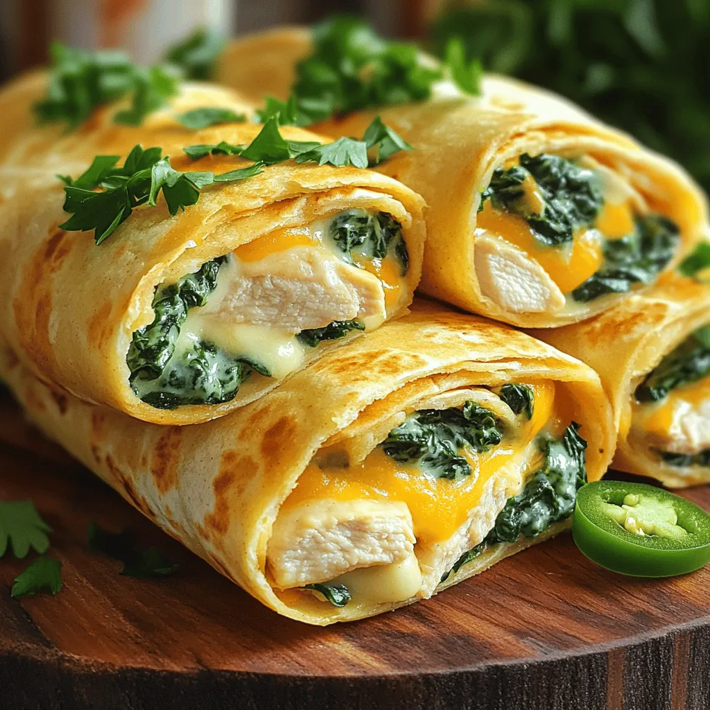 For Cheesy Garlic Chicken Wraps, you need: - 2 boneless, skinless chicken breasts - 1 teaspoon garlic powder - 1 teaspoon onion powder - 1 teaspoon smoked paprika - Salt and pepper to taste - 2 tablespoons olive oil - 1 cup shredded cheese (mozzarella or a blend) - 1/2 cup cream cheese, softened - 1/2 cup fresh spinach, chopped - 4 large flour tortillas - 1/4 cup fresh parsley, chopped (for garnish) These ingredients create a tasty base for the wraps. The chicken gives protein, while the cheese adds creaminess. Garlic and spices bring rich flavor. Spinach adds color and nutrition. You can add: - Sliced jalapeños for spice Adding jalapeños can give the wraps a nice kick. Adjust the amount based on your taste. If you love heat, go for it! If you need alternatives, try these: - Chicken can be swapped for turkey or tofu for a veggie option. - Use any cheese you like, such as cheddar or pepper jack. - Spinach can be replaced with kale or arugula. These swaps can help you use what's on hand. Don't hesitate to get creative! For the full recipe, follow the steps to make delicious wraps. To start, mix garlic powder, onion powder, smoked paprika, salt, pepper, and olive oil in a bowl. This mix adds great flavor. Coat the chicken breasts fully with the marinade. Let them sit for at least 15 minutes. This time helps the chicken absorb the flavors. Next, heat a skillet over medium heat. Place the marinated chicken breasts in the skillet. Cook them for about 6-7 minutes on each side. You want the chicken to be fully cooked and have nice grill marks. Once done, take the chicken out and let it rest for a few minutes. While the chicken rests, prepare the filling. In another bowl, mix shredded cheese, softened cream cheese, and chopped spinach. Stir this mixture until it is creamy and well combined. This filling adds a cheesy burst to each bite. Now it’s time to assemble the wraps. Slice the cooked chicken into thin strips. Take a tortilla and spread a good amount of the cheese and spinach mixture down the center. Add the chicken strips on top. If you like some heat, add sliced jalapeños for extra spice. Heat a clean skillet over medium heat again. Place the wraps seam-side down in the skillet. Toast them for about 2-3 minutes on each side. You want them to be golden brown and crispy. This step makes the wraps extra tasty. Once toasted, take the wraps out and slice them in half diagonally. Garnish with chopped parsley for a fresh touch. These wraps are great for lunch or dinner. You can serve them with a side salad or some chips for a complete meal. For the full recipe, check the details above. Toasting wraps makes them crispy and golden. Start with a hot skillet. A medium heat works best. Place the wraps seam-side down. This helps keep the filling inside. Toast each side for 2-3 minutes. Watch for a nice color. If they brown too fast, lower the heat. You can get creative with flavors. Try adding diced bell peppers for crunch. Black olives add a salty kick. Swap spinach for kale for a twist. For heat, sprinkle in some crushed red pepper. You can even use different cheese blends. Pepper jack gives a spicy twist. Avoid overfilling your wraps. Too much filling makes them hard to close. Don’t skip resting the chicken. It helps keep it juicy. Also, let the cheese mixture sit for a few minutes. This allows the flavors to blend. Finally, keep an eye on the skillet. Burnt wraps are not tasty! For the full recipe, check the details above. Enjoy your cooking! {{image_2}} You can easily make a vegetarian version of cheesy garlic chicken wraps. Instead of chicken, use grilled veggies. Great choices include zucchini, bell peppers, and mushrooms. Season them with the same garlic powder and smoked paprika. This adds flavor while keeping it plant-based. You can also add black beans for extra protein. The cheese and cream cheese will still work perfectly with these veggies. If you want a low-carb meal, use lettuce wraps. Instead of tortillas, use large lettuce leaves. Romaine or iceberg lettuce works well. Fill them with the cheesy mixture and cooked chicken. You can also swap the cream cheese for a low-fat cheese option. This keeps the wraps light but still tasty. For those who love heat, add sliced jalapeños to your wraps. You can mix them into the cheese filling or layer them on top of the chicken. Another option is to use spicy cheeses like pepper jack. A sprinkle of red pepper flakes can add a kick too. Experiment with these spicy options to find your perfect blend. Store any leftover Cheesy Garlic Chicken Wraps in an airtight container. They stay fresh in the fridge for up to three days. If you plan to eat them later, let them cool first. This helps keep the wraps from getting soggy. You can also wrap them tightly in foil for extra protection. To reheat the wraps, use a skillet for the best results. Heat the skillet over medium heat and place the wraps seam-side down. Cook for about 3-4 minutes on each side until they are warm and crispy. You can also use a microwave, but this may make the wraps softer. If using a microwave, heat them in short bursts of 30 seconds. You can freeze these wraps for later meals. After cooking and cooling, wrap each one in plastic wrap. Place them in a freezer-safe bag or container. They can stay in the freezer for up to two months. When ready to eat, thaw them in the fridge overnight and reheat as mentioned above. Enjoy these tasty wraps anytime! You can prepare the chicken ahead of time. Marinate the chicken in the spice blend. Store it in the fridge for up to a day. You can also mix the cheese and spinach filling early. Keep it in an airtight container. When ready to serve, just cook the chicken and assemble the wraps. These wraps taste great with simple sides. Try a fresh garden salad for crunch. You can also serve sweet potato fries for a sweet touch. Another option is a bowl of salsa with tortilla chips. These sides add color and flavor to your meal. Absolutely! You can use any cheese you love. Cheddar, pepper jack, or gouda work well. Each cheese brings a unique taste. Experiment with different blends to find your favorite. Just make sure it melts well for a creamy texture. To prevent sogginess, use dry ingredients in your filling. Make sure the chicken is cooled before adding to the wrap. It also helps to toast the wraps right before serving. This gives them a crispy outside while keeping the inside moist. For the full recipe, check the details above. It covers all the steps and ingredients needed. You’ll find everything you need to create these tasty wraps at home! In this blog post, we explored how to make Cheesy Garlic Chicken Wraps. We covered the key ingredients, how to prepare and cook them, and helpful tips for perfecting your wraps. You can also customize these wraps with various options to fit your taste. Remember to store leftovers properly and know how to reheat them. Enjoy your creation, and don't hesitate to try new flavors or variations. Happy cooking!
