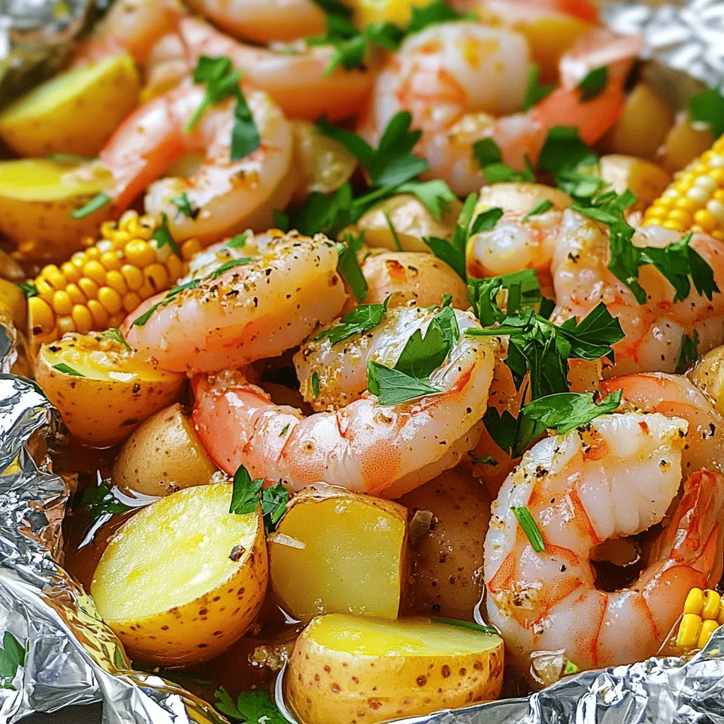 - 1 pound large shrimp, peeled and deveined - 2 cups baby potatoes, halved - 2 ears of corn, cut into thirds - 4 cloves garlic, minced - 1 tablespoon Old Bay seasoning - 1 teaspoon smoked paprika - 4 tablespoons olive oil - 1 lemon, juiced - Salt and pepper to taste - Fresh parsley, chopped for garnish Gathering these ingredients is simple, and you can find them at any local store. The large shrimp form the heart of this dish. They cook quickly and soak up all the fantastic flavors. Baby potatoes add a nice bite and help balance the meal. Sweet corn brings a pop of color and sweetness. Garlic boosts the flavor, while Old Bay seasoning adds that classic shrimp boil taste. For a touch of warmth, I like to add smoked paprika. It gives a rich flavor without being too spicy. Olive oil helps the shrimp and veggies cook evenly. A good squeeze of lemon juice brightens everything up. Lastly, salt and pepper enhance all the flavors. Don’t forget the fresh parsley! It adds a vibrant touch and freshness when you serve. You can find the complete recipe [Full Recipe]. This will guide you through the fun process of making Shrimp Boil Foil Packs! - Preheat your oven to 400°F (200°C) or heat your grill to medium-high. - Cut four large pieces of aluminum foil, about 12 inches long each. - In a large mixing bowl, combine the shrimp, halved baby potatoes, corn pieces, minced garlic, Old Bay seasoning, smoked paprika, olive oil, and lemon juice. - Toss well to ensure everything is coated evenly. - Divide the shrimp and vegetable mixture evenly among the four pieces of foil, placing them in the center. - Fold the edges of the foil up and over, sealing them tightly so no juices can escape. - Place the foil packs on a baking sheet if using the oven, or directly on the grill. - Cook for 15-20 minutes, until the shrimp are pink and cooked through and the potatoes are tender. These steps make it easy to create shrimp boil foil packs that are quick and flavorful. Enjoy the process and the delicious results! - Choosing the right shrimp: Select large, fresh shrimp for the best taste. Look for shrimp that are firm and have a mild scent. Frozen shrimp works too; just thaw them first. - Avoid overcooking: Shrimp cooks quickly. Keep an eye on them. When they turn pink, they are done. If you overcook shrimp, they become tough and rubbery. - Best ways to present the dish: Open the foil packs carefully. Let the steam escape slowly. You can serve right from the foil for a fun touch. Add fresh parsley on top for color. - Recommended sides to pair: Serve your shrimp boil with a crisp green salad or crusty bread. Both contrast nicely with the rich flavors of the shrimp and veggies. - Additional spices to enhance flavor: You can add cayenne pepper for heat. A sprinkle of lemon zest gives a fresh kick. Experiment with garlic powder or onion powder to enhance the taste. - Making it spicier or milder: For a spicier boil, add more Old Bay or some hot sauce. If you prefer mild flavors, skip the paprika. Adjust to suit your taste buds. Try the Full Recipe for a quick and tasty meal that brings everyone together! {{image_2}} You can swap shrimp for other seafood. Crab and lobster make great choices. Just adjust cooking times. They add richness and flavor. For a vegetarian version, skip the seafood. Use hearty vegetables like mushrooms or zucchini. Add chickpeas for protein. This way, everyone can enjoy a shrimp boil foil pack. You can make shrimp boil packs in a slow cooker. Just add all ingredients and cook on low for about four hours. The shrimp will stay juicy and tender. If you use an Instant Pot, add one cup of water. Cook on high pressure for three minutes. Quick and easy, right? Feel free to mix in different vegetables. Bell peppers, asparagus, or even carrots work well. They add color and taste. You can also try various herbs and spices. Fresh dill or thyme can brighten the dish. A pinch of red pepper flakes can add heat. Let your taste guide you! To store leftovers, first let the foil packs cool down. Then, carefully open the packs and transfer the shrimp and veggies to an airtight container. You can keep them in the fridge for up to three days. Make sure to check for any off smells before eating. If you want to keep them longer, consider freezing. In the freezer, they can last up to three months. The best way to reheat shrimp boil foil packs is in the oven. Preheat your oven to 350°F (175°C). Place the mixture in an oven-safe dish and cover it with foil. Heat for about 10-15 minutes until warmed through. You can also use a microwave, but it might not keep the same texture. Heat in short bursts and stir in between to ensure even warming. Always check the shrimp's doneness and avoid overcooking. This keeps your dish tasty and fresh! Cook shrimp boil foil packs for 15 to 20 minutes. This timing works well on both the grill and in the oven. The shrimp should turn pink and the potatoes must be tender. If you cook longer, the shrimp may become tough. Yes, you can use frozen shrimp. Just thaw them before cooking. Thaw shrimp by placing them in cold water for about 15 minutes. Fresh shrimp have a great taste, but frozen shrimp work well, too. They often come pre-cooked, so adjust your cook time if needed. Many sides pair nicely with shrimp boil. Here are a few ideas: - Coleslaw - Garlic bread - Cornbread - Salad - Grilled vegetables These sides add flavor and balance to your meal. Yes, you can easily make this recipe gluten-free. All listed ingredients are gluten-free. Just make sure your seasonings, like Old Bay, do not contain gluten. Always check labels to be safe. Enjoy your shrimp boil without worry! In this blog post, we explored how to make a delicious shrimp boil using simple ingredients. You learned about the main and additional components, plus step-by-step instructions to prepare the dish. We also shared tips for seasoning and serving, variations for different tastes, storage methods, and answered common questions. Try this recipe for a fun and tasty meal. Enjoy the flavors and make it your own!