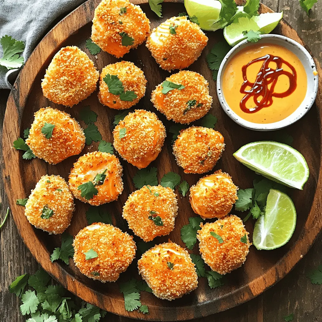 - 1 lb fresh salmon fillet, skin removed and cut into bite-sized pieces - 1 cup panko breadcrumbs - 1/2 cup all-purpose flour - 2 large eggs, beaten - 1 teaspoon garlic powder - 1 teaspoon paprika - 1/2 teaspoon salt - 1/4 teaspoon black pepper - 1/2 cup mayonnaise - 2 tablespoons sweet chili sauce - 1 tablespoon sriracha (adjust for spiciness) - 1 tablespoon lime juice - Fresh cilantro, chopped (for garnish) - Lime wedges (for serving) The main parts of this recipe come together to create tasty bites. First, we start with the salmon fillet. It is fresh and packed with nutrients. I love using panko breadcrumbs because they give a light and crispy texture. The all-purpose flour helps the coating stick well. Beaten eggs act like glue for the breadcrumbs. Next, we add flavor with seasonings. Garlic powder and paprika add depth. Salt and pepper make everything pop. The Bang Bang sauce is the star here. It mixes creamy mayonnaise with sweet chili sauce and a kick from sriracha and lime juice. This sauce adds a zesty twist. Garnishing with fresh cilantro brightens the dish. Lime wedges add a fresh squeeze that enhances the bites. For the full recipe, check the section above. Enjoy crafting these crispy bites for a quick, flavorful snack! To make Crispy Bang Bang Salmon Bites, start with a few easy steps. First, preheat your oven to 425°F (220°C). This high heat helps make the salmon bites crispy. Next, prepare your baking sheet. Line it with parchment paper and lightly spray it with cooking oil. This prevents sticking and ensures a good crunch. Now, let’s set up your dredging station. You’ll need three bowls. Fill one bowl with flour, another with beaten eggs, and the last with panko breadcrumbs mixed with garlic powder, paprika, salt, and black pepper. This setup makes coating the salmon easy and quick. Take each piece of salmon and coat it lightly in flour first. Then, dip it in the beaten eggs. Finally, roll it in the panko mixture. Make sure each piece is well-coated. This ensures each bite is super crispy. Next, arrange the coated salmon bites on the baking sheet. Make sure to leave space between each piece. If they are too close, they won’t crisp up properly. Lightly spray the tops with cooking oil for extra crunch. Bake the salmon bites for 12 to 15 minutes. They should turn golden brown and reach an internal temperature of 145°F (63°C). Keep an eye on them, as each oven can vary slightly. For the full recipe, check back to get all the details you need to enjoy this quick and tasty snack! To get that perfect crunch, use panko instead of regular breadcrumbs. Panko is lighter and airier. It creates a crispier texture on your salmon bites. Light oil spraying is key too. Spray the tops of the salmon with oil before baking. This helps them brown nicely and adds extra crunch. You can choose between the oven and an air fryer. Both methods work well, but the air fryer gives a quicker crisp. If you use the oven, preheat it to 425°F (220°C) for best results. To check for doneness, use a food thermometer. Salmon should reach 145°F (63°C). This ensures it's cooked and safe to eat. You can adjust the spice level to fit your taste. Want it hotter? Add more sriracha to the Bang Bang sauce. For extra flavor, try adding herbs like dill or parsley. A pinch of smoked paprika can also enhance the taste. These small changes can make your bites even better. For the full recipe, check out the Crispy Bang Bang Salmon Bites. Enjoy your cooking adventure! {{image_2}} You can switch salmon for other proteins. Chicken works great. Cut chicken into small pieces, just like the salmon. The cooking time may change, so check for doneness. Tofu is another option. Use firm tofu for the best texture. Press it to remove excess moisture, then cut it into bite-sized pieces. This adds a fun twist to the recipe. For seafood lovers, shrimp is a fantastic choice. Use medium or large shrimp, peeled and deveined. Coat them in the same way as salmon. Bake until they turn pink and crispy. If you need a gluten-free version, swap the all-purpose flour. Use gluten-free flour instead. It works just as well for coating. For breadcrumbs, choose gluten-free panko. This keeps the bites crispy without gluten. Make sure to check the labels on your ingredients. Not all brands are gluten-free, so read carefully. Add some excitement to your dish with new flavors. Mango salsa is a fresh and fruity option. Just chop mango, red onion, and cilantro. Squeeze some lime juice over it and mix. This pairs perfectly with the crispy bites. Another great idea is to use avocado sauce. Mash ripe avocados and mix with lime juice and salt. This creamy dip complements the crunch of the salmon. You can also enhance flavors by adding herbs or spices. Fresh dill or cilantro can brighten the dish. For a spicy kick, try adding cayenne pepper or chili flakes to the coating. This will give your bites an extra zing. For the full recipe, check out the Crispy Bang Bang Salmon Bites recipe! After enjoying your Crispy Bang Bang Salmon Bites, you may have some left. To keep them fresh, place them in a container. - Use an airtight container to lock in flavor. - Store in the fridge for up to three days. Make sure to let them cool down first. This will help keep the texture intact. When it's time to enjoy leftovers, you have two main options: the oven or the microwave. - Oven: Preheat to 350°F (175°C). Place the bites on a baking sheet. Heat for about 10-12 minutes. This method keeps them crispy. - Microwave: Place the bites on a microwave-safe plate. Heat for 30 seconds to 1 minute. This method is faster, but it may make them soft. If you want crispy bites, I recommend the oven. If you want to save some for later, freezing is a great option. - Freezing Salmon Bites: Place them in a single layer on a baking sheet. Freeze until solid, then transfer to a freezer bag. This prevents them from sticking together. - Thawing Tips: When you're ready to eat, take them out the night before. Place them in the fridge to thaw. You can also thaw them in the microwave, but be cautious. You don't want to cook them. For the full recipe and tips, check out the [Full Recipe]. Yes, you can use frozen salmon. Just make sure to thaw it first. Thaw the salmon in the fridge or under cold running water. This keeps it fresh and safe. Using thawed salmon helps the bites cook evenly. The salmon is done when it reaches 145°F (63°C). You can check this with a food thermometer. The inside should be opaque and flake easily with a fork. If it looks shiny and raw, it needs more time. You can serve these bites with many sides. Here are a few ideas: - Fresh green salad - Steamed vegetables - Rice or quinoa - Sweet potato fries - Dipping sauces like extra Bang Bang sauce or soy sauce To make the Bang Bang sauce spicier, add more sriracha. You can also include red pepper flakes for extra heat. Start with a little, and taste as you go. Adjust it to match your spice level. Yes, you can prepare the salmon bites ahead of time. Coat them and place them on the baking sheet. Cover and refrigerate for up to 24 hours. When ready, bake them straight from the fridge. This saves time and makes your snack quick. For the full recipe, check the earlier section. This blog post covered everything you need for Crispy Bang Bang Salmon Bites. We explored the main ingredients, seasonings, preparation steps, and cooking techniques. I shared tips to ensure crispiness and various proteins you can use. We also discussed storage and reheating methods for leftovers. Now you have the tools to make a delicious dish. Enjoy your cooking and feel free to get creative!
