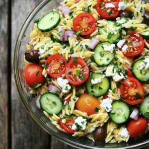 To make a tasty Mediterranean orzo pasta salad, gather these fresh ingredients: - 1 cup orzo pasta - 1 cup cherry tomatoes, halved - 1 cucumber, diced - 1/2 red onion, finely chopped - 1/2 cup Kalamata olives, pitted and sliced - 1/2 cup feta cheese, crumbled - 1/4 cup fresh parsley, chopped - 1/4 cup olive oil - 2 tablespoons lemon juice - 1 teaspoon dried oregano - Salt and pepper to taste Using fresh ingredients makes a big difference in taste. Look for bright, firm cherry tomatoes. Choose a cucumber that feels crisp. For olives, select rich Kalamata ones for depth. Quality feta cheese should be creamy and tangy. Fresh parsley adds a pop of color and flavor. Always use extra virgin olive oil for the best taste. You can swap some ingredients if needed. If you can't find orzo, try any small pasta like couscous. For a dairy-free option, use a vegan feta or skip it. If you dislike Kalamata olives, green olives work well. Use lemon zest if you want more lemon flavor. You can also add bell peppers or artichokes for a twist. This salad is versatile and lets you play with flavors. For the complete recipe, check out the Full Recipe section. Start by boiling water in a big pot. Add one cup of orzo pasta to the pot. Cook it for about 8 to 10 minutes. Stir it now and then to keep it from sticking. When it’s done, drain the orzo and rinse it with cold water. This cools it down and stops the cooking. While the orzo cooks, chop your veggies. Dice one cucumber and halve one cup of cherry tomatoes. Finely chop half a red onion. Slice half a cup of Kalamata olives and crumble half a cup of feta cheese. Finally, chop a quarter cup of fresh parsley. Having all the veggies ready makes mixing easier. In a small bowl, whisk together the dressing. Start with a quarter cup of olive oil. Add two tablespoons of lemon juice for a zesty kick. Then, mix in one teaspoon of dried oregano. Don't forget to add salt and pepper to taste. This dressing brings all the flavors together. In a large bowl, combine the cooled orzo with all the chopped veggies. Add the crumbled feta cheese and fresh parsley. Pour the dressing over this mix. Toss everything gently to coat well. Let the salad sit for at least 15 minutes. This resting time helps the flavors blend. You can serve it chilled or at room temperature. For extra flair, add more parsley on top if you like. For the complete recipe, refer to the [Full Recipe]. To make your Mediterranean Orzo Pasta Salad taste amazing, use fresh ingredients. Fresh herbs, like parsley, really boost the flavor. You can also add a pinch of red pepper flakes for heat. If you love garlic, try adding minced garlic to the dressing. A touch of honey or agave syrup can balance the acidity of the lemon juice. Serve this salad as a side dish or main meal. It pairs well with grilled chicken or fish. You can also enjoy it on its own as a light lunch. For a colorful plate, add some sliced bell peppers or avocado. Garnish with extra feta or parsley for a pretty look. Store any leftover salad in an airtight container. Keep it in the fridge for up to three days. If you want to keep it fresh longer, separate the dressing from the salad. Mix them just before serving. This keeps the orzo and veggies from getting soggy. {{image_2}} You can change many parts of your Mediterranean Orzo Pasta Salad. Swap orzo pasta with quinoa for a gluten-free option. Substitute cherry tomatoes with diced bell peppers for a sweeter taste. If you want crunch, try adding radishes instead of cucumbers. You can also use goat cheese in place of feta for a tangy flavor. Each swap keeps the salad fresh and fun. Want to make your salad heartier? Add protein to your dish. Chickpeas are an excellent choice for a plant-based boost. Grilled chicken or shrimp also work well and add protein without changing the flavor much. You can even toss in canned tuna for a quick fix. These additions will turn your salad into a complete meal. Herbs bring your Mediterranean Orzo Pasta Salad to life. Fresh basil adds a sweet, aromatic touch. You can also use mint for a refreshing twist. If you like a stronger flavor, try dill or tarragon. Mix in these herbs with the parsley for a bright and bold taste. They enhance the overall flavor and make the salad even more enjoyable. For the full recipe, check out the recipe section. You'll find all the ingredients and steps to create this vibrant dish. To keep your Mediterranean Orzo Pasta Salad fresh, store it in an airtight container. Make sure to let it cool to room temperature first. This helps keep the flavors bright and the texture nice. Leftovers can last in the fridge for about 3 to 5 days. Always check for off smells or changes in texture before eating. I recommend using glass containers with tight lids. They help keep your salad fresh and tasty. You can also use plastic containers, but make sure they are BPA-free. Label the container with the date you made the salad. This way, you won't forget how long it's been in the fridge. You can freeze this pasta salad if you want to save some for later. However, the texture of the vegetables may change. To freeze, place the salad in a freezer-safe container. Make sure to leave some space at the top for expansion. You can freeze it for up to 3 months. When you're ready to eat, just thaw it in the fridge overnight. Enjoy it cold or at room temperature. For the full recipe, check back for easy steps! To make Mediterranean Orzo Pasta Salad, cook 1 cup of orzo pasta. Follow the package instructions. Once cooked, drain and rinse it under cold water. In a large bowl, mix the cooled orzo with halved cherry tomatoes, diced cucumber, finely chopped red onion, sliced Kalamata olives, crumbled feta cheese, and chopped fresh parsley. Next, whisk olive oil, lemon juice, dried oregano, salt, and pepper in a small bowl. Pour this dressing over the salad and toss gently. Let it sit for at least 15 minutes to blend the flavors. Yes, you can make this salad ahead of time. Prepare it a few hours or even a day before serving. Just keep it in the fridge. The flavors will deepen and taste even better after sitting. If you want, wait to add the dressing until you’re ready to serve. This keeps everything fresh and crisp. No, Mediterranean Orzo Pasta Salad is not gluten-free. Orzo is a type of pasta made from wheat. If you need a gluten-free option, you can use gluten-free pasta. Look for brands that offer gluten-free orzo. This way, you can still enjoy a tasty salad without any gluten. You can add many things to this salad! Try adding grilled chicken or shrimp for protein. You could also mix in bell peppers or spinach for more veggies. Artichoke hearts and sun-dried tomatoes add a nice twist too. Experiment with your favorite ingredients to make it your own! Mediterranean Orzo Pasta Salad lasts about 3 to 5 days in the fridge. Store it in an airtight container. If you notice any signs of spoilage, like an off smell or color, it’s best to throw it away. Always trust your senses when it comes to food safety. - 1 cup orzo pasta - 1 cup cherry tomatoes, halved - 1 cucumber, diced - 1/2 red onion, finely chopped - 1/2 cup Kalamata olives, pitted and sliced - 1/2 cup feta cheese, crumbled - 1/4 cup fresh parsley, chopped - 1/4 cup olive oil - 2 tablespoons lemon juice - 1 teaspoon dried oregano - Salt and pepper to taste 1. Cook the orzo pasta according to package instructions. Drain and rinse under cold water to cool. 2. In a large bowl, combine the cooled orzo, cherry tomatoes, cucumber, red onion, Kalamata olives, feta cheese, and fresh parsley. 3. In a small bowl, whisk together the olive oil, lemon juice, dried oregano, salt, and pepper to create the dressing. 4. Pour the dressing over the orzo and vegetable mixture, tossing gently to coat everything evenly. 5. Taste and adjust seasoning if necessary. Let the salad sit for at least 15 minutes to allow the flavors to meld. 6. Serve chilled or at room temperature, garnishing with additional parsley if desired. First, cook the orzo pasta and rinse it. Next, mix in the chopped veggies, olives, and feta. Then, whisk up the dressing. Pour it over the salad and toss. Let it sit for a bit, then serve. It’s simple and fresh! This salad is a healthy choice. It has fiber from the pasta and veggies. The olives and olive oil provide healthy fats. Feta cheese adds protein and calcium. Each serving is about 250 calories. It’s perfect for a light lunch or dinner! We just covered how to make a tasty Mediterranean Orzo Pasta Salad. You learned about key ingredients, their quality, and helpful substitutes. I explained the step-by-step process from cooking the pasta to making the dressing. You got useful tips for enhancing flavor and storing leftovers. Lastly, we discussed easy variations to make the salad your own. Enjoy creating this salad and sharing it with friends. It's a fresh dish that’s fun to customize and perfect for any meal.