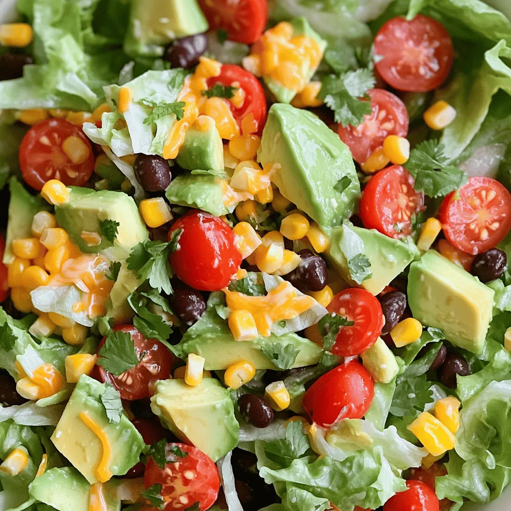 - 2 cups romaine lettuce, chopped - 1 cup cherry tomatoes, halved - 1 cup corn kernels - 1 can black beans - 1 red bell pepper, diced - 1 avocado, diced - 1/2 cup red onion, finely chopped - 1/2 cup shredded cheddar cheese - 1/4 cup fresh cilantro, chopped - Juice of 2 limes - 3 tablespoons olive oil - 1 teaspoon cumin - 1 teaspoon chili powder - Salt and pepper to taste The Cowboy Salad shines with its fresh and vibrant ingredients. You start with crisp romaine lettuce. It forms the base for this colorful dish. Cherry tomatoes add a sweet burst of flavor. Corn gives it a nice crunch and a bit of sweetness. Black beans are hearty and packed with protein. Next, you have a red bell pepper that adds both color and sweetness. The creamy avocado brings richness to the salad. Finely chopped red onion gives it a mild bite. Shredded cheddar cheese adds a savory note. Fresh cilantro brightens up the flavors, making everything pop. For the dressing, you mix lime juice and olive oil. Cumin and chili powder give it a warm, spicy kick. Salt and pepper balance everything out. This dressing ties all the ingredients together, adding depth to each bite. - Grilled chicken or steak - Additional vegetables like jalapeños or cucumbers You can boost this salad by adding grilled chicken or steak. This adds protein and makes it more filling. If you like spice, toss in some jalapeños for heat. You can also add cucumbers for extra crunch. These optional add-ins let you customize the salad to your taste. - Tortilla chips - Additional lime wedges for garnish Serve Cowboy Salad with tortilla chips for a fun crunch. Lime wedges make it easy to add more zesty flavor. You can enjoy this salad as a light meal or as a side dish. The combination of flavors and textures makes it a favorite. You can find the full recipe [here](#). 1. Start by mixing the salad base. In a large bowl, combine: - 2 cups romaine lettuce, chopped - 1 cup cherry tomatoes, halved - 1 cup corn kernels (fresh or frozen) - 1 can black beans, drained and rinsed - 1 red bell pepper, diced - 1/2 cup red onion, finely chopped 2. Next, toss in the avocado and cheese. Add: - 1 avocado, diced - 1/2 cup shredded cheddar cheese Gently mix all these ingredients together until they are well combined. This step creates a colorful, fresh base for your Cowboy Salad. 3. Now, it’s time to whisk together the dressing ingredients. In a small bowl, mix: - Juice of 2 limes - 3 tablespoons olive oil - 1 teaspoon cumin - 1 teaspoon chili powder - Salt and pepper to taste Whisk these until the mixture is smooth and well blended. 4. Drizzle the dressing over the salad. Pour your freshly made dressing on top of the salad base. Toss gently to coat all the ingredients evenly with that zesty flavor. 5. For the final touch, garnish with cilantro. Sprinkle: - 1/4 cup fresh cilantro, chopped This adds a bright, fresh taste to your salad. 6. Tips for presentation and serving: Serve your Cowboy Salad in a large bowl for sharing or on individual plates. Add some tortilla chips on the side for a nice crunch. You can also include lime wedges for an extra burst of flavor. Now, you're ready to enjoy a vibrant, tasty meal! For more details, check the Full Recipe. You can swap beans in Cowboy Salad. Chickpeas or kidney beans work well. This change keeps it fresh and fun. If you want a cheese twist, try feta or pepper jack. Each cheese adds its own flavor. Marinate your veggies before serving. This step makes each bite burst with flavor. Use a mix of lime juice and olive oil for a tasty soak. Don't forget to play with spices in the dressing. Add more cumin or a pinch of cayenne for a kick. Prep your salad early for busy days. Chop your veggies and store them in separate containers. This way, they stay crisp and fresh. Keep your dressing apart until you’re ready to eat. Mix it just before serving to keep everything crunchy. {{image_2}} For those who love meat, consider adding grilled chicken or beef to your Cowboy Salad. Grilling the meat adds a smoky flavor that pairs well with the fresh veggies. I suggest marinating the chicken or beef in a BBQ sauce before grilling. This boosts the taste and gives a nice glaze. Use BBQ dressing on top for a zesty kick. This version is hearty and satisfying. If you're looking for a meat-free meal, try adding extra legumes or tofu. Chickpeas or kidney beans work great in this salad. They add protein and texture. You can also use vegan cheese alternatives to keep it dairy-free. Nutritional yeast is a tasty option that adds a cheesy flavor without the cheese. I love to change my Cowboy Salad with the seasons. In spring, add fresh peas or asparagus. In summer, ripe tomatoes and cucumbers brighten the salad. Fall brings roasted squash, which adds sweetness. For dressing, tailor it to fit the season. In fall, try adding apple cider vinegar for a warm flavor. This keeps the salad fresh and exciting all year round. For the full recipe, refer to the earlier section. To keep your Cowboy Salad fresh, use airtight containers. Glass or BPA-free plastic works well. These containers limit air exposure and slow down spoilage. To maintain crunchiness, store ingredients separately. Keep the lettuce and dressing apart until ready to serve. This step prevents sogginess and keeps your salad vibrant. Cowboy Salad can last up to three days in the fridge. After that, the taste and texture decline. Always check for signs of spoilage. If the salad smells off or looks wilted, it’s time to toss it. Freezing Cowboy Salad is not ideal. The lettuce and other fresh veggies do not thaw well. They can become mushy and lose their crunch. Avoid freezing items like tomatoes, avocado, and dressing. Instead, freeze only the beans and corn if needed. When you want a fresh salad, prepare new ingredients each time for the best flavor. For a complete guide, check the Full Recipe for detailed instructions. Yes, you can make Cowboy Salad ahead of time! To prepare it, chop all your veggies and store them in airtight containers. Keep the dressing separate until you are ready to serve. This keeps the salad fresh and crunchy. If you want to prepare it a day in advance, just mix everything in the morning. It tastes great, even after a few hours in the fridge. Want some heat? You can easily add spice to your Cowboy Salad. Try adding fresh jalapeños for a kick. You can also use spicy dressings or hot sauce. Mix it in well so every bite has that zesty flavor. Adjust the heat to your taste. This spice can make the salad even more fun! Cowboy Salad goes well with many sides. You can serve it with tortilla chips for a crunchy bite. Grilled meats also complement the salad nicely. For drinks, try iced tea or a light beer. They balance the fresh flavors of the salad. Cowboy Salad has roots in the American West. It reflects cowboy culture, which values hearty and simple meals. The salad combines fresh ingredients that are easy to find. This dish celebrates flavors from ranch life. Over time, it has gained popularity in many kitchens. Cowboy Salad is packed with nutrients. It has about 200 calories per serving. You get protein from black beans and cheese. The veggies add fiber, vitamins, and minerals. This salad is a healthy choice for any meal. It offers a good mix of healthy fats and carbs, making it both tasty and nutritious. For the complete Cowboy Salad recipe, check out the [Full Recipe]. This blog post covered everything you need to make a delicious Cowboy Salad. From essential ingredients to helpful tips, you now have the tools to create this yummy dish. Remember to enjoy experimenting with flavors and variations. Making this salad ahead of time can save you stress, too. Whether you prefer it spicy or classic, each bite offers great taste and nutrition. I hope you feel inspired to whip up your own Cowboy Salad soon!