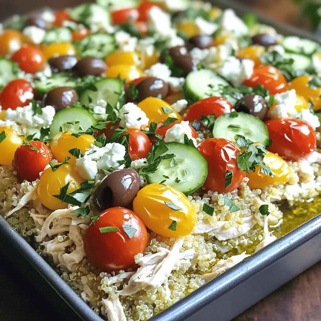 To make the Easy Greek Chicken Casserole, gather these ingredients: - 2 cups cooked rotisserie chicken, shredded - 1 cup quinoa, rinsed - 2 cups vegetable broth - 1 cup cherry tomatoes, halved - 1 cup cucumber, diced - 1/2 cup red onion, finely chopped - 1 cup Kalamata olives, pitted and halved - 1 cup feta cheese, crumbled - 2 tablespoons olive oil - 1 tablespoon dried oregano - Salt and pepper to taste - Fresh parsley for garnish You can swap some ingredients if needed. Here are a few ideas: - Use cooked chicken breast instead of rotisserie chicken. - Substitute quinoa with rice or couscous. - Use low-sodium broth for a healthier option. - Replace Kalamata olives with green olives for a different taste. - Try goat cheese in place of feta for a creamier texture. Want to boost the flavor? Consider these add-ins: - Chopped bell peppers for crunch. - Spinach or kale for extra greens. - Artichoke hearts for a Mediterranean twist. - A sprinkle of red pepper flakes for heat. - Fresh herbs like dill or mint for brightness. These options can add more flavor and fun to your dish! For the full recipe, check the earlier section. To start, gather all your ingredients. You want everything ready for easy cooking. Take 2 cups of cooked rotisserie chicken and shred it into bite-sized pieces. Wash 1 cup of quinoa well under cold water. This step helps remove bitterness. Next, chop 1 cup of cherry tomatoes in half. Dice 1 cup of cucumber and finely chop 1/2 cup of red onion. Slice 1 cup of Kalamata olives in half. Lastly, crumble 1 cup of feta cheese and set it aside. Now, grab a large mixing bowl. Combine the shredded chicken, rinsed quinoa, vegetable broth, cherry tomatoes, cucumber, red onion, and Kalamata olives. Add half of the crumbled feta cheese to the mix. Drizzle 2 tablespoons of olive oil over everything. Sprinkle 1 tablespoon of dried oregano, salt, and pepper. Mix well until all ingredients blend together nicely. Transfer this mixture to a greased 9x13 inch casserole dish. Spread it out evenly. Top with the remaining feta cheese for extra flavor. Preheat your oven to 375°F (190°C). Cover the casserole dish with aluminum foil. Bake in the oven for 30 minutes. Then, remove the foil and bake for another 15 minutes. You want the top to be slightly golden and the quinoa cooked through. Once baked, take it out and let it rest for 5 minutes. This helps the flavors settle. Before serving, garnish with fresh parsley for a bright touch. Enjoy your Easy Greek Chicken Casserole! For the full recipe, check the details shared earlier. To make your Easy Greek Chicken Casserole shine, use fresh ingredients. Fresh veggies add crunch and color. Rinse your quinoa well to remove bitterness. This step helps the grains taste light and fluffy. Mix the ingredients gently to keep the chicken intact. I like to save some feta for the top. It adds a nice flavor and look. Always preheat your oven to 375°F (190°C). This ensures even cooking. Bake the casserole covered for the first 30 minutes. This helps the quinoa cook well. After that, remove the foil for 15 more minutes. This step gives you a golden top. Keep an eye on it to avoid burning. One common mistake is overcooking the quinoa. This can make it mushy and lose texture. Another mistake is not seasoning enough. Don’t skip salt and pepper; they boost flavor. Make sure to let the casserole rest after baking. This helps the flavors meld together. Lastly, avoid packing the ingredients too tightly. Give them space to cook evenly. For the full recipe, check the details above. {{image_2}} You can add a twist to this dish with more Mediterranean flavors. Try using artichoke hearts or sun-dried tomatoes for extra taste. You might even swap the quinoa for couscous. This gives a nice texture change. Fresh herbs like dill or mint can brighten up the dish. They add a fresh kick and enhance the flavors. For a vegetarian version, you can replace the chicken with chickpeas or lentils. This keeps the protein high while making it meat-free. Use vegetable broth instead of chicken broth to maintain the flavor. You can add more veggies like bell peppers or zucchini for a colorful touch. Don't forget to adjust the spices to keep it flavorful. If you're looking for other protein options, turkey or shrimp work well. Cooked turkey adds a lighter taste, while shrimp gives a coastal vibe. You can also use tofu for a plant-based option. Just ensure to press the tofu well before using it. This removes moisture and helps it absorb the flavors in the casserole. For all these variations, feel free to check the Full Recipe for cooking times and adjustments. To keep your Easy Greek Chicken Casserole fresh, let it cool first. Then, place it in an airtight container. This helps lock in flavor and moisture. You can store it in the fridge for up to three days. Just remember to cover it well to prevent drying. If you want to save some for later, freezing is an option. Portion the casserole into smaller containers. This makes it easy to thaw later. Wrap each container with plastic wrap and then foil. When you're ready to eat, thaw it overnight in the fridge before reheating. You can heat it in the oven or microwave. Just make sure it reaches 165°F (74°C) for safety. The casserole can last in the fridge for about three days. If frozen, it can stay good for about three months. However, the taste and texture may change over time. For the best flavor, try to eat it within a month. This way, you enjoy every bite of that delicious Mediterranean bliss! For the full recipe, check out the earlier sections. You can pair the casserole with a simple side salad. A Greek salad works great. Just mix lettuce, tomatoes, cucumbers, and olives. Drizzle some olive oil and lemon juice on top. You can also serve it with pita bread. Warm, soft pita adds a nice touch. For a heartier meal, consider serving it with roasted vegetables. They add color and flavor to your plate. Yes, you can prepare this casserole the day before. Just follow the recipe steps, but do not bake it yet. Cover it tightly and store it in the fridge. When you are ready to bake it, just add about 10 extra minutes to the cooking time. This way, the flavors have time to mingle and deepen. To make this dish healthier, you can use whole grain quinoa instead of white quinoa. You can also add more veggies to the mix. Try adding spinach or bell peppers for extra nutrients. For a lower fat option, use reduced-fat feta cheese. This keeps the taste while cutting down on calories. The best way to reheat the casserole is in the oven. Preheat the oven to 350°F (175°C). Cover the casserole with foil to keep it moist. Heat for about 20-25 minutes. If you want it crispy, remove the foil for the last 5 minutes. You can also microwave single portions, but the oven gives a better texture. For the full recipe, check out the Mediterranean Bliss Chicken Casserole. This post covered everything you need for a great Easy Greek Chicken Casserole. We looked at the ingredients, how to prep, and assemble the dish. I shared useful tips to help you avoid common mistakes. You also learned about tasty variations and storage methods. I hope you feel ready to make this dish. With these steps and tips, success is yours! Enjoy serving this impactful meal to your loved ones. Keep experimenting and make it your own. Happy cooking!