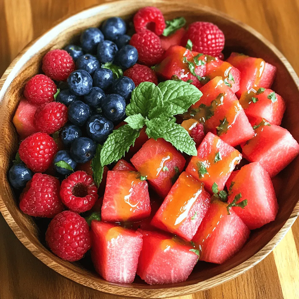 - 4 cups seedless watermelon, cubed - 1 cup strawberries, hulled and sliced - 1 cup blueberries - 1 cup raspberries - ½ cup fresh mint leaves, chopped - 2 tablespoons honey - 2 tablespoons lime juice - Pinch of salt - Large mixing bowl - Small mixing bowl - Spatula When making this Berry Watermelon Fruit Salad, I choose the freshest fruits. The watermelon should be sweet and juicy. Look for a firm rind and a uniform shape. This makes cutting easier and helps the salad look great. Strawberries should be bright red and free from blemishes. I always hull them carefully so they stay fresh. Blueberries and raspberries should be plump and firm. Make sure to rinse them gently before adding to the salad. For the dressing, I use fresh mint leaves for a burst of flavor. Honey adds sweetness and ties everything together. Lime juice gives a zesty kick. Just a pinch of salt enhances the other flavors. You will need a large mixing bowl for the fruit. A small mixing bowl is for the dressing. A spatula helps to gently mix everything without squishing the fruit. This simple setup makes preparing this delicious salad easy and fun. You can find the full recipe in another section. To make this Berry Watermelon Fruit Salad, start with the watermelon. First, take your seedless watermelon. Cut it in half, then slice each half into large sections. Now, cube the watermelon by cutting it into small squares. Aim for uniform pieces so they mix well. Place the cubes in a large mixing bowl. Next, let’s hull and slice the strawberries. Hold the strawberry by the green top. Use a small knife to cut away the green leaves. Slice the strawberry into thin pieces. Aim for about a quarter-inch thickness. Add these slices to the bowl with the watermelon. Now, for the blueberries and raspberries, you need to wash them well. Rinse the blueberries under cool water and drain them. For raspberries, gently place them in a bowl of water. Swirl them lightly to remove dirt. Drain them carefully to avoid crushing. Add both berries to the mixing bowl with the other fruits. Now, let’s whip up the dressing. In a small mixing bowl, add two tablespoons of honey. Next, squeeze in two tablespoons of fresh lime juice. Add a pinch of salt to balance the flavors. Use a whisk to mix everything together until it’s smooth and well combined. This dressing adds a sweet and tangy kick to the salad. It’s time to combine the fruit and dressing. Pour the honey-lime dressing over the mixed fruit in the large bowl. Use a spatula to gently toss everything together. Be careful not to mash the berries. You want the fruit to stay whole. Gentle tossing helps coat all the fruit evenly with the dressing. After mixing, sprinkle the chopped mint leaves over the salad. Toss lightly again to distribute the mint. This adds a fresh aroma and taste. For the best flavor, chill the salad in the fridge for at least 15 minutes before serving. Enjoy this refreshing treat! For a complete list of steps, check out the Full Recipe. When you pick a watermelon, look for one that feels heavy. Choose one with a smooth, shiny skin. A yellow spot on the bottom means it ripened well in the sun. Tap the watermelon; a deep sound means it's ripe. For berries, choose ones that smell sweet. Look for bright colors without soft spots. Fresh berries should be firm and plump, so check them carefully. For gatherings, serve this salad in a big bowl. You can also use clear cups for individual servings. This makes it easy for guests to grab one. To make it look pretty, add mint leaves on top. You can also place a few whole berries around the edges. This adds color and charm to your dish. Add a splash of lime or lemon juice for extra zing. It brightens the flavors and makes the fruit even tastier. You can also try adding fresh basil. It gives a unique twist that many people love. Just chop a few leaves and mix them in. It’s fun to experiment with flavors! For the full recipe, check out the Berry Watermelon Fiesta Salad. {{image_2}} You can change up your Berry Watermelon Fruit Salad by adding tropical fruits. Try pineapple or mango for a sweet kick. These fruits blend well with the watermelon. They add a rich flavor and bright color. For an extra boost, sprinkle some coconut flakes on top. This adds a fun crunch and a tropical twist. Want more texture? Adding nuts can make your salad more interesting. Almonds or walnuts give a nice crunch. Chop them up and mix them in. If you prefer a crunchy topping, use granola. It adds sweetness and a delightful crunch. Just sprinkle it on right before serving. Adjust the sweetness to match your taste buds. If you want a different sweetener, try agave syrup. It works great in this salad. You can also change the amount of honey. If you like it sweeter, add more honey. If you want less sweetness, reduce the honey. This way, you can make it just right for you. For the full recipe, check out the Berry Watermelon Fiesta Salad. To keep your Berry Watermelon Fruit Salad fresh, refrigerate any leftovers right away. Place the salad in airtight containers to seal in the flavor and moisture. This will help maintain the fruit's crispness. Don’t leave it out too long, as it can spoil quickly in warm weather. Can you freeze the salad? I don’t recommend freezing this salad. Freezing changes the texture of the fruit. If you must freeze it, prepare the fruit separately. Cut the watermelon and wash the berries. Place them in a freezer-safe bag. This way, you can enjoy them later in smoothies. How long does the salad last in the fridge? The salad stays fresh for about 2 to 3 days when stored properly. Check for signs of spoilage like mushy fruit or a sour smell. If you notice these signs, it’s best to discard the salad. Enjoy it while it’s fresh for the best taste! Using frozen fruit is possible, but it can change the salad's texture. Frozen fruit often becomes mushy when thawed. It may also dilute the flavors of the fresh ingredients. If you choose frozen fruit, use it quickly after thawing. For the best experience, stick to fresh fruit when possible. To make this salad vegan, swap out the honey. You can use maple syrup or agave nectar instead. Both options add sweetness without animal products. Adjust the amount to your taste, ensuring your salad remains delicious and vibrant. You can add many seasonal fruits to this salad. Consider using peaches, kiwi, or pineapple for a tropical twist. Apples and grapes also work well. Feel free to experiment with your favorites to create your own unique blend. Yes, this recipe is great for meal prep. You can chop the fruit ahead of time. Just store it in airtight containers in the fridge. Keep the dressing separate until you're ready to serve. This way, your salad stays fresh and tasty. You can prepare this salad a few hours ahead of time. Just keep it in the fridge to chill. For the best taste, add the mint leaves right before serving. This keeps them fresh and flavorful, enhancing your salad's overall appeal. For the full recipe, check out the Berry Watermelon Fiesta Salad section. This blog post guides you through making a Berry Watermelon Fruit Salad. You learned about the key fresh ingredients, how to prepare them, and the dressing. I also shared tips for choosing the best fruit and presented creative serving ideas. You now have options for variations to suit your taste and know how to store it properly. Enjoy exploring different flavors and enhancing your salads. You’ll impress friends and family with your tasty creations!