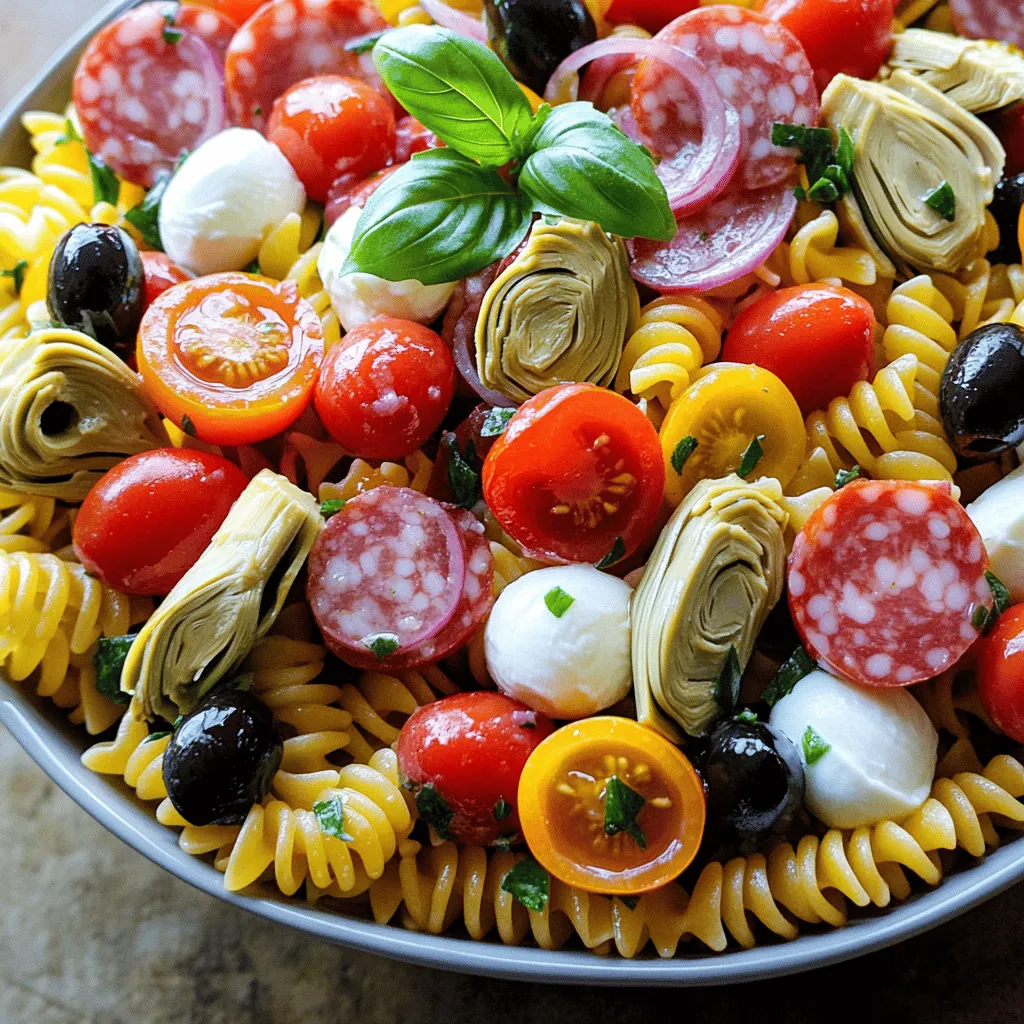For a delicious Easy Italian Antipasto Pasta Salad, gather these ingredients: - 8 oz rotini pasta - 1 cup cherry tomatoes, halved - 1/2 cup black olives, pitted and sliced - 1/2 cup pepperoncini, sliced - 1/2 cup marinated artichoke hearts, chopped - 1 cup mozzarella balls, halved - 1/2 cup salami, sliced into thin strips - 1/4 cup red onion, thinly sliced - 1/4 cup fresh basil, chopped - 1/4 cup olive oil - 2 tablespoons red wine vinegar (or lemon juice for a twist) - 1 teaspoon Italian seasoning - Salt and pepper to taste I always choose fresh, high-quality ingredients. Fresh cherry tomatoes add sweetness. Look for ripe ones. Use good-quality olives and salami; they make a big difference. Opt for whole mozzarella balls when possible. They taste better than pre-shredded cheese. Fresh basil enhances the flavor, so don’t skip it. A good olive oil will tie all the flavors together. You can swap out some ingredients if needed. Use penne or fusilli pasta instead of rotini. If you dislike salami, try prosciutto or turkey slices. For a vegan option, skip the cheese and salami. Use marinated tofu instead. If you can’t find pepperoncini, use banana peppers or jalapeños for heat. Lemon juice can replace red wine vinegar for a brighter taste. First, cook the rotini pasta. Follow the package instructions closely. You want it to be al dente. This means it should be firm, not mushy. After cooking, drain the pasta. Rinse it with cold water. This stops the cooking process and cools it down. Once cooled, set it aside. Next, grab a large mixing bowl. In this bowl, combine the halved cherry tomatoes, sliced black olives, and pepperoncini. Add the chopped artichoke hearts, halved mozzarella balls, sliced salami, and thinly sliced red onion. Now, add the cooled rotini pasta to the bowl. Gently toss everything together. This helps mix all the flavors evenly. In a small bowl, whisk together the olive oil and red wine vinegar. If you want a twist, use lemon juice instead. Add the Italian seasoning and a pinch of salt and pepper. Mix well until the dressing is combined. Pour this dressing over the pasta salad. Toss it again to coat all the ingredients well. Just before serving, fold in the fresh basil. This keeps it bright and fresh. Taste the salad and adjust the seasoning if needed. You want it to be just right! For the full recipe, check out the details above. You can easily prepare this pasta salad ahead of time. Cook the pasta and chop the veggies a day before. Store them in the fridge separately. This keeps everything fresh. Just mix them together with the dressing before serving. This saves you time on busy days. You will enjoy a tasty meal ready to go! To make your salad pop, try adding more spices. Fresh herbs like parsley or dill bring bright flavors. You can also use balsamic vinegar instead of red wine vinegar. A touch of garlic powder adds depth too. Taste as you go, adjusting to your liking. You can even add a pinch of red pepper flakes for heat! Serving matters as much as taste. Use a large, shallow bowl for a nice display. Garnish with extra basil leaves or a sprinkle of Italian seasoning on top. You can also add some colorful bell pepper slices for extra flair. If you serve the salad in individual bowls, it looks fancy and inviting. Enjoy the compliments from your guests! {{image_2}} If you want a vegetarian antipasto pasta salad, skip the salami. You can add more veggies instead. Try using bell peppers, zucchini, or even artichokes for extra flavor. You can also add chickpeas for protein. They make a great meat substitute. This way, everyone can enjoy this tasty dish! To make this salad gluten-free, choose gluten-free rotini pasta. Many brands offer great options. You can find them in most grocery stores. This swap keeps the texture while catering to gluten-free diets. Just follow the same steps in the recipe. You won't miss the regular pasta. You can change the dressing for a new taste. For a creamy option, mix in some Italian dressing or ranch. If you want something zesty, try a lemon vinaigrette. You can also play with herbs. Add fresh parsley or oregano for extra flavor. Use what you love! This keeps the salad fresh and exciting. For more ideas, check the Full Recipe. To keep your Easy Italian Antipasto Pasta Salad fresh, store it in an airtight container. This will help keep the flavors intact. Always let the salad cool to room temperature before sealing. If you have leftovers, do not mix in the dressing right away. Keep it separate for best taste. In the refrigerator, your pasta salad will last about 3 to 5 days. Check for any changes in smell or appearance before eating. If you notice anything off, it’s best to throw it away. The salad tastes best within the first couple of days. While freezing is not ideal, you can freeze the pasta salad if needed. Place it in a freezer-friendly container. Leave a little space at the top for expansion. When ready to eat, thaw it in the refrigerator overnight. Expect some texture changes, but the flavors will still be good. Yes, you can use other pasta shapes. Penne, fusilli, or bowtie work great too. Just choose a shape you like. Each type adds a different texture. The key is to cook pasta until it's al dente. This means it should be firm but not hard. This helps the pasta hold the dressing well. To stop pasta from sticking, rinse it after cooking. Use cold water to cool it down. This also helps keep the pasta firm. You can add a little olive oil after rinsing. Toss it gently so the oil coats each piece. This makes sure the pasta stays separate in the salad. Serve this pasta salad in a large bowl. It's great for family meals or parties. You can garnish it with fresh basil for color. A sprinkle of extra Italian seasoning adds a nice touch. It looks beautiful and tastes fresh. For the full recipe, check out Easy Italian Antipasto Pasta Salad. This blog post covered key ingredients, step-by-step instructions, and useful tips. We explored ingredient quality, common swaps, and ways to enhance your dish. I shared storage advice and answers to FAQs, making it easy to enjoy this recipe. In summary, with the right ingredients and a few tips, you can create a great meal. Dive in, experiment with variations, and remember to have fun while cooking!