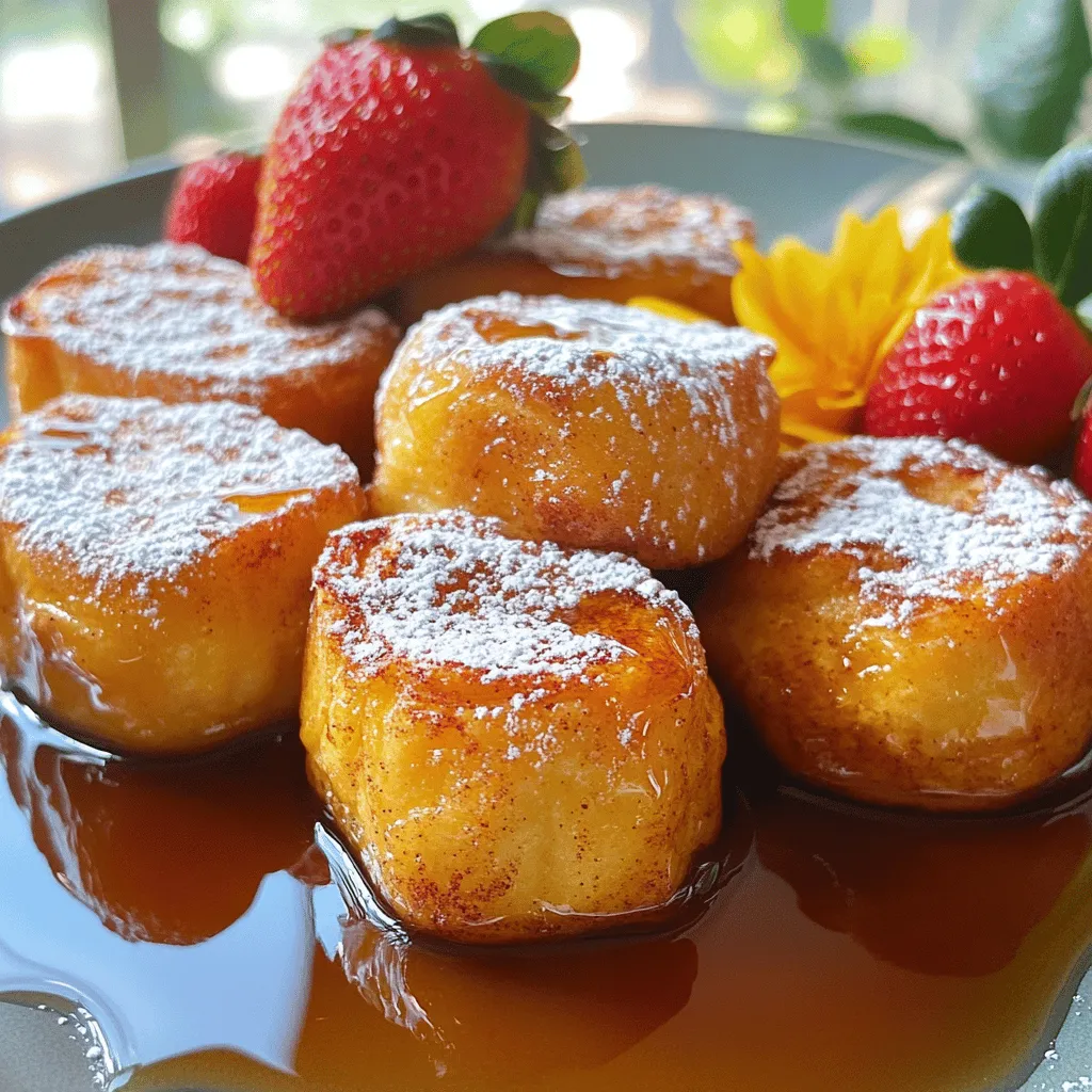 To make these tasty Cinnamon Roll French Toast Bites, you will need: - 1 can refrigerated cinnamon rolls (8 rolls) - 3 large eggs - ½ cup milk - 1 teaspoon vanilla extract - ½ teaspoon ground cinnamon - ¼ teaspoon nutmeg - 2 tablespoons maple syrup (plus more for serving) - Cooking spray or butter for greasing - Powdered sugar for dusting (optional) - Fresh strawberries or berries for garnish (optional) If you want to swap some ingredients, here are my top picks: - Use almond milk or oat milk instead of regular milk for a dairy-free option. - For a vegan version, replace eggs with 1 cup of mashed banana or applesauce. - You can also use a sugar substitute instead of maple syrup if you prefer less sugar. - Try adding a dash of pumpkin spice instead of ground cinnamon for a seasonal twist. Each serving of Cinnamon Roll French Toast Bites has about: - Calories: 270 - Total Fat: 10g - Saturated Fat: 3g - Cholesterol: 110mg - Sodium: 390mg - Total Carbohydrates: 40g - Dietary Fiber: 1g - Sugars: 15g - Protein: 6g Enjoy these bites as a sweet treat! They are fun to make and even better to eat. For the full recipe, check the details above. First, set your oven to 375°F (190°C). This heat will make our bites nice and warm. Next, take a 9x9-inch baking dish and grease it. You can use cooking spray or butter for this. Greasing helps the bites not stick. Now, open the can of cinnamon rolls. Carefully separate each roll and cut them into quarters. Place the pieces aside for later. In a large bowl, whisk together three eggs, half a cup of milk, one teaspoon of vanilla extract, half a teaspoon of ground cinnamon, and a quarter teaspoon of nutmeg. Add two tablespoons of maple syrup to this mix. Whisk until all is smooth. Gently fold in the quartered cinnamon rolls. Ensure each piece is coated well with the egg mixture. Pour the cinnamon roll mix into the greased baking dish. Spread the pieces out evenly. Place the dish in your preheated oven and bake for 20-25 minutes. You want them to turn golden brown and puff up nicely. When done, take the dish out and let it cool for a few minutes. Drizzle more maple syrup on top and, if you like, dust with powdered sugar. Add fresh strawberries or your favorite berries for a pop of color. Serve these warm and enjoy your Cinnamon Roll French Toast Bites! For the complete process, check out the Full Recipe. To get your cinnamon roll bites perfectly puffed, focus on the oven temperature. Preheat your oven to 375°F (190°C) before baking. This step is key! When you mix the cinnamon rolls with the egg mix, ensure every piece is well coated. This helps them puff up nicely. Spread the bites evenly in the baking dish. Avoid overcrowding; give them room to expand. Serving these bites is part of the fun! Place them on a colorful plate for a pop of color. Drizzle extra maple syrup over the top. A dusting of powdered sugar adds sweetness and charm. For a fresh touch, garnish with berries. Strawberries or blueberries work great. You can even serve them with whipped cream on the side for extra delight! One common mistake is not cutting the rolls enough. Quartering each roll helps them cook evenly. Another mistake is opening the oven too soon. This can lead to flat bites. Wait until they are golden brown before checking. Lastly, be mindful of baking time. Overbaking can dry them out. Keep an eye on them in the last few minutes for the best results. For more details, you can check the full recipe. {{image_2}} You can change the flavor of your Cinnamon Roll French Toast Bites easily. Want chocolate? Add chocolate chips to the egg mixture. This makes the bites rich and sweet. For a nutty twist, add chopped nuts like pecans or walnuts. They add crunch and flavor. You can also mix in some pumpkin spice for a fall vibe. Just switch the ground cinnamon with pumpkin spice. These small changes create big taste. If you want to make this recipe dairy-free, you have options. Use almond milk or oat milk instead of regular milk. You can also swap the eggs for a flaxseed mixture. Just mix 1 tablespoon of ground flaxseed with 3 tablespoons of water. Let it sit for a few minutes. This mix will help bind everything together. For a gluten-free option, look for gluten-free cinnamon rolls. They work just as well in this recipe. Toppings can take your bites to the next level. Drizzle extra maple syrup over your bites for added sweetness. You can also dust them with powdered sugar for a nice touch. For freshness, top with fresh strawberries or blueberries. They add color and a burst of flavor. If you want a creamy touch, add a dollop of whipped cream. Each topping choice brings something special. Enjoy trying different combinations with the Full Recipe! After you enjoy your Cinnamon Roll French Toast Bites, let them cool down. Place any leftovers in an airtight container. Keep them in the fridge for up to three days. If you want to keep them longer, freezing is a great option. To reheat, you can use a microwave or an oven. For the microwave, place a few bites on a plate. Heat for about 30-45 seconds. If you prefer the oven, set it to 350°F (175°C). Bake them for about 10 minutes or until warm. This keeps them nice and soft. To freeze, wrap the bites tightly in plastic wrap. Then, place them in a freezer-safe bag. They can stay in the freezer for up to two months. When you are ready to eat, let them thaw in the fridge overnight. Then, reheat as mentioned above. Enjoy your tasty treat anytime! Yes, you can prep the bites ahead. Make the mixture and coat the rolls. Place them in the baking dish but don’t bake yet. Cover and store in the fridge for up to 24 hours. When ready, just bake them. This saves time in the morning. Look for a golden brown color on the bites. They should puff up nicely. A toothpick inserted in the center should come out clean. If it has wet egg mixture, bake for a few more minutes. Absolutely! Homemade cinnamon rolls work great. Just cut them into quarters like the refrigerated ones. You may need to adjust the baking time based on their size and texture. These bites pair well with fresh fruit, like strawberries or blueberries. You can also serve them with whipped cream or extra maple syrup. A sprinkle of powdered sugar adds a nice touch too. For a fun twist, try some chocolate chips or nuts as toppings. For the full recipe, check out the instructions above. In this post, we explored how to make Cinnamon Roll French Toast Bites. We covered key ingredients, substitutions, and nutritional facts. I shared step-by-step baking instructions and tips for perfect bites. We also looked at tasty variations and how to store leftovers. Try these bites at home. They are fun, easy, and delicious. Enjoy your cooking adventure!