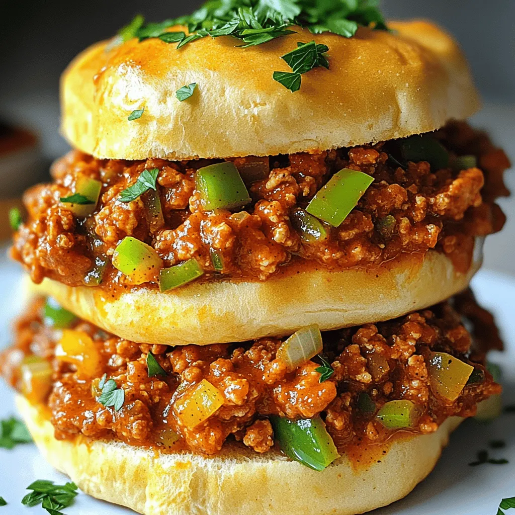 To make Cajun Chicken Sloppy Joes, you will need: - 1 lb ground chicken - 1 small onion, diced - 1 green bell pepper, diced - 2 cloves garlic, minced - 1 tablespoon Cajun seasoning - 1 tablespoon Worcestershire sauce - 1 can (8 oz) tomato sauce - 1 tablespoon brown sugar - Salt and pepper to taste - 4 hamburger buns - Fresh parsley, chopped (for garnish) These ingredients work together to create a dish full of flavor. When choosing fresh ingredients, focus on a few key points: - Chicken: Look for bright pink and moist ground chicken. Avoid any that appears grey or dry. - Vegetables: Choose firm onions and bell peppers. They should feel heavy and have no soft spots. - Garlic: Pick bulbs that are firm and have no sprouting. Fresh garlic has a strong smell and should not be dry. - Parsley: Select vibrant green parsley. It should be fresh and not wilted or yellowed. Fresh ingredients lead to a more tasty meal. If you have dietary needs, you can make some changes: - Ground Chicken: Use ground turkey or lean beef for a different taste. - Worcestershire Sauce: Swap with soy sauce for a gluten-free option. - Tomato Sauce: Try using diced tomatoes or marinara for a chunkier texture. - Buns: Choose lettuce wraps for a low-carb version or gluten-free buns for gluten sensitivity. These swaps help everyone enjoy this dish. For the full recipe, check the detailed instructions. Start by heating a large skillet over medium heat. Add 1 pound of ground chicken. Cook it until it turns brown, which should take about 5-7 minutes. Use a spatula to break the chicken into small pieces. This helps it cook evenly. Next, add in the diced onion, green bell pepper, and minced garlic. Stir these in and cook them until they soften, which takes about 3-4 minutes. This mix adds great flavor to the dish. Then, sprinkle in 1 tablespoon of Cajun seasoning and 1 tablespoon of Worcestershire sauce. Mix well to coat all the chicken and veggies. The seasoning gives your dish that Cajun kick. Now, pour in 1 can of tomato sauce and add 1 tablespoon of brown sugar. Stir everything together, then season with salt and pepper to taste. Let this mixture simmer for about 10 minutes. Stir occasionally until it thickens slightly. While your chicken mixture cooks, you can prepare your buns. Take 4 hamburger buns and toast them. You can use a separate skillet or your oven. Toasting them gives a nice crunch and warmth. To toast in a skillet, just place the buns cut side down for a few minutes until golden brown. If using the oven, broil them for about 1-2 minutes. Keep an eye on them to prevent burning. Once the chicken mixture is ready, it’s time to assemble! Grab your toasted hamburger buns. Spoon the delicious chicken mixture generously onto each bun. Make it look nice by garnishing with chopped fresh parsley. The green color adds freshness and makes your dish pop. Now you're ready to serve! Enjoy these tasty Cajun Chicken Sloppy Joes with your favorite sides. For the full recipe, check the details above. You can make this dish a day early. Just follow the full recipe and let it cool. Store it in a sealed container in the fridge. When you are ready to eat, reheat it on the stove over low heat. Stir often to warm it evenly. You can also use a microwave if you prefer. Just heat it for a minute, then stir and heat again if needed. Want to boost the taste? You can add more spices. A dash of hot sauce gives it a kick. You might also try diced tomatoes for some freshness. Or, mix in some corn for a sweet taste. Adding a spoonful of cream cheese can make it creamy and rich. Each of these will add a fun twist to your Cajun Chicken Sloppy Joes. Think about what to serve with your sloppy joes. A fresh salad pairs well and adds crunch. Sweet potato fries give a nice balance to the meal. You could also try coleslaw for a creamy touch. If you want something simple, chips are great too. They add a nice crunch alongside your flavorful dish. {{image_2}} If you love heat, add more spice to your Cajun Chicken Sloppy Joes. Try using a spicier Cajun seasoning or add diced jalapeños. You can also mix in some hot sauce for extra kick. This will give your dish a fiery twist that spice lovers will adore. You can easily make a vegetarian version of this dish. Use plant-based ground meat, like lentils or chickpeas. These options offer great texture and flavor. Season them with the same Cajun spices. This way, everyone can enjoy a tasty meal, no matter their diet. For gluten-free options, swap regular buns for gluten-free ones. You can also serve the chicken mix over lettuce wraps or cauliflower rice. This keeps the flavors intact while lowering carbs. Feel free to get creative with your toppings to keep it fun and fresh. This recipe allows for plenty of twists, so check out the Full Recipe for more ideas! To keep your Cajun Chicken Sloppy Joes fresh, store them in an airtight container. This method helps prevent drying out. Let the dish cool to room temperature before sealing it. You can keep it in the fridge for up to three days. If you have leftover buns, store them separately to avoid sogginess. Freezing is a great option for longer storage. Place the cooled chicken mixture in a freezer-safe container. Make sure it is tightly sealed to avoid freezer burn. You can freeze it for up to three months. When you're ready to eat, thaw it overnight in the fridge. This keeps the flavors fresh and vibrant. When it's time to reheat, use the stovetop for the best results. Place the chicken mixture in a skillet over low heat. Stir it often to heat evenly and prevent sticking. If it seems dry, add a splash of water or broth. For buns, you can toast them lightly in the oven. This method restores their crunch and enhances your meal. For the complete recipe, refer to the Full Recipe section. Cajun Chicken Sloppy Joes pair well with many sides. Try serving them with: - Crispy potato fries - Coleslaw for crunch - A fresh garden salad - Sweet corn on the cob These sides enhance the meal and balance the rich flavors. You can also serve pickles or chips for a fun crunch. To spice up your Cajun Chicken Sloppy Joes, add more Cajun seasoning. You can also try these tips: - Mix in diced jalapeños for heat - Add a splash of hot sauce - Use spicy mustard in the sauce Adjust the spice to your taste. Start with a little and add more as you go. This way, you can find your perfect kick! Yes, you can make Cajun Chicken Sloppy Joes ahead of time. Here’s how: - Cook the chicken mixture and let it cool. - Store it in an airtight container in the fridge for up to three days. - Reheat it on the stove or microwave before serving. Making it in advance saves time on busy nights. Just toast your buns right before serving for that fresh touch. For the complete recipe, check the Full Recipe section. In this blog post, you learned how to create delicious Cajun Chicken Sloppy Joes. We covered ingredients, cooking steps, and tips to enhance the dish. You can choose fresh items or make substitutions for diets. We explored fun variations, like spicy options or vegetarian choices. Remember to store leftovers properly and use reheating methods for the best taste. Armed with this knowledge, you can impress friends and family with your cooking. Enjoy your Cajun Chicken Sloppy Joes, and don’t hesitate to get creative!