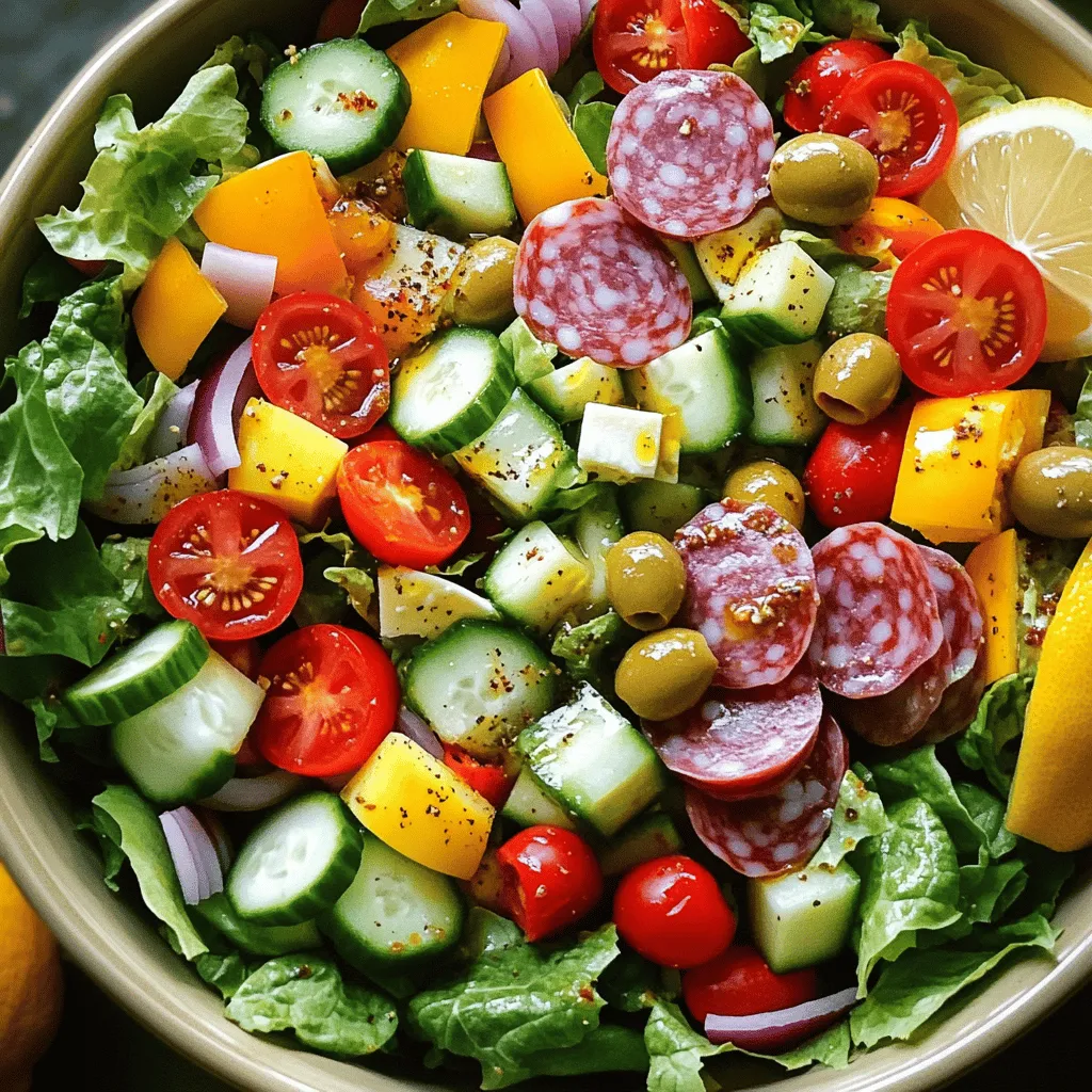 When making a Low Carb Italian Grinder Salad, fresh ingredients shine. Here’s what you need: - 2 cups romaine lettuce, chopped - 1 cup cherry tomatoes, halved - ½ cup cucumber, diced - ½ cup bell pepper, diced - ½ cup red onion, thinly sliced - 1 cup salami, sliced into strips - 1 cup provolone cheese, cubed - ½ cup pepperoncini, sliced - ¼ cup olives, pitted and sliced - ¼ cup olive oil - 2 tablespoons red wine vinegar - 1 tablespoon Italian seasoning - Salt and pepper to taste Each ingredient brings its own flavor and texture. The romaine lettuce serves as a crisp base. Cherry tomatoes add sweetness, while cucumbers and bell peppers offer crunch. Salami and provolone cheese provide protein and richness. Pepperoncini and olives give a nice briny kick. The dressing is simple yet flavorful. Olive oil and red wine vinegar blend with Italian seasoning, salt, and pepper. This mix ties all the ingredients together. For the full recipe, check out the details in the guide. Enjoy making this fresh and vibrant salad! Start your salad by washing all the fresh vegetables. Rinse the romaine lettuce under cold water. Then, chop it into bite-sized pieces. Next, take your cherry tomatoes and cut them in half. You want the flavors to spread out nicely. Now, dice the cucumber and bell pepper into small pieces. Finally, slice the red onion thinly. This mix adds flavor and crunch. In a large mixing bowl, combine the chopped romaine, halved cherry tomatoes, diced cucumber, and bell pepper. This colorful base makes your salad pop! Next, add the salami strips for a savory kick. Toss in the cubed provolone cheese for creaminess. Then, add sliced pepperoncini and olives for a tangy touch. Mix everything together gently so each bite is packed with flavor. In a small bowl, whisk together olive oil, red wine vinegar, and Italian seasoning. This dressing ties the salad together. Add salt and pepper to taste. Once it's well mixed, pour the dressing over the salad. Toss everything together until the salad is fully coated in that tasty dressing. Let it sit for about 10-15 minutes. This allows the flavors to meld, creating a delicious mix. For the full recipe, check the details above. You can make this salad your own. Try adding different proteins. Chicken or turkey work great. You can also swap out cheese. Adding nuts can give your salad extra crunch. Pecans or walnuts are perfect choices. Experiment with flavors that you love. To save time, prepare your ingredients ahead. Chop veggies and store them in the fridge. This way, you can quickly assemble your salad later. When storing dressing, keep it separate. This helps prevent sogginess. Pour it on just before you eat. Choose the freshest vegetables and herbs. Look for bright colors and firm textures. For herbs, smell them to check their flavor. Store any leftover salad in an airtight container. This keeps it fresh for a couple of days. Enjoy your Low Carb Italian Grinder Salad fresh and tasty! {{image_2}} For a keto-friendly version of the Low Carb Italian Grinder Salad, swap regular salami for turkey or chicken. These proteins keep the carb count low while adding flavor. You can also change provolone cheese to mozzarella or feta for a different taste. Consider adding more leafy greens like spinach or kale. These greens are low in carbs and boost nutrition. Fresh herbs like basil or parsley can enhance the flavor. A touch of garlic powder or red pepper flakes can add a nice kick. To complement your salad, serve it with grilled chicken or fish. These proteins pair well and keep the meal balanced. You can also offer a side of roasted vegetables for added nutrition. When plating, use large, colorful bowls to showcase the salad. Garnish with extra olives and a sprinkle of Italian seasoning. A slice of lemon on the side adds a fresh touch and visual appeal. For more ideas, check the Full Recipe. To keep your Low Carb Italian Grinder Salad fresh, store it in an airtight container. This helps to prevent moisture loss and keeps the salad crisp. Place the salad in the fridge right after serving. It will last for about 3 days. If you have dressing mixed in, the salad may get soggy. To avoid this, store the dressing separately. I recommend enjoying this salad cold. The crunchy veggies taste best chilled. If you decide to heat it, be aware that the lettuce will wilt. The flavors may blend more, but you will lose the crispness. A quick warm-up in the microwave for 10-15 seconds can work. Just remember, cold is where the salad shines! For the complete experience, check out the Full Recipe. This salad is low carb because it uses fresh vegetables and meats. The main ingredients, like romaine lettuce and cucumbers, are low in carbs. Salami and provolone cheese add flavor without many carbs. - Romaine lettuce - Cherry tomatoes - Cucumber - Bell pepper - Salami - Provolone cheese - Pepperoncini - Olives These ingredients keep the carb count low while still tasting delicious. You avoid high-carb items like bread or pasta. Yes, you can use many different vegetables. Feel free to swap out veggies based on your taste. Some great options include: - Spinach instead of romaine - Zucchini instead of cucumbers - Radishes for crunch These swaps still keep the salad fresh and tasty. You can add more colors and flavors, too. Yes, you can easily make this salad vegan. To do this, simply replace the meat and cheese. Here are some great options: - Use chickpeas or tofu instead of salami. - Swap provolone with vegan cheese. These changes keep the salad full of flavor and plant-based. You can still enjoy the tasty dressing with olive oil and vinegar. This blog post covered how to create a fresh, tasty salad. We discussed key ingredients, step-by-step prep, and tips for customizing it. You can even make low-carb and vegan versions. Proper storage keeps your salad fresh for longer, too. A good salad fits many needs and can be fun to make. Enjoy playing with flavors and ingredients to make it your own!