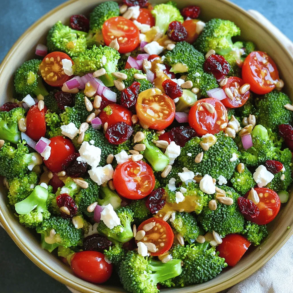 - 4 cups fresh broccoli florets - 1 cup cherry tomatoes, halved - 1/2 cup red bell pepper, diced - 1/4 cup red onion, finely chopped - 1/2 cup dried cranberries - 1/2 cup roasted sunflower seeds - 1/4 cup feta cheese, crumbled - 3 tablespoons olive oil - 2 tablespoons apple cider vinegar - 1 tablespoon honey - Salt and pepper to taste Broccoli: Broccoli is a superfood. It has vitamins C and K. These help keep your bones strong and your immune system healthy. It also has fiber, which helps digestion. Eating broccoli can lower the risk of some diseases. Cranberries and Feta: Cranberries add a sweet and tangy flavor. They are full of antioxidants, which are good for your heart. Feta cheese gives a nice creaminess and adds calcium. Together, they make the salad tasty and nutritious. - Mixing bowls - Pot for blanching - Whisk for dressing preparation When you gather these items, you set yourself up for success. Enjoy the process of making this vibrant Broccoli Bliss Salad! For the full recipe, refer to the section above. First, we need to blanch the broccoli. This means we will cook it quickly in boiling water. Bring a pot of water to a boil. Add 4 cups of fresh broccoli florets. Cook them for 2 to 3 minutes until they turn bright green and are tender-crisp. Remove the broccoli from the pot and drain it. Next, we cool the broccoli quickly. Prepare a bowl of ice water. Transfer the broccoli to the ice water right away. This stops the cooking process and keeps the color bright. Let it cool for about 5 minutes. After that, drain the broccoli again and pat it dry with a paper towel. Now, it’s time to mix the ingredients. In a large bowl, combine the cooled broccoli, 1 cup of halved cherry tomatoes, 1/2 cup of diced red bell pepper, 1/4 cup of finely chopped red onion, 1/2 cup of dried cranberries, 1/2 cup of roasted sunflower seeds, and 1/4 cup of crumbled feta cheese. Next, let’s make the dressing. In a small bowl, whisk together 3 tablespoons of olive oil, 2 tablespoons of apple cider vinegar, 1 tablespoon of honey, and add salt and pepper to taste. Drizzle this dressing over the salad mixture. Toss everything gently until it is well-coated. Allow the salad to rest for about 10 minutes. This helps the flavors blend nicely. For serving, use a large bowl. Garnish with extra feta cheese and a sprinkle of sunflower seeds on top. This adds extra crunch and makes it look nice. Enjoy your Broccoli Bliss Salad! For the full recipe, check the section above. To make the best Broccoli Bliss Salad, start by blanching the broccoli. Bring a pot of water to a boil. Add the broccoli florets and cook for 2-3 minutes. You want them bright green and tender-crisp. Then, drain the broccoli and place it in ice water. This stops the cooking and keeps the color bright. Let it cool for about five minutes. After cooling, drain and pat dry. Achieving a balanced flavor is key. The mix of sweet cranberries, tangy feta, and crunchy sunflower seeds brings joy. Use fresh cherry tomatoes and red bell peppers for color and taste. A touch of honey adds sweetness. Adjust salt and pepper to fit your taste. You can change the dressing if you want. Instead of honey, use maple syrup for a vegan option. You can also swap apple cider vinegar with lemon juice for a bright flavor. If you enjoy herbs, try adding fresh basil or parsley to the dressing. To customize the dressing, start with olive oil as your base. Add your preferred vinegar and sweetener. Whisk together until smooth. Taste and tweak to match your palate. The best temperature for serving Broccoli Bliss Salad is cool. It tastes fresh and vibrant when chilled. If you make it ahead, store it in the fridge for an hour before serving. To keep the salad fresh, cover it tightly with plastic wrap or a lid. This protects the flavors and ingredients. If you have leftovers, store them in an airtight container in the fridge. Enjoy your Broccoli Bliss Salad straight from the fridge or let it sit for a few minutes. For the full recipe, check out the Broccoli Bliss Salad instructions. {{image_2}} You can boost the Broccoli Bliss Salad with protein. Grilled chicken adds flavor and heartiness. Chop it into bite-sized pieces and mix it in. If you prefer a vegetarian option, try beans. Black beans or chickpeas work well. Both options make your salad more filling and nutritious. Change up the salad based on what’s in season. In spring, add asparagus or snap peas for freshness. Summer is perfect for adding cucumbers or zucchini. In autumn, consider roasted sweet potatoes or butternut squash. These changes keep the salad exciting and flavorful. To make the salad vegan, skip the feta cheese. Substitute it with a dairy-free cheese option. Nutritional yeast can also add a cheesy flavor. For gluten-free options, ensure your dressing is gluten-free. Most ingredients in the salad are already gluten-free, making it easy to adapt. To keep your Broccoli Bliss Salad fresh, store it in an airtight container. Glass or plastic containers work well. Make sure to seal it tightly. This helps prevent air from making it soggy. You can keep the salad in the fridge for up to three days. If you see any moisture build-up, dry the salad gently before serving. If you want to save your salad for later, freezing is an option. However, I recommend freezing only the broccoli and grains. The other ingredients can become mushy. To freeze, place the broccoli florets in a freezer bag. Remove as much air as possible before sealing. For grains like quinoa, cook and cool them first. Then, store them in a separate freezer bag. This keeps the texture nice when you thaw. How long does Broccoli Bliss Salad last in the fridge? It lasts about three days at best. After that, the veggies start to lose their crunch. You should check for signs of spoilage. Look for wilted greens or off smells. If it smells sour or looks slimy, it's time to toss it. Always trust your senses when it comes to food safety. Yes, you can make this salad ahead of time. I recommend preparing it up to 24 hours in advance. This allows the flavors to mix well. Just keep it in the fridge in a sealed container. If you wait longer, the broccoli may lose its crunch. If you want to swap out sunflower seeds, try these options: - Chopped walnuts for a nutty taste - Pumpkin seeds for a crunchy texture - Sliced almonds for a light crunch - Pecans for a sweet flavor These alternatives keep the salad tasty while adding a unique twist. Yes, broccoli salad is very healthy! Here’s a quick look at its nutrition: - Calories: About 200 per serving - Fiber: High in fiber, great for digestion - Vitamins: Packed with vitamins A, C, and K - Minerals: Contains calcium and iron Broccoli provides antioxidants, which help fight disease. The dried cranberries add natural sweetness and vitamins. This guide has shown you how to make a delicious Broccoli Bliss Salad. We explored each ingredient and its health benefits, from crunchy broccoli to sweet cranberries. I shared tips to make your salad stand out, plus variations to suit different diets. Remember, you can store leftovers wisely to enjoy later. The best salads are fresh, colorful, and full of flavor. Enjoy your cooking journey and create a salad that you and others will love.