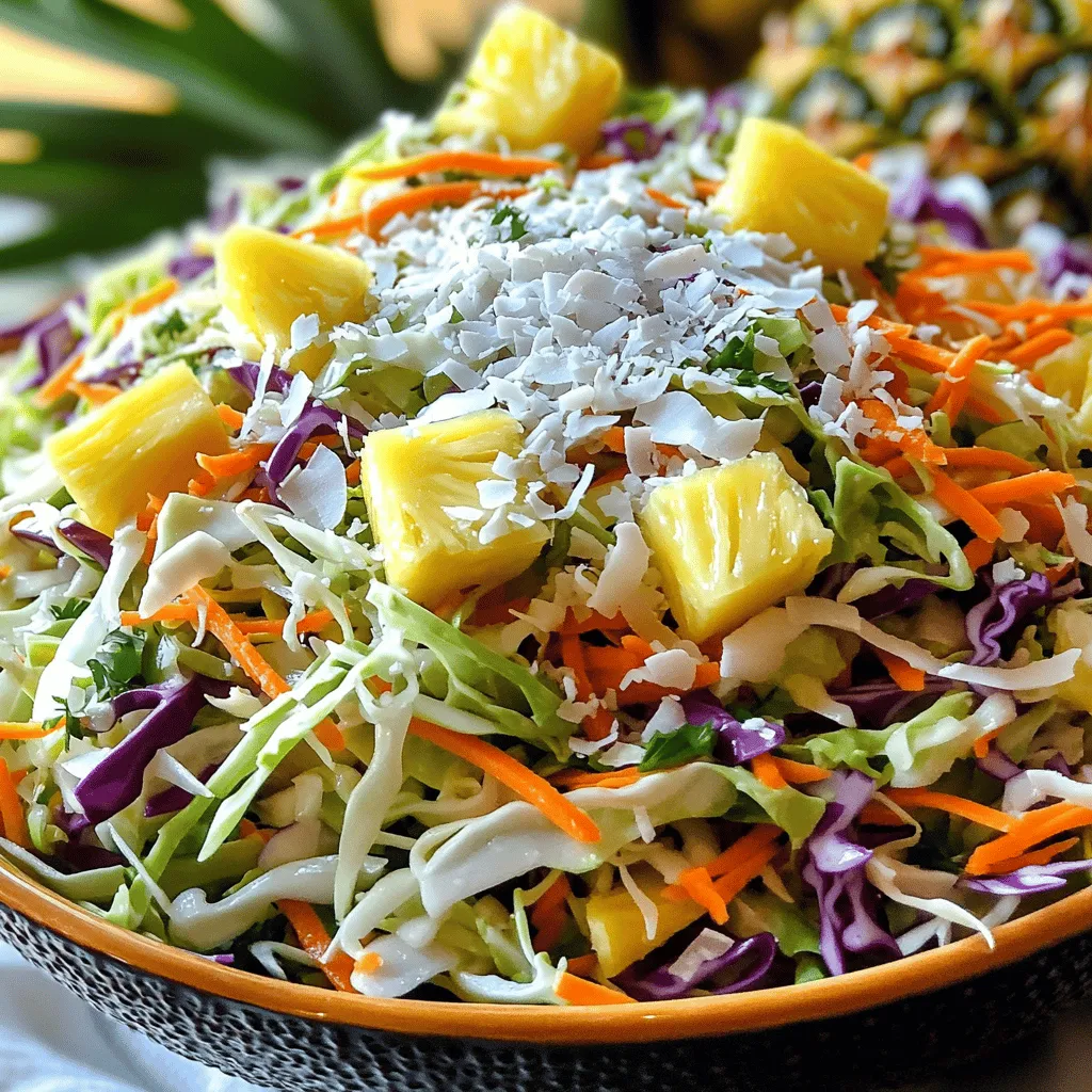 - 4 cups green cabbage, thinly sliced - 1 cup purple cabbage, thinly sliced - 1 cup carrots, grated - 1 cup pineapple, diced - 1 red bell pepper, thinly sliced - 1/2 cup green onions, chopped - 1/2 cup unsweetened shredded coconut Tropical coleslaw shines with its bright colors and fresh flavors. The main ingredients create a crisp and crunchy base. Green and purple cabbage add a nice crunch and color. Carrots give a sweet touch, while pineapple and red bell pepper bring a juicy burst of flavor. Green onions add a mild onion taste, and shredded coconut gives a delightful tropical twist. - 1/3 cup mayonnaise - 2 tablespoons apple cider vinegar - 1 tablespoon honey - Salt and pepper to taste The dressing is key to tying all these flavors together. A creamy base of mayonnaise helps coat the veggies. Apple cider vinegar adds tang, while honey brings just the right amount of sweetness. Season with salt and pepper to enhance all the tastes. - Additional fruits (mango, kiwi) - Nuts (cashews, almonds) - Spices (cayenne pepper, paprika) Feel free to customize your coleslaw! Adding fruits like mango or kiwi can make it even more tropical. Nuts, such as cashews or almonds, add crunch and protein. A sprinkle of cayenne pepper or paprika can give a nice kick if you like some heat. If you want to make this dish, check out the Full Recipe for more details. Mixing the vegetables Start with a large bowl. Add 4 cups of thinly sliced green cabbage. Next, toss in 1 cup of thinly sliced purple cabbage. Add 1 cup of grated carrots for crunch. Then, mix in 1 cup of diced pineapple for sweetness. Don’t forget to add 1 thinly sliced red bell pepper. Finally, stir in 1/2 cup of chopped green onions for flavor. Preparing the dressing In a small bowl, combine 1/3 cup of mayonnaise. Add 2 tablespoons of apple cider vinegar for tang. Then, mix in 1 tablespoon of honey for sweetness. Season with salt and pepper to taste. Whisk everything together until smooth and creamy. Combining dressing with vegetables Pour the dressing over the vegetable mix. Toss everything well so all the veggies get coated. This step is key for flavor. Make sure every bite is tasty! Folding in shredded coconut Gently fold in 1/2 cup of unsweetened shredded coconut. This adds a tropical twist and extra texture. Be careful not to crush the veggies while mixing. Chilling the coleslaw Cover the bowl with plastic wrap. Place it in the fridge for at least 30 minutes. This allows the flavors to blend. It also makes the coleslaw cool and crisp. Recommended dishes to pair with This tropical coleslaw goes well with grilled chicken or fish. It also pairs nicely with tacos or pulled pork. The bright flavors balance rich dishes perfectly. Ideal serving temperature Serve the coleslaw cold. It tastes best fresh from the fridge. For a nice touch, garnish with extra shredded coconut and pineapple chunks. This makes it look even more appealing. For the full recipe, check out the details provided above. Chilling your tropical coleslaw is key. It helps the flavors mix well. I suggest you chill it for at least 30 minutes. This time lets the veggies soak in the dressing. You can always taste it before serving. If you want more zing, add a little salt or pepper. Adjust it to fit your taste. To save time, you can prepare the coleslaw a day early. Just store it in an airtight container. This keeps it fresh and crisp. Be sure to layer the dressing on top until you’re ready to serve. This step helps the veggies stay crunchy. Serve your coleslaw in a bright bowl. A colorful bowl adds fun to your table. You can also garnish with extra shredded coconut or pineapple chunks. These little touches make it look fancy and inviting. Try adding a sprig of mint for an extra pop of color. Check out the Full Recipe for more details on making this tasty side! {{image_2}} You can mix up the fruits in your coleslaw. Mango and papaya are great choices. They add sweetness and a nice texture. You can also try adding citrus fruits like lime or orange. Citrus gives a fresh, zesty flavor that brightens the dish. Just be sure to adjust the sweetness in your dressing. If you're looking for a change, try a vinaigrette instead of the creamy dressing. Mix olive oil, vinegar, and a touch of mustard for a light, tangy option. You can also use yogurt instead of mayonnaise. This swap makes the dish creamier but cuts down on calories. Plus, it adds a nice tang. Making a vegan version is easy. Just skip the mayonnaise and use a vegan alternative. This keeps the coleslaw fresh and plant-based. For a low-calorie option, reduce the honey or leave it out. You can add extra fruits for sweetness instead. This way, you keep the flavor without the extra calories. To keep your tropical coleslaw fresh, use airtight containers. Glass or plastic containers work well. They help keep moisture in and air out. Store it in the fridge for up to three days. The flavors stay bright, but the crunch may fade. You can freeze tropical coleslaw, but it may change texture. Freezing works best if you remove excess liquid first. Place it in a freezer-safe bag or container. To thaw, move it to the fridge overnight. Stir it well before serving. If you have leftover coleslaw, get creative! Add it to tacos or sandwiches for a fun twist. You can also mix it into rice or grain bowls. To freshen up the taste, squeeze in some lime juice or add fresh herbs. This will give it new life after being stored. Tropical coleslaw stays fresh for about 3 to 5 days in the fridge. To check if it is still good, look for a change in color or smell. If it smells sour or looks slimy, it’s time to toss it. Always store it in an airtight container to keep it crisp and fresh. Yes, you can make tropical coleslaw the night before. This can save you time on busy days. To prep in advance, mix all the veggies and dressing but keep the coconut separate. Add the coconut right before serving to keep it crunchy. Tropical coleslaw goes well with grilled chicken, shrimp, or pork. The sweet and tangy flavors of the coleslaw balance the savory taste of these meats. You might also serve it with fish tacos or barbecue dishes for a tasty combo. For the full tropical coleslaw recipe, check out [Full Recipe]. Tropical coleslaw blends fresh veggies and sweet fruits for a tasty dish. You learned about the main ingredients, the dressing, and optional add-ins to elevate your recipe. We covered step-by-step instructions for prep and serving ideas. Tips for flavor and storage helped ensure your coleslaw stays fresh. Explore variations like using different fruits or dressings to suit your tastes. Enjoy making this refreshing dish, and remember it’s perfect for many meals!