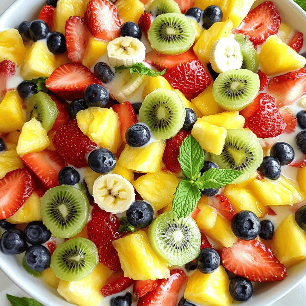 - Fresh fruits (strawberries, pineapple, kiwi, blueberries, banana) - Sweetened condensed milk - Fresh lime juice - Vanilla extract - Fresh mint leaves for garnish For this fruit salad, I love using a mix of sweet and tangy fruits. The strawberries bring a bright color and juicy flavor. Pineapple adds a tropical touch, while kiwi gives a fun twist. Blueberries offer a burst of sweetness, and bananas bring creaminess to the mix. I recommend using sweetened condensed milk for a rich, creamy dressing. It adds a lovely sweetness that pairs perfectly with the fruits. A splash of fresh lime juice brightens the flavors and balances the sweetness. A hint of vanilla extract adds depth. This fruit salad is not just tasty but also nutritious. Each serving is about 150 calories. Here’s a quick breakdown of the macronutrients: - Carbohydrates: 30g - Protein: 2g - Fat: 3g You get a good dose of vitamins from the fruits. They provide fiber, antioxidants, and hydration. Feel free to mix up the fruits based on what you like or have at home. You can use mangoes, peaches, or even grapes. If you want a dairy-free option, try coconut cream or almond milk instead of sweetened condensed milk. This way, you keep the creaminess without the dairy. To make your fruit salad, you first need to prepare the fruits. Let's start with the strawberries. - How to hull and slice strawberries: Hold a strawberry in your hand. Use a small knife to cut out the green leaves at the top. Then, slice the strawberry into thin pieces. - Dicing pineapple and peeling kiwi: For the pineapple, cut off the top and bottom first. Stand it up and cut off the skin in strips. Then, slice the pineapple into small cubes. For the kiwi, cut off both ends and then peel the skin with a knife. Slice it into rounds. Now, let's make the sweet dressing. It is super easy! - Instructions for whisking together ingredients: In a small bowl, add the sweetened condensed milk, fresh lime juice, and vanilla extract. Grab a whisk and mix it all together until it is smooth. This mixture adds a creamy touch to your salad. Now it's time to bring everything together! - How to properly toss the salad without bruising the fruit: In a large bowl, combine all the chopped fruits. Pour the condensed milk mixture over the fruits. Use a spatula or large spoon to gently toss the salad. Be careful not to mash the fruit, just mix until all the pieces are coated. After this, cover the bowl and chill it in the fridge for about 30 minutes. This helps the flavors blend nicely. Enjoy your fruity indulgence salad! To make your fruit salad pop, add fresh lime or lemon juice. The citrus brightens the flavors and balances sweetness. Just a tablespoon goes a long way. You can also think about adding spices or herbs. A pinch of cinnamon or mint can give the salad a fun twist. Serving your salad in a clear bowl makes it look great. You can use a large glass bowl or individual cups. This way, everyone can see the colorful fruits. For a lovely touch, garnish with fresh mint leaves. The green adds color and a fresh scent. Chilling the salad is key for great taste. Let it sit in the fridge for at least 30 minutes. This time allows the flavors to blend. You’ll enjoy a more refreshing and tasty treat. {{image_2}} You can switch up the fruits in this fruit salad for a fresh twist. Here are two fun ideas: - Tropical fruits alternative: Try using mango, papaya, or coconut. These fruits add a sweet and juicy taste that brightens the salad. They also bring a tropical vibe to your dish. - Berry-based variations: Use raspberries, blackberries, or cherries. These berries are tart and sweet, giving your salad a burst of flavor. Mixing berries with the other fruits creates a colorful and tasty treat. You can change the dressing to match your taste or diet. Here are some options: - Using yogurt or sour cream instead of condensed milk: If you want a lighter salad, you can use plain yogurt or sour cream. This change adds creaminess with a tangy flavor. It also makes it a bit healthier. - Making it a vegan dish: For a vegan option, use coconut cream or a plant-based yogurt. These choices keep the salad creamy and tasty without any dairy. Your friends will love it just as much! Adding some crunch can make your fruit salad even better. Here’s how: - Incorporating nuts or seeds: Sprinkle in some chopped nuts like almonds or walnuts. You can also add seeds like pumpkin or sunflower seeds. These add texture and extra nutrition. They make your fruit salad more filling and satisfying. For the full recipe, check out the Fruity Indulgence Salad. Enjoy making your unique version! To keep your fruit salad fresh, place it in an airtight container. Cover the container tightly to avoid air exposure. This helps maintain the salad's taste and texture. Store it in the fridge right away. If you leave it out, the fruit may spoil faster. When stored correctly in the fridge, your fruit salad will stay fresh for about 3 days. After that, the fruits may lose their crunchiness. You might notice some browning, especially with bananas. Always check the salad before serving. If it smells off or looks bad, it’s best to toss it. I don’t recommend freezing this salad. The fruits will lose their texture and become mushy. However, if you want to preserve some fruits, freeze them separately. Cut the fruits and spread them in a single layer on a baking sheet. After they freeze, transfer them to a freezer bag. They can last up to 6 months in the freezer. This way, you can enjoy them later in smoothies or other dishes. Yes, you can use frozen fruits. They are convenient and often just as tasty as fresh fruits. Here are some pros and cons: - Pros: - Frozen fruits are easy to find year-round. - They last longer in your freezer. - You can skip washing and peeling, saving time. - Cons: - Frozen fruits may lose some texture. - They can be watery when thawed. - The color may not be as bright as fresh fruits. If you choose frozen fruits, let them thaw and drain excess water before mixing them with condensed milk. You can keep your fruit salad in the fridge for about 2 to 3 days. For the best taste, eat it within one day. After that, the fruits may become mushy. To keep it fresh longer, cover it tightly with plastic wrap or a lid. Yes, you can prepare this salad ahead of time. Here are some tips: - Mix the fruits and the condensed milk mixture separately. - Combine them right before serving. This helps keep the fruits firm. - Prepare the salad up to a day in advance. Just store it in the fridge. This way, you’ll have a delicious treat ready to go! For the full recipe, check out the Fruity Indulgence Salad details. You learned about making a fresh fruit salad that bursts with flavor. We covered essential ingredients, like fruits and sweetened condensed milk. I shared step-by-step instructions for preparation and mixing. You now know tips to enhance flavor and store leftovers. Remember, the right mix of fruits and a tasty dressing makes all the difference. Don’t shy away from experimenting with different fruits and toppings. Enjoy making your fruit salad and delight in every bite!