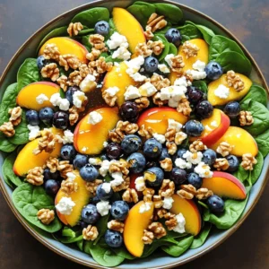 - 2 cups fresh baby spinach - 1 peach, sliced - 1 cup fresh blueberries The key to this salad's freshness lies in the produce. Start with baby spinach. It adds a soft, leafy base. Next, slice a ripe peach. The juicy sweetness of peaches enhances the flavor. Add a cup of fresh blueberries. Their slight tartness balances the sweetness of the peach. - 1/2 cup crumbled feta cheese - 1/4 cup chopped walnuts (toasted) The feta cheese brings creaminess to the salad. It adds a salty kick that pairs well with the fruit. Toasted walnuts add crunch. Their nutty flavor complements the sweetness of the fruits. - 2 tablespoons honey - 1 tablespoon balsamic vinegar - 1 tablespoon olive oil - Salt and pepper to taste The dressing ties everything together. Use honey for sweetness. Balsamic vinegar adds tang. Olive oil brings richness. Don't forget salt and pepper! They enhance all the flavors. For the full recipe, refer to the Blueberry Peach Feta Salad section above. To start, gather your fresh ingredients. In a large salad bowl, combine: - 2 cups fresh baby spinach - 1 peach, sliced - 1 cup fresh blueberries Mix these vibrant ingredients with care. The spinach gives a nice, crunchy base. The peaches add sweetness, while the blueberries bring a burst of flavor. Next, sprinkle on the feta cheese and walnuts. Use: - 1/2 cup crumbled feta cheese - 1/4 cup chopped walnuts (toasted) The feta adds creaminess, and the walnuts give a nice crunch. This combo makes your salad special and tasty. Now it’s time to make the dressing. In a small bowl, whisk together: - 2 tablespoons honey - 1 tablespoon balsamic vinegar - 1 tablespoon olive oil - Salt and pepper to taste Whisk until the mixture is smooth. This dressing ties everything together with its sweet and tangy flavor. Taste the dressing and adjust it to your liking. If you want it sweeter, add more honey. If you like it tangy, drizzle in more vinegar. Now, drizzle the dressing over your salad. Gently toss the salad to make sure the dressing coats all the ingredients. Make sure to present your salad nicely. Place it in a large bowl or individual plates. Add a few extra blueberries and walnuts on top for a beautiful finish. Enjoy your fresh, flavorful Blueberry Peach Feta Salad! For more details, check the Full Recipe. Choosing Ripe Peaches Look for peaches that feel soft but not mushy. The skin should be smooth and fragrant. A ripe peach will have a sweet scent. If you find hard peaches, let them ripen at room temperature for a few days. Freshness of Spinach and Berries Always pick fresh baby spinach and berries. Spinach leaves should be vibrant and crisp. Check berries for any signs of mold or squishy spots. Fresh berries should be firm and bright in color. Serving Suggestions and Plates Use a wide, shallow bowl to show off the salad’s colors. A white plate makes the salad pop. You can also serve it on a rustic wooden board for a casual look. This adds charm and style to your table. Garnishing for Visual Appeal Add a sprinkle of extra feta and walnuts on top. Toss in some fresh mint leaves for a splash of green. A drizzle of honey can add shine and make the dish look even more appetizing. Customizing the Dressing You can tweak the dressing to fit your taste. If you want it sweeter, add more honey. For a tangy kick, increase the balsamic vinegar. Mix and match until you find your perfect balance. Substituting Ingredients Feel free to swap ingredients based on what you have. Try arugula instead of spinach for a peppery flavor. You can use goat cheese instead of feta for a creamier texture. This salad is flexible and fun to make! For the full recipe, check out the Blueberry Peach Feta Salad details! {{image_2}} Adding Seasonal Fruits You can change this salad with fresh fruits. In summer, try adding strawberries or raspberries. In fall, consider apples or pears. These fruits add a fun twist and keep things fresh. Incorporating Other Greens While baby spinach is great, you can also use arugula or kale. These greens add a different flavor. They also bring health benefits. Mixing greens can make your salad more exciting. Making it Vegan To make this salad vegan, skip the feta cheese. You can use a plant-based cheese instead. A creamy cashew cheese works well. You can also add avocado for creaminess and flavor. Gluten-Free Options This salad is gluten-free as is. Just double-check your feta cheese and dressings. Some brands may add gluten. Always read labels to be safe. Adding Herbs (like Mint or Basil) Fresh herbs can make your salad pop. Mint gives a bright touch, while basil adds depth. Just sprinkle some on top before serving. It’s a simple way to boost flavor. Incorporating Other Cheeses If you like different cheeses, try goat cheese or blue cheese. These will alter the taste and texture. Experimenting with cheese can lead to new favorites. You can find your perfect match with just a small change. For the full recipe, refer to the Blueberry Peach Feta Salad. - Storing Leftovers: After enjoying your Blueberry Peach Feta Salad, store leftovers in a sealed container. This keeps the salad fresh and tasty. If you have leftover dressing, keep it separate to avoid soggy greens. - Keeping Ingredients Fresh: To keep ingredients fresh, always wash and dry your spinach and fruits before storing. Keep peaches at room temperature until ripe, then store them in the fridge. This helps maintain their sweetness. - Prepping Ingredients Ahead: Wash and slice your peaches and berries in advance. Store them in airtight containers. You can also crumble the feta and toast the walnuts for easy use later. - Assembling the Salad For Later: If you want to prepare the salad ahead of time, layer the spinach, peaches, and blueberries in a container. Keep the feta and walnuts on top to prevent them from getting soggy. Add dressing right before serving. - How Long it Lasts in the Fridge: Your salad stays fresh in the fridge for up to three days. After that, the flavors may change, and the greens can wilt. - Signs of Spoilage: Check for slimy greens or off smells. If the salad looks brown or mushy, it's time to toss it. Always trust your senses when it comes to freshness. Yes, you can make this salad ahead of time. To keep it fresh, follow these best practices. - Prepare the salad base without dressing. - Store the salad in an airtight container. - Keep the feta cheese and walnuts separate until serving. - Add the dressing just before you eat. This method keeps everything crisp and tasty. If you don't have feta, there are great alternatives. - Goat cheese offers a similar tangy flavor. - Ricotta cheese provides a creamy texture. - Cotija cheese gives a crumbly style. Each option adds its own unique taste to the salad. Absolutely! This salad is perfect for summer parties. - It is light and refreshing. - The colors are bright and inviting. - It pairs well with grilled meats and seafood. Your guests will love the mix of flavors. To turn this salad into a full meal, add protein. - Grilled chicken or shrimp works well. - Chickpeas or black beans add plant-based protein. - Quinoa or farro offers a hearty touch. These additions make the salad filling and satisfying. This blog post detailed how to make a fresh salad with vibrant ingredients. We started with fresh produce like spinach, peaches, and blueberries. Then, we added feta cheese and walnuts for crunch. The dressing, made of honey, balsamic vinegar, and olive oil, tied it all together. You can personalize this salad with different fruits or dressings. Remember to store leftovers properly for the best taste. With simple steps and smart tips, you can enjoy a delicious, healthy salad anytime.