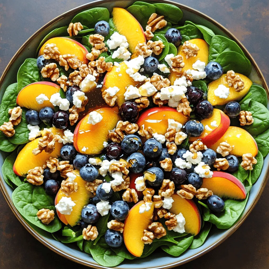 - 2 cups fresh baby spinach - 1 peach, sliced - 1 cup fresh blueberries The key to this salad's freshness lies in the produce. Start with baby spinach. It adds a soft, leafy base. Next, slice a ripe peach. The juicy sweetness of peaches enhances the flavor. Add a cup of fresh blueberries. Their slight tartness balances the sweetness of the peach. - 1/2 cup crumbled feta cheese - 1/4 cup chopped walnuts (toasted) The feta cheese brings creaminess to the salad. It adds a salty kick that pairs well with the fruit. Toasted walnuts add crunch. Their nutty flavor complements the sweetness of the fruits. - 2 tablespoons honey - 1 tablespoon balsamic vinegar - 1 tablespoon olive oil - Salt and pepper to taste The dressing ties everything together. Use honey for sweetness. Balsamic vinegar adds tang. Olive oil brings richness. Don't forget salt and pepper! They enhance all the flavors. For the full recipe, refer to the Blueberry Peach Feta Salad section above. To start, gather your fresh ingredients. In a large salad bowl, combine: - 2 cups fresh baby spinach - 1 peach, sliced - 1 cup fresh blueberries Mix these vibrant ingredients with care. The spinach gives a nice, crunchy base. The peaches add sweetness, while the blueberries bring a burst of flavor. Next, sprinkle on the feta cheese and walnuts. Use: - 1/2 cup crumbled feta cheese - 1/4 cup chopped walnuts (toasted) The feta adds creaminess, and the walnuts give a nice crunch. This combo makes your salad special and tasty. Now it’s time to make the dressing. In a small bowl, whisk together: - 2 tablespoons honey - 1 tablespoon balsamic vinegar - 1 tablespoon olive oil - Salt and pepper to taste Whisk until the mixture is smooth. This dressing ties everything together with its sweet and tangy flavor. Taste the dressing and adjust it to your liking. If you want it sweeter, add more honey. If you like it tangy, drizzle in more vinegar. Now, drizzle the dressing over your salad. Gently toss the salad to make sure the dressing coats all the ingredients. Make sure to present your salad nicely. Place it in a large bowl or individual plates. Add a few extra blueberries and walnuts on top for a beautiful finish. Enjoy your fresh, flavorful Blueberry Peach Feta Salad! For more details, check the Full Recipe. Choosing Ripe Peaches Look for peaches that feel soft but not mushy. The skin should be smooth and fragrant. A ripe peach will have a sweet scent. If you find hard peaches, let them ripen at room temperature for a few days. Freshness of Spinach and Berries Always pick fresh baby spinach and berries. Spinach leaves should be vibrant and crisp. Check berries for any signs of mold or squishy spots. Fresh berries should be firm and bright in color. Serving Suggestions and Plates Use a wide, shallow bowl to show off the salad’s colors. A white plate makes the salad pop. You can also serve it on a rustic wooden board for a casual look. This adds charm and style to your table. Garnishing for Visual Appeal Add a sprinkle of extra feta and walnuts on top. Toss in some fresh mint leaves for a splash of green. A drizzle of honey can add shine and make the dish look even more appetizing. Customizing the Dressing You can tweak the dressing to fit your taste. If you want it sweeter, add more honey. For a tangy kick, increase the balsamic vinegar. Mix and match until you find your perfect balance. Substituting Ingredients Feel free to swap ingredients based on what you have. Try arugula instead of spinach for a peppery flavor. You can use goat cheese instead of feta for a creamier texture. This salad is flexible and fun to make! For the full recipe, check out the Blueberry Peach Feta Salad details! {{image_2}} Adding Seasonal Fruits You can change this salad with fresh fruits. In summer, try adding strawberries or raspberries. In fall, consider apples or pears. These fruits add a fun twist and keep things fresh. Incorporating Other Greens While baby spinach is great, you can also use arugula or kale. These greens add a different flavor. They also bring health benefits. Mixing greens can make your salad more exciting. Making it Vegan To make this salad vegan, skip the feta cheese. You can use a plant-based cheese instead. A creamy cashew cheese works well. You can also add avocado for creaminess and flavor. Gluten-Free Options This salad is gluten-free as is. Just double-check your feta cheese and dressings. Some brands may add gluten. Always read labels to be safe. Adding Herbs (like Mint or Basil) Fresh herbs can make your salad pop. Mint gives a bright touch, while basil adds depth. Just sprinkle some on top before serving. It’s a simple way to boost flavor. Incorporating Other Cheeses If you like different cheeses, try goat cheese or blue cheese. These will alter the taste and texture. Experimenting with cheese can lead to new favorites. You can find your perfect match with just a small change. For the full recipe, refer to the Blueberry Peach Feta Salad. - Storing Leftovers: After enjoying your Blueberry Peach Feta Salad, store leftovers in a sealed container. This keeps the salad fresh and tasty. If you have leftover dressing, keep it separate to avoid soggy greens. - Keeping Ingredients Fresh: To keep ingredients fresh, always wash and dry your spinach and fruits before storing. Keep peaches at room temperature until ripe, then store them in the fridge. This helps maintain their sweetness. - Prepping Ingredients Ahead: Wash and slice your peaches and berries in advance. Store them in airtight containers. You can also crumble the feta and toast the walnuts for easy use later. - Assembling the Salad For Later: If you want to prepare the salad ahead of time, layer the spinach, peaches, and blueberries in a container. Keep the feta and walnuts on top to prevent them from getting soggy. Add dressing right before serving. - How Long it Lasts in the Fridge: Your salad stays fresh in the fridge for up to three days. After that, the flavors may change, and the greens can wilt. - Signs of Spoilage: Check for slimy greens or off smells. If the salad looks brown or mushy, it's time to toss it. Always trust your senses when it comes to freshness. Yes, you can make this salad ahead of time. To keep it fresh, follow these best practices. - Prepare the salad base without dressing. - Store the salad in an airtight container. - Keep the feta cheese and walnuts separate until serving. - Add the dressing just before you eat. This method keeps everything crisp and tasty. If you don't have feta, there are great alternatives. - Goat cheese offers a similar tangy flavor. - Ricotta cheese provides a creamy texture. - Cotija cheese gives a crumbly style. Each option adds its own unique taste to the salad. Absolutely! This salad is perfect for summer parties. - It is light and refreshing. - The colors are bright and inviting. - It pairs well with grilled meats and seafood. Your guests will love the mix of flavors. To turn this salad into a full meal, add protein. - Grilled chicken or shrimp works well. - Chickpeas or black beans add plant-based protein. - Quinoa or farro offers a hearty touch. These additions make the salad filling and satisfying. This blog post detailed how to make a fresh salad with vibrant ingredients. We started with fresh produce like spinach, peaches, and blueberries. Then, we added feta cheese and walnuts for crunch. The dressing, made of honey, balsamic vinegar, and olive oil, tied it all together. You can personalize this salad with different fruits or dressings. Remember to store leftovers properly for the best taste. With simple steps and smart tips, you can enjoy a delicious, healthy salad anytime.