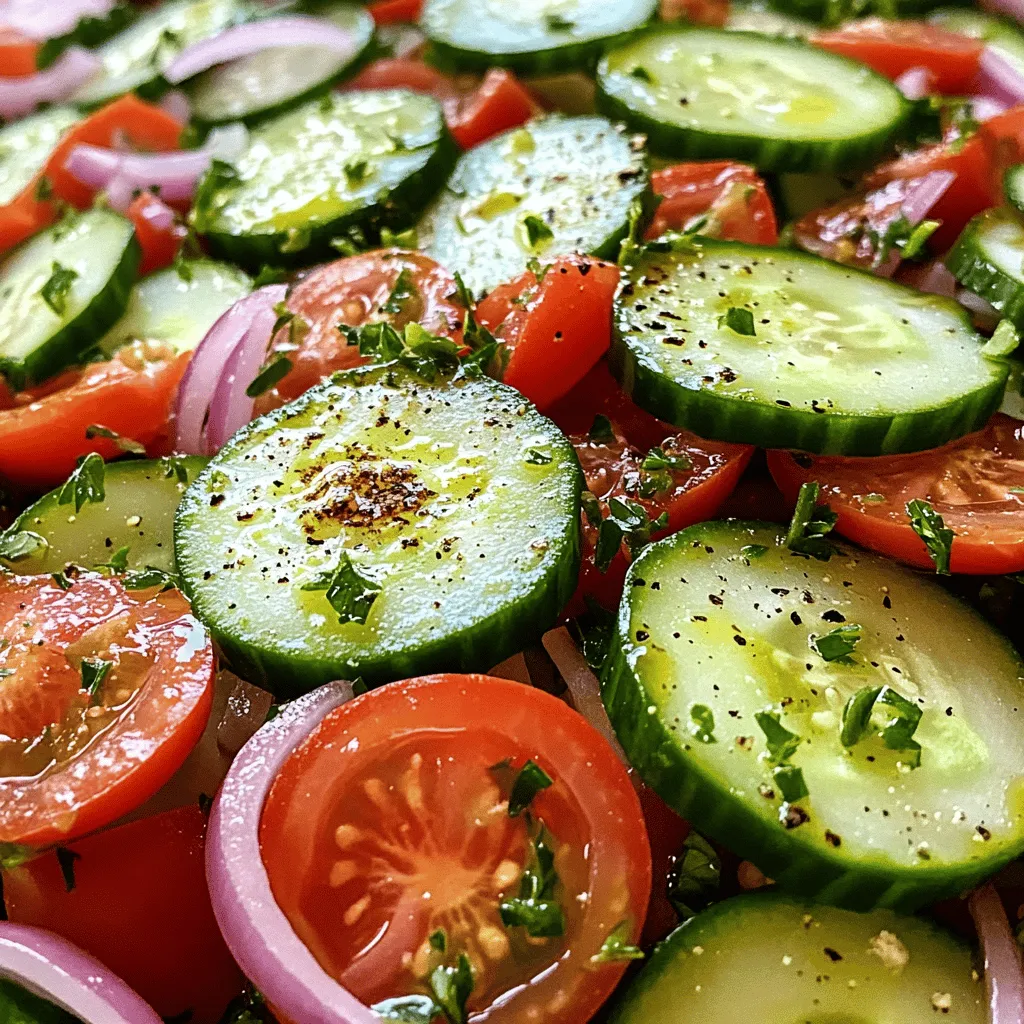 - Cucumbers - Tomatoes - Red Onion - Apple cider vinegar - Olive oil - Honey - Spices - Fresh parsley - Additional seasonings To create this bright and fresh dish, you need some simple ingredients. Start with cucumbers. They add a nice crunch. For sweetness, use ripe tomatoes. The red onion brings a strong flavor that pairs well with the other veggies. For the dressing, apple cider vinegar gives a tangy taste. Olive oil adds richness. Honey balances the acidity and brings a hint of sweetness. A mix of spices, like garlic and oregano, makes the dish pop. You can also add some fresh parsley on top. It gives a burst of color and extra flavor. If you like more spice, feel free to add your favorite seasonings. To get the full recipe, check out the Crisp & Zesty Cucumber Tomato Medley. It's a quick and tasty way to enjoy fresh vegetables! - How to slice cucumbers and onions: Start with the cucumbers. Wash them well. Cut off both ends. Slice them thinly. Aim for about 1/8 inch thick. This helps them soak up the marinade. Now, take the red onion. Peel it first. Cut it in half, then slice thinly. You want pieces that are easy to mix in. - Preparing the tomatoes: For the tomatoes, wash them too. Cut them into quarters, then dice them into small pieces. This size works well with the cucumbers and onions. Make sure they are ripe for the best taste. - Mixing liquid ingredients: In a small bowl, combine apple cider vinegar, olive oil, and honey. Use a whisk to blend them well. This mix helps bring out the flavor of the veggies. - Incorporating seasonings: Next, add granulated garlic, dried oregano, salt, and pepper. Whisk again until everything is smooth. This will be the tangy and sweet dressing for your salad. - Tossing vegetables and marinade: In a large mixing bowl, add your sliced cucumbers, diced tomatoes, and red onions. Pour the marinade over them. Use a spoon to toss everything gently. Make sure all the veggies are coated. - Covering and refrigerating: Cover the bowl with plastic wrap or use an airtight container. Place it in the fridge for at least 30 minutes. This lets the flavors mix well. When you’re ready to eat, give it another toss. Enjoy your marinated cucumbers, onions, and tomatoes delight! For the full recipe, check out the details above. To boost the taste of your marinated cucumbers, onions, and tomatoes, I suggest a few simple changes. You can add some crushed red pepper for heat or fresh herbs like dill for a fresh twist. If you like it sweet, increase the honey to suit your taste. Marinate the veggies for at least 30 minutes, but letting them sit for 2 hours makes them even better! The longer they sit, the more the flavors blend. One mistake I see often is over-marinating. If you leave the veggies too long, they can become mushy. Aim for a balance between flavor and texture. Also, slicing is key! Make sure to cut cucumbers and onions thinly. Thick slices won't absorb the marinade well, and they can taste bland. This vibrant dish pairs well with grilled meats like chicken or fish. It can also brighten up a sandwich or taco. You can serve it as a side at a picnic or barbecue. The fresh flavors of the marinated cucumbers, onions, and tomatoes are a perfect match for summer meals. Try it alongside a hearty grain salad for a colorful plate. You can find the full recipe for this delightful dish to make it at home! {{image_2}} You can swap some veggies to change the taste. Try adding bell peppers for crunch. Radishes give a nice kick. Carrots can add sweetness. Use what you love! You can also switch the vinegar. Rice vinegar is mild and sweet. Balsamic vinegar adds depth and richness. Each type brings its own twist to the dish. In summer, this dish bursts with flavor. Use fresh herbs like basil or mint. They add a bright touch that pairs well with the veggies. You can also toss in some juicy summer squash for extra color. In fall, consider adding roasted pumpkin or sweet potatoes. These will make your dish warm and filling. The changing seasons give you chances to try new things. This recipe is easy to make vegan. Just skip honey or use maple syrup instead. This keeps it sweet without animal products. If you want a low-sugar version, leave out the honey. You can use a sugar substitute if you prefer. This way, you can enjoy the dish without added sugar. For the full recipe, check out the Crisp & Zesty Cucumber Tomato Medley section. To keep your marinated cucumbers, onions, and tomatoes fresh, store them in the fridge. Use an airtight container. This helps keep the flavors strong. If you have leftovers, eat them within three days for the best taste. You can freeze them, but the texture may change. If you do freeze, use a freezer-safe container. In the fridge, the marinated veggies last about three to five days. After that, they may start to lose flavor. Look for signs of spoilage. If you see any mold or the veggies smell off, it’s best to throw them away. Always trust your senses! Don’t toss the leftover marinade! You can use it for other dishes. Try drizzling it over grilled meats or as a salad dressing. It gives extra flavor to many meals. To keep it fresh, store any leftover marinade in a clean jar in the fridge. Use it within a week for the best taste. For the full recipe, check out the Crisp & Zesty Cucumber Tomato Medley. To enhance the flavor, try adding spices like cumin or dill. You can also mix in a pinch of red pepper flakes for some heat. Fresh herbs like basil or cilantro add brightness. Taste the marinade and adjust salt or vinegar to suit your preference. Yes, you can prepare this dish in advance. It tastes even better after sitting for a while. Make it up to two days ahead of time. Just store it in the fridge in an airtight container. This allows the flavors to meld and develop. You can swap out cucumbers for zucchini or bell peppers. Cherry tomatoes work great instead of larger ones. For a sweeter twist, add diced bell peppers. You can also try a different vinegar, like balsamic or rice vinegar, for a unique taste. It's best to eat marinated vegetables within a week. After that, the texture may change. If they smell off or look slimy, it's time to toss them. Always trust your senses when checking for freshness. This recipe for marinated cucumbers, onions, and tomatoes is simple and fun. We covered the ingredients, instructions, and tips that make this dish great. Remember to experiment with flavors and variations. This salad can fit any meal or season. Enjoy your creation, and don’t be afraid to make it your own. Fresh, tasty, and healthy food like this can brighten any table. Dive into the world of marinated veggies today!